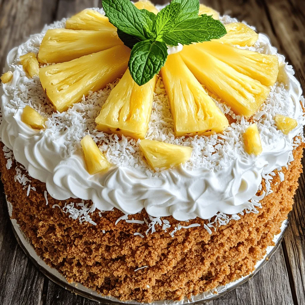 To make the Pineapple Heaven Cake, you will need a few key ingredients. Each one plays a special role in creating this delightful treat. Here’s what you should gather: - 1 cup all-purpose flour - 1 cup granulated sugar - 1 teaspoon baking powder - 1/2 teaspoon baking soda - 1/4 teaspoon salt - 1/2 cup unsalted butter, softened - 2 large eggs - 1 teaspoon vanilla extract - 1/2 cup crushed pineapple, drained - 1/2 cup sour cream - 1/2 cup shredded coconut - 1 cup whipped cream (for frosting) - Fresh pineapple slices (for decoration) - Mint leaves (for garnish) These ingredients create a moist and flavorful cake. The crushed pineapple adds sweetness and moisture. The coconut gives it a tropical twist. The whipped cream is perfect for topping. Don't forget the mint leaves for a fresh touch! For the full recipe, check out the section later on. 1. First, preheat your oven to 350°F (175°C). This helps the cake bake evenly. 2. Next, grease and flour an 8-inch round cake pan. This step stops the cake from sticking. 1. In a medium bowl, mix the dry ingredients. Use flour, baking powder, baking soda, and salt. 2. In a large bowl, cream the softened butter and sugar together. Beat until light and fluffy. This takes about 3-4 minutes. 3. Add the eggs one at a time. Mix well after each egg. Then, add the vanilla extract. 1. Gradually add the dry ingredients to the butter mixture. Alternate with sour cream. Mix until just combined. 2. Gently fold in the crushed pineapple and shredded coconut. This adds great flavor and texture. 3. Pour the batter into the prepared cake pan. Smooth the top with a spatula for an even bake. 1. Bake in the preheated oven for 25-30 minutes. Check for doneness with a toothpick. It should come out clean. 2. Allow the cake to cool in the pan for 10 minutes. This helps it set before moving. For the full recipe, refer to the complete instructions earlier. Enjoy your baking! - Ensuring accurate measurements: Use a kitchen scale for best results. If you use cups, spoon flour into the cup and level it with a knife. Avoid packing the flour down. This keeps your cake light and fluffy. - Avoiding over-mixing of the batter: Mix just until all the ingredients blend. Over-mixing can make the cake dense. Gently fold in pineapple and coconut to keep it airy. - Best practices for whipped cream frosting: Chill your mixing bowl and beaters before whipping cream. This helps it whip up faster. Use heavy cream for better texture and stability. - How to apply frosting smoothly: Start at the center of the cake and spread outward. Use a spatula to create smooth edges. Don’t rush; take your time for a nice finish. - Optimal storage methods: Store your cake in an airtight container in the fridge. This keeps it fresh for up to a week. If you need to store longer, wrap it well in plastic wrap and freeze it. - Ideas for serving and garnish placement: Serve slices with a dollop of whipped cream. Place fresh pineapple slices on top for color. Add mint leaves for a pop of green. This makes your cake look pretty and inviting. For the full recipe, check out Pineapple Heaven Cake . {{image_2}} You can make a vegan version of Pineapple Heaven Cake. For this, replace the eggs with flaxseed meal. Mix 1 tablespoon of flaxseed meal with 2.5 tablespoons of water. Let it sit for five minutes until it thickens. For dairy, use almond milk or coconut yogurt instead of sour cream. You can use vegan butter for a rich taste. These swaps keep the cake moist and delicious. If you need a gluten-free cake, use gluten-free flour blends. Look for a blend that has xanthan gum. This helps the cake rise and hold its shape. You can also try almond flour for a nutty flavor. Just remember, each flour behaves differently, so check your baking time. Get creative with flavor! Add diced mango or banana for a fruity twist. You can also mix in spices like cinnamon for warmth. For a tropical touch, try adding lime zest. Each of these choices brings a new taste to the cake, making it your own. To keep your Pineapple Heaven Cake fresh, refrigerate it. Place it in an airtight container. This will help maintain its moisture and flavor. It’s best to store the cake within two hours of baking. The cake can last for about 3 to 5 days in the fridge. If you frost the cake, keep it covered to prevent the whipped cream from drying out. For longer storage, you can freeze your cake. First, wrap it tightly in plastic wrap. Then, place it in a freezer-safe bag or container. This method helps prevent freezer burn. The Pineapple Heaven Cake can last up to three months in the freezer. When you’re ready to enjoy it, thaw it overnight in the fridge before serving. To reheat your Pineapple Heaven Cake, you have a couple of options. You can use the microwave or the oven. For the microwave, place a slice on a plate and heat for about 10-15 seconds. If using the oven, preheat it to 350°F (175°C), then warm the cake for about 10 minutes. This will keep the cake moist and delicious. Remember to check that it’s warm throughout before serving. Pineapple Heaven Cake is a moist and sweet dessert. It combines cake, pineapple, and coconut. The cake uses crushed pineapple mixed into the batter. Topped with whipped cream, it looks like a tropical treat. This cake is perfect for summer parties or family gatherings. You can find the full recipe above. To make this cake less sweet, reduce the sugar. You can cut the sugar by 1/4 cup. This will still keep the cake moist. You can also use unsweetened coconut for less sugar. Another option is to add more pineapple. The fruit adds natural sweetness and keeps the cake tasty. Yes, you can use fresh pineapple. Fresh pineapple gives a bright flavor. It also adds a nice texture. However, fresh pineapple needs more prep. You must peel, core, and chop it before using. Canned pineapple is easier and saves time. Just remember to drain it well to avoid extra juice. Pineapple Heaven Cake lasts for about 3-4 days in the fridge. Store it in an airtight container. This keeps it fresh and moist. If you want to keep it longer, you can freeze it. Wrapped well, it can last up to 3 months in the freezer. Just thaw in the fridge before serving. If you need a substitute for sour cream, try plain yogurt. Greek yogurt works well too. Both options provide a similar creaminess. You can also use a mixture of milk and vinegar. Mix 1/2 cup of milk with 1 tablespoon of vinegar. Let it sit for a few minutes before using. This blog post covered the delightful Pineapple Heaven Cake, from ingredients to baking tips. You learned how to prepare the batter, bake the cake, and store it well. Don’t forget to try different variations, like vegan or gluten-free options. With these steps, you'll create a cake that impresses everyone. Remember, baking is not just about following a recipe; it’s about having fun and being creative. Enjoy your baking adventure!
