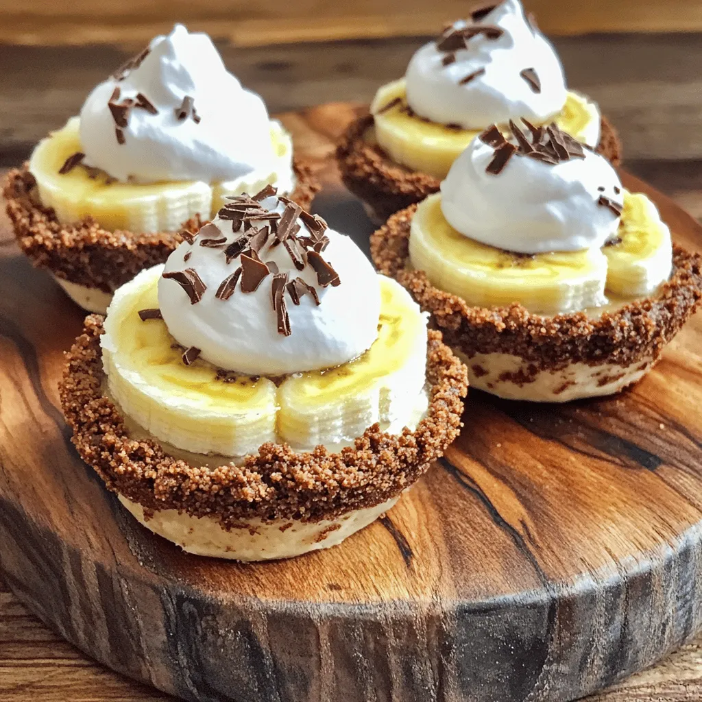 To make No-Bake Mini Banana Cream Pies, gather these items: - 1 cup graham cracker crumbs - 1/4 cup unsweetened cocoa powder - 1/4 cup granulated sugar - 1/2 cup unsalted butter, melted - 2 ripe bananas, sliced - 1 box (3.4 oz) instant vanilla pudding mix - 2 cups cold milk - 1 teaspoon vanilla extract - 1 cup whipped cream (store-bought or homemade) - Chocolate shavings or additional banana slices for garnish Each ingredient plays an important role. The graham cracker crumbs form a crunchy base. Cocoa powder gives the crust a rich flavor. Bananas add sweetness, while the pudding mix creates a creamy filling. You can change some ingredients if needed: - Use crushed digestive biscuits instead of graham crackers for a different base. - Swap cocoa powder for ground cinnamon to change the flavor. - If you’re out of bananas, try ripe strawberries or peaches for a fruity twist. - For a dairy-free option, use almond milk in the pudding mix and coconut cream instead of whipped cream. These swaps keep the taste fresh and fun. Don't be afraid to experiment! To make these mini pies, gather your tools: - Mixing bowls - Whisk - Mini tart pans or muffin cups - Spoon or spatula for spreading - Refrigerator for chilling Having the right tools makes the process smoother. You’ll enjoy creating these tasty treats! For the full recipe, refer to the earlier sections. To make the crust, you need just a few steps. First, gather your ingredients. In a medium bowl, mix together the graham cracker crumbs, cocoa powder, and sugar. Pour in the melted butter and stir until it looks like wet sand. This mix should hold together when you squeeze it. Next, take mini tart pans or muffin cups. Press the crumb mix firmly into the bottom and up the sides. This forms your crust. Chill these in the fridge for 10-15 minutes. This helps the crust set nicely. While the crust chills, let’s make the pudding. In a clean medium bowl, whisk together the instant vanilla pudding mix and cold milk. Add the vanilla extract. Whisk this mix for about 2 minutes. It should thicken up nicely. Once thickened, gently fold in half of the whipped cream. Be careful not to deflate it. You want a light, fluffy mix that adds creaminess to your pies. Now, it’s time to assemble! First, pull out your chilled crusts. Start by placing a layer of banana slices at the bottom of each crust. This adds a fresh flavor. Next, spoon the pudding mixture over the bananas. Make sure to spread it evenly. Finally, dollop the remaining whipped cream on top. For a fun touch, add chocolate shavings or extra banana slices as a garnish. Chill these mini pies for at least 1 hour. This time lets the flavors blend beautifully. Check out the Full Recipe for all the details! To make the best crust, use fresh graham cracker crumbs. I like to crush the crackers myself for a better texture. Mix the crumbs with cocoa powder and sugar in a bowl. Then, pour in the melted butter. This step is key. You want the mix to feel like wet sand. Press it firmly into your tart pans. This makes a strong base. Chill the crusts for 10-15 minutes. This helps them hold shape when you fill them. For creamy pudding, use cold milk. This really helps the pudding set well. Whisk the pudding mix and milk together for about two minutes. You want it to thicken nicely. After that, gently fold in half of the whipped cream. This adds air and makes it light. Be careful not to over-mix. You want a nice, fluffy texture. If it feels too thick, add a splash of milk to loosen it up. When serving these mini pies, chill them first. Cold desserts taste better, especially in warm weather. Arrange them on a pretty platter to impress your guests. You can garnish with chocolate shavings or banana slices. I like to drizzle a bit of chocolate sauce on the plate. It looks fancy and tastes great. For the best flavor, serve them chilled and enjoy! For the full recipe, check out the detailed steps above. {{image_2}} You can easily turn these mini pies into a chocolate delight. Just add cocoa powder to the crust. Mix in 1/4 cup of unsweetened cocoa powder with the graham cracker crumbs. You can also use chocolate pudding instead of vanilla. This gives the pies a rich, creamy texture. Top with chocolate shavings for a fancy touch. Feel free to get creative with fruits. You can swap bananas for strawberries, blueberries, or peaches. Each fruit brings its own flavor. You can also add a splash of almond or coconut extract for an extra twist. This makes the dessert fun and exciting. Try different combinations and find your favorite! You can make these pies gluten-free easily. Use gluten-free graham crackers or ground almonds for the crust. For the pudding, choose a dairy-free milk like almond or soy. You can also find dairy-free whipped cream at stores. These swaps make the pies suitable for various diets while keeping them tasty. For the full recipe, check out the detailed steps to create these delightful treats. To store leftover mini banana cream pies, place them in an airtight container. This keeps them fresh and tasty. If you stack the pies, put parchment paper between layers to avoid sticking. Store the container in the fridge for up to three days. The pies taste best when eaten fresh, but they can last a bit longer. You can freeze these mini pies if you want to save them for later. First, let the pies chill in the fridge for about an hour. After that, wrap each pie in plastic wrap tightly. Then, place them in a freezer-safe bag or container. They can stay in the freezer for up to two months. To enjoy, thaw them in the fridge overnight before serving. These mini pies taste great chilled, so you don’t need to reheat them. Just take them out of the fridge or freezer and serve. If you like, add some fresh banana slices or chocolate shavings on top. This adds a nice look and extra flavor. Enjoy your tasty treat! For the full recipe, check out the details provided. Yes, you can make these mini pies ahead of time. In fact, they taste better after chilling. I like to prepare them the day before. Just store them in the fridge. This gives the flavors time to blend. If you want to swap out bananas, try using berries. Strawberries or blueberries work well. You can also use peaches or mangoes for a tropical twist. Just slice them thinly and layer them in the crust. You can keep these mini pies in the fridge for up to three days. Make sure they are covered to stay fresh. After three days, the crust may get soggy. Enjoy them chilled for the best taste! For the full recipe, check out the instructions above. We covered all the key steps for making No-Bake Mini Banana Cream Pies. You learned about the right ingredients, substitutions, and essential tools. I shared easy, step-by-step instructions from crust to assembly. With tips for perfect crusts and pudding, you'll impress your guests. Don’t forget the fun variations or storage tips. These mini pies are tasty and adaptable. Whether for a party or a treat, they’re sure to please. Enjoy making and sharing this delicious dessert with others.