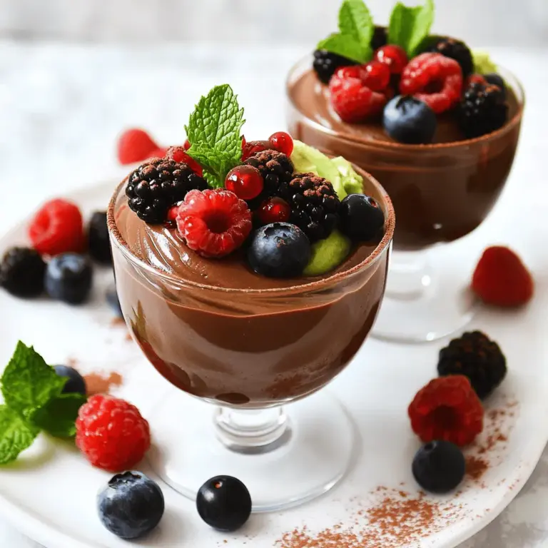 To make this rich and creamy dessert, gather these items: - 2 ripe avocados - 1/2 cup unsweetened cocoa powder - 1/3 cup honey or maple syrup (adjust to taste) - 1/4 cup almond milk (or any milk of choice) - 1 teaspoon vanilla extract - A pinch of sea salt - Fresh berries and mint leaves for garnish You can swap ingredients based on your needs. If you can't find ripe avocados, look for smooth ones with no brown spots. You can also use any milk, like oat or soy milk. For a sweeter taste, use agave syrup instead of honey. If you want a sugar-free option, try using a sugar substitute. When picking avocados, look for ones that feel slightly soft when you press them gently. A ripe avocado has a dark green skin. Avoid any with deep dents or brown spots. If you buy hard avocados, let them ripen on the counter. Once they are soft, store them in the fridge to keep them fresh longer. To start, cut the avocados in half. Remove the pit and scoop the flesh into a blender. This is where the magic begins! Next, add the cocoa powder, honey or maple syrup, and almond milk. Then, toss in the vanilla extract and a pinch of sea salt. Blend all these ingredients on high speed. You want a smooth and creamy texture. If the mixture looks thick, add a bit more milk. Once it’s well blended, transfer the mousse into serving bowls or glasses. While blending, make sure to scrape down the sides of the blender. This step helps mix all the ingredients evenly. If you notice lumps, keep blending! The goal is a silky texture. For a richer taste, let the mousse chill in the fridge for at least 30 minutes. Chilling allows the flavors to blend and enhances the mousse’s creaminess. When serving, consider topping the mousse with fresh berries and mint leaves. These add color and freshness. You can also use dark chocolate shavings for a fancy touch. Serve the mousse in clear glasses to show off its rich color. This dessert is perfect for any occasion, from a casual family dinner to a special celebration. Now, you’re ready to enjoy this easy and tasty treat! Check out the Full Recipe for more details. To make a smooth mousse, start with ripe avocados. Firm avocados will not blend well. Cut the avocados in half and scoop out the flesh. Use a high-speed blender for the best texture. Blend the ingredients until creamy and smooth. If needed, scrape down the sides to mix well. Chill the mousse for at least 30 minutes before serving. This helps the flavors mix and the mousse to set. One common mistake is adding too much cocoa powder. This can make the mousse bitter. If you want it sweeter, adjust the honey or maple syrup. Another mistake is not blending long enough. You want a silky texture, not lumps. Also, avoid using cold ingredients straight from the fridge. Bring them to room temperature for the best blend. To enhance flavor, try adding a touch of espresso powder. It deepens the chocolate taste. You can also mix in a splash of orange juice for a bright note. For a richer texture, add a bit more almond milk. Top with fresh berries or nuts for crunch. Mint leaves can add a fresh touch and look nice too. Check out the Full Recipe for more details on making this delicious dessert. {{image_2}} You can easily make this dessert dairy-free and vegan. Simply use almond milk or coconut milk. Replace honey with maple syrup for sweetness. This keeps the mousse creamy and rich without any dairy. Want to switch up the flavor? Try adding mint extract for a refreshing twist. You can also mix in orange zest for a bright, citrusy kick. These small changes make this mousse fun and exciting for any occasion. Garnishes add a nice touch to the mousse. Instead of berries, you can use chopped nuts for crunch. Shredded coconut or dark chocolate shavings also work well. A sprig of mint on top looks pretty and adds flavor too. To store leftover mousse, place it in an airtight container. Make sure the lid fits tightly. This keeps the mousse fresh and prevents it from absorbing odors. You can also cover it with plastic wrap. Press the wrap directly onto the mousse surface. This helps avoid browning from air exposure. Chocolate avocado mousse lasts about 3 to 5 days in the fridge. After this time, the texture may change. The avocado may start to brown, affecting taste. To enjoy it at its best, eat it within this time frame. Always check for any off smell or visible changes before eating. You can freeze chocolate avocado mousse for up to a month. First, scoop the mousse into freezer-safe containers. Leave space at the top as it may expand. Seal the containers tightly. When you’re ready to enjoy it, let it thaw in the fridge overnight. Mix well before serving to restore its creamy texture. For the full recipe, refer to the previous section. Yes, you can! You can use honey, maple syrup, or agave nectar. Each sweetener adds a different taste. If you prefer no sugar, try stevia or erythritol. Adjust the amount based on your taste. I often switch sweeteners to find the best flavor for my mood or diet. This dessert is much healthier! Traditional mousse uses heavy cream and sugar. Our mousse uses ripe avocados, which are full of healthy fats. The cocoa powder adds antioxidants. This dessert has fewer calories and more nutrients. You can enjoy a rich flavor without the guilt. This mousse fits many occasions! Serve it at birthday parties, family dinners, or casual get-togethers. It’s perfect for a nice date night or a sweet treat after dinner. You can even surprise friends with a healthy dessert at your next potluck. For the full recipe, check out the details above! You learned how to make delicious chocolate avocado mousse. I covered ingredients, tips, and variations. Follow my advice for creamy results every time. Remember to select fresh avocados for the best taste. Feel free to explore different flavors and garnishes. This dessert is fun and simple for any occasion, whether it’s a party or a treat for yourself. Enjoy your mousse and the smiles it brings!