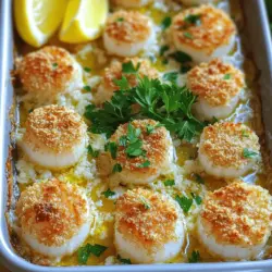 To make Garlic Butter Baked Scallops, you need just a few key items. Here’s what you will need: - 1 pound sea scallops, cleaned and patted dry - 4 tablespoons unsalted butter, melted - 4 cloves garlic, minced - 1 tablespoon fresh lemon juice - 1/4 teaspoon red pepper flakes (adjust for spice level) - Salt and pepper to taste - 1/4 cup breadcrumbs (preferably panko for extra crunch) - 2 tablespoons fresh parsley, chopped (for garnish) - Lemon wedges (for serving) These ingredients come together to create a dish that is both flavorful and easy to prepare. The scallops are sweet and tender, and the garlic butter adds a rich taste. While the main dish shines on its own, you can enhance it with some tasty extras. Consider these options: - Fresh herbs like thyme or basil can add a nice touch. - A sprinkle of grated Parmesan cheese for a savory twist. - A light salad or steamed vegetables on the side for balance. These garnishes can elevate your dish and impress your guests. If you don’t have all the ingredients, don't worry! Here are some easy swaps: - Use olive oil instead of butter for a lighter version. - If you lack fresh lemon juice, bottled lemon juice works too. - For those who need gluten-free options, choose gluten-free breadcrumbs. These adjustments keep the dish aligned with your tastes or dietary needs while still keeping it delicious. For the full recipe, check the detailed instructions. Start by cleaning your scallops. Rinse them gently in cold water. Pat them dry with a paper towel. This step is key. Removing extra moisture helps them bake evenly. Place the scallops in a shallow baking dish. This way, they cook evenly and stay juicy. Now, let’s make the garlic butter sauce. In a small bowl, combine melted butter and minced garlic. Add fresh lemon juice, red pepper flakes, salt, and pepper. Mix it well. This sauce is where the magic happens. The garlic adds flavor, while lemon gives it a fresh touch. Adjust the spice level to your taste. If you like it spicy, add more red pepper flakes. Time to bake! Preheat your oven to 400°F (200°C). Spoon the garlic butter sauce evenly over the scallops. Make sure each one is well coated. This ensures full flavor in each bite. Next, sprinkle the breadcrumbs on top. This gives a nice crunchy texture. Bake for about 12-15 minutes. The scallops should be opaque, and the breadcrumbs golden brown. Once done, take them out and let them cool for a minute. Garnish with fresh parsley before serving. You can serve them with lemon wedges for an extra zesty kick. For the full recipe, check out the earlier section. When picking scallops, look for a few key signs. First, they should smell like the ocean, not fishy. Next, they should be firm to the touch. Choose scallops that are creamy white or slightly translucent. Avoid any that have dark spots or look dry. Fresh scallops will have a slight sheen. Ask your fishmonger about the catch of the day for the best quality. To get that perfect crunch on your baked scallops, use panko breadcrumbs. They give a light and crispy texture. After coating the scallops with garlic butter, sprinkle the breadcrumbs generously. Bake them until golden brown, about 12-15 minutes. You can also broil them for the last minute to add extra crispness. Keep an eye on them to prevent burning. These scallops shine when served with fresh lemon wedges. The acidity of the lemon brightens the flavors. Pair them with a light salad for a complete meal. A side of garlic bread works well, too. For a touch of elegance, serve them on a bed of risotto or creamy polenta. These options enhance the dish without overpowering it. For the full recipe, check out the detailed instructions above. {{image_2}} You can change the flavor of your garlic butter baked scallops easily. Try adding fresh herbs like thyme or basil. These herbs give a bright taste. You might also add different spices. A dash of paprika or cayenne can bring heat. If you prefer a touch of sweetness, consider mixing in a bit of honey. Each change makes the dish your own! If you need to make the dish gluten-free, use gluten-free breadcrumbs. They work just as well and add crunch. You can also swap out the butter for olive oil if you want a dairy-free version. This gives the scallops a rich, smooth taste. Make sure to check labels on all your ingredients for allergens. You can cook scallops in different ways too. Grilling adds a smoky flavor. Just ensure your grill is hot and use a grill basket to keep them from falling through. Broiling is another quick method that can give you a nice char. Position the scallops close to the heat source for a crispy top. Each method brings out unique flavors, so don’t hesitate to experiment! For the full recipe, check the detailed instructions above. Enjoy your cooking! To store leftover scallops, let them cool first. Place them in an airtight container. Make sure to cover them tightly. Store the container in the fridge. Leftover scallops stay fresh for up to two days. When you reheat scallops, do it gently. Preheat your oven to 350°F (175°C). Place the scallops in a baking dish. Add a little melted butter or a splash of water. Cover the dish with foil. Bake for about 10 minutes. This keeps them moist and tasty. You can freeze scallops if you have extra. First, cool them completely. Wrap them well in plastic wrap. Then place them in a freezer bag. Remove as much air as possible. Frozen scallops are best used within three months. To use them, thaw in the fridge overnight. Avoid refreezing them after thawing to keep the best flavor. For a full recipe, check out Garlic Butter Baked Scallops. Yes, you can prep the scallops in advance. Follow all steps up to baking. Cover the dish with plastic wrap and store it in the fridge. Bake them right before serving. This keeps them fresh and full of flavor. Scallops turn opaque when they cook. They should be white and firm, not rubbery. A good rule is to bake them for 12-15 minutes at 400°F. You can also check their internal temperature; it should reach 125°F. Garlic butter baked scallops pair well with many sides. Here are some tasty options: - A fresh green salad for crunch. - Creamy risotto for a rich taste. - Garlic bread to soak up the butter. - Roasted vegetables for added color and flavor. For a full recipe, check out the Garlic Butter Baked Scallops. We've explored the key ingredients for garlic butter baked scallops and their variations. You learned how to prepare and bake scallops to achieve that perfect crunch. We also discussed storing leftovers and answered common questions about this dish. Remember, cooking is about fun and flavor. Don’t be afraid to try new ingredients or cooking methods. With these tips, you can make a delicious meal that impresses everyone. Enjoy your time in the kitchen!