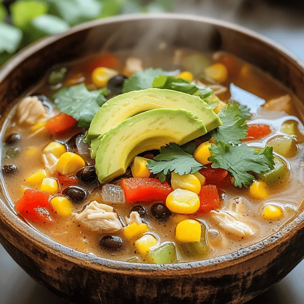 - Chicken: I use boneless, skinless chicken breasts. Dicing them helps them cook evenly. This type of chicken is lean and works well in soups. You can also use leftover chicken if you have some. - Beans: Black beans are my go-to. They add protein and fiber. You can also try pinto beans for a twist. Both options boost the soup's heartiness. - Vegetables: I like using red and yellow bell peppers. They add color and sweetness. Onions and garlic bring depth of flavor. Don't forget corn; it adds a nice crunch! - Essential spices for authenticity: Ground cumin, smoked paprika, and chili powder are key. They give the soup that Southwest flair. Cumin adds warmth, while paprika gives a smoky taste. - Adjusting spice levels to taste: If you like heat, add more chili powder. For a milder soup, use less. You can always start with small amounts and taste as you go. - Fresh herbs and their role in the recipe: Fresh cilantro is a must for garnish. It adds a burst of freshness. You can also try adding it to the soup while cooking for more flavor. Start by preparing the chicken and vegetables. Dice 1 pound of boneless, skinless chicken breasts into small pieces. This helps them cook evenly. Next, chop 1 medium onion, and mince 2 cloves of garlic. Dice 1 red bell pepper and 1 yellow bell pepper. These veggies add color and taste. When you have everything ready, it's time to cook. In a large pot, heat 1 tablespoon of olive oil over medium heat. This oil will help brown the chicken and enhance its flavor. Now, let’s brown the chicken for flavor. Add the diced chicken to the pot. Cook it for about 5-7 minutes, stirring often. You want it to turn golden brown all over. Once done, remove the chicken and set it aside. Next, sauté the onions and garlic for optimal texture. In the same pot, add the chopped onions and minced garlic. Cook them for 2-3 minutes. Wait until the onions look clear. This step builds a strong base for your soup. After that, add the red and yellow bell peppers. Cook them for an additional 4 minutes. They should be soft and vibrant. Now, it’s time to combine ingredients effectively. Return the cooked chicken to the pot. Then add 1 can of black beans (drained and rinsed), 1 can of corn (drained), and 1 can of diced tomatoes with green chilies. Pour in 4 cups of chicken broth. Season the mix with 2 teaspoons of ground cumin, 1 teaspoon of smoked paprika, 1 teaspoon of chili powder, and salt and pepper to taste. Stir everything to combine well. Bring the soup to a gentle boil. Once it starts bubbling, reduce the heat and let it simmer for 20-25 minutes. This simmering stage melds the flavors beautifully. Just before serving, add the juice of 1 lime. It gives the soup a fresh and zesty kick. Serve the soup in bowls and garnish with fresh cilantro and avocado slices. For the full recipe, you can refer back to the ingredients list. Enjoy! To get the best broth flavor, start with good quality chicken broth. I prefer low-sodium broth. This helps control the salt in your soup. Sauté your chicken in olive oil until it’s golden brown. This adds depth to your broth. When adding ingredients, timing matters. Sauté the onions and garlic first. This builds a strong base flavor. Then add the peppers for a bit of crunch. Finally, add the chicken and canned goods together. This lets all the flavors mix well. For the best accompaniments, serve your soup with warm tortillas or crusty bread. These pair well with the spicy soup. You can also add a dollop of sour cream for creaminess. A sprinkle of cheese gives a nice touch too. For creative garnishes, try fresh cilantro and lime wedges. They add brightness to the soup. Sliced avocado can make each bowl look fancy. It also adds a smooth texture. One common mistake is overcooking the chicken. This can make it dry and tough. Cook it just until it’s no longer pink, then remove it from the pot. Another mistake is under-seasoning the soup. Taste as you cook. Adjust the salt and spices to your liking. A well-seasoned soup makes all the difference. For the full recipe, check out the complete details to perfect your Southwest Chicken Soup! {{image_2}} If you want to switch up the chicken, try using turkey. It works well and tastes great. For a meatless option, use sautéed tofu or tempeh. Both add protein and texture. When it comes to beans, you can swap black beans for pinto or kidney beans. Each type offers a unique flavor. You can also mix in lentils for a different twist. This change can add more nutrition to your soup. Do you like your soup spicy? Add extra chili powder or jalapeños. This gives a kick that many love. If you prefer it mild, skip the spicy additions. You can also boost nutrition by adding more veggies. Toss in zucchini, carrots, or spinach. These will add flavor and color to your dish. They make the soup even more filling. Serve your Southwest Chicken Soup with sides for a hearty meal. A fresh salad or cornbread pairs well. You can also serve it with tortilla chips for a crunchy side. Another fun idea is to turn the soup into a loaded nacho topping. Just pour the soup over tortilla chips and add cheese, jalapeños, and cilantro. This makes for a fun twist on a classic dish. For the full recipe, check out the full recipe section. Southwest Chicken Soup lasts about 3 to 4 days in the fridge. Store it in airtight containers. Glass containers work best, as they keep the soup fresh and help avoid spills. To freeze, let the soup cool completely. Then, pour it into freezer-safe bags. Squeeze out as much air as you can; this helps keep the flavor strong. You can freeze it for up to 3 months. For thawing, move the soup from the freezer to the fridge overnight. To reheat, use a pot on the stove or a microwave. For reheating, warm the soup slowly over low heat. This keeps the flavors intact. Stir occasionally to ensure even heating. If the soup seems thick, add a splash of broth or water to adjust the texture. Enjoy your warm, tasty soup! To add some heat, use spices like cayenne or crushed red pepper. Start with 1/4 teaspoon and adjust based on your taste. You can also add fresh jalapeños for more heat. Remember to taste as you go! Yes! Using leftover chicken is a great time-saver. Just shred or chop it up. Add it during the last part of cooking. This keeps the chicken tender and full of flavor. Absolutely! This soup is packed with nutrients. It contains lean chicken, beans, and lots of veggies. A serving has about 300 calories. It’s a great option for a filling meal without too many calories. Cornbread or tortilla chips makes a great side. You can also top the soup with avocado, cheese, or sour cream. Fresh cilantro adds a nice touch too. Feel free to get creative with your toppings! The prep time is about 15 minutes. Cooking the soup takes around 25-30 minutes. So, the total time is about 45 minutes. This makes it a quick, tasty meal for busy days. For the full recipe, check out the above details! Southwest Chicken Soup is full of flavor and easy to make. We discussed key ingredients, cooking tips, and storage methods. My final thought: this soup is flexible and can fit various tastes. You can add beans, change spices, or even make it vegetarian. With these pointers, you can create a tasty meal for any occasion. Enjoy discovering your version of this warm, comforting dish!