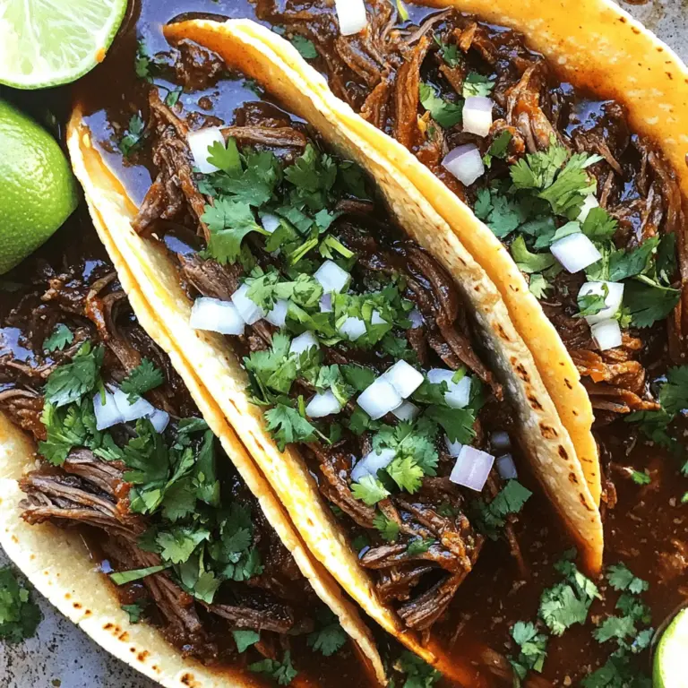 - 2 lbs beef chuck roast - 1 onion - 4 cloves garlic - Dried guajillo and pasilla peppers To start, you need the main ingredients for this dish. I use beef chuck roast for its rich flavor and tenderness. You’ll also want one onion and four cloves of garlic to build a solid base. The dried guajillo and pasilla peppers are key. They add depth and a warm kick to the broth. - Ground cumin, dried oregano, smoked paprika - Salt and black pepper Next, we have the spices. I add ground cumin for a warm earthiness. Dried oregano gives it a nice herbal touch. Smoked paprika brings a subtle smokiness. Don't forget the salt and black pepper to enhance all the flavors. - Corn tortillas - Chopped cilantro, diced onions, lime wedges Finally, let's talk about toppings. Warm corn tortillas are a must. They hold all the goodness inside. I like to top my tacos with chopped cilantro and diced onions for freshness. A squeeze of lime wedges adds a nice zing to each bite. For the full recipe and all the steps, check out the Full Recipe section. Toasting the peppers First, take your dried guajillo and pasilla peppers. You want to toast them in a dry skillet. Set the heat to medium. Toast the peppers for about 2 to 3 minutes. You will know they are ready when they smell fragrant. Be careful not to burn them, as this can give a bitter taste. Soaking the peppers Next, soak the toasted peppers in a bowl of hot water. Let them sit for around 15 minutes. This will help them soften. Once they are soft, drain the water and place the peppers in your blender. Combining ingredients in the blender In the blender, add the softened peppers. Also, add 4 cloves of minced garlic, 1 quartered onion, 1 tablespoon of ground cumin, 1 tablespoon of dried oregano, 1 teaspoon of smoked paprika, 1 teaspoon of salt, and 1/2 teaspoon of black pepper. Achieving a smooth consistency Pour in 1 cup of beef broth. Blend everything until you get a smooth sauce. This sauce is packed with flavor and will coat the beef nicely. Adding beef and sauce to the crock pot Take 2 pounds of beef chuck roast and cut it into large chunks. Place the beef chunks in your crock pot. Pour the blended sauce over the meat. Then, add the remaining 3 cups of beef broth and 2 bay leaves. Cooking times for low and high settings Cover the crock pot. If you set it to low, cook for about 8 hours. For high, cook for around 4 hours. The beef should be tender and easy to shred. Shredding the beef Once cooked, carefully remove the beef from the crock pot. Use two forks to shred the beef. It should pull apart easily. Returning it to the crock pot Return the shredded beef to the crock pot. Stir it well to mix with the broth. This step makes sure every bite is tasty. Heating tortillas To prepare your tacos, heat corn tortillas. You can use a dry skillet or heat them over an open flame. Warm them for a few seconds on each side until they are pliable. Filling and garnishing tacos Now it’s time to assemble! Fill each tortilla with a generous amount of shredded beef. Top with chopped cilantro and diced onions. For extra flavor, serve with lime wedges on the side. Enjoy your delicious birria tacos! For the complete recipe, check the [Full Recipe]. To boost the flavor of your birria tacos, try adding extra spices. A pinch of cinnamon can add warmth. You can also use fresh herbs like thyme for a fresh taste. Choosing the right beef cuts is key too. I love using beef chuck roast. It has great fat and flavor. You could also try brisket or short ribs for more richness. When cooking, low and slow is best. I recommend using the low setting for eight hours. This method breaks down the meat well. If you’re short on time, high heat works too. Just cook for about four hours. Using a meat thermometer helps ensure doneness. The beef should reach at least 190°F to be tender. This temperature allows the collagen to break down, making it easy to shred. For tortillas, I recommend corn tortillas. They hold up well and add great flavor. Brands like Mission or Tortilla Land are reliable. You can also get creative with toppings. Try adding diced radishes for crunch. A drizzle of salsa verde or a sprinkle of queso fresco works well too. Don’t forget the lime wedges for that zesty kick! For the full recipe, check out the details above. {{image_2}} You can easily make this dish vegetarian. Use mushrooms or jackfruit as meat substitutes. Both options soak up flavors well. For mushrooms, opt for hearty types like portobello or shiitake. Jackfruit is a great choice too. It has a meaty texture. Just prepare them like you would the beef. Cook them in the same flavorful sauce. The result remains delicious and satisfying. If you want to switch things up, try using pork or chicken. Pork shoulder works great. It becomes tender and juicy when cooked slowly. Chicken thighs are also a good choice. They can add a different flavor. Just remember to adjust the cooking time. Chicken cooks faster than beef. Aim for about 4 hours on low. For pork, stick to the same cooking time as beef. Birria tacos are not just for tacos. You can enjoy them as burritos too! Just use larger tortillas. Fill them with the shredded meat and toppings. Another fun idea is to serve the birria over rice. Add some broth for extra flavor. This turns it into a hearty meal. Each style offers a new way to enjoy the same great taste! For more detailed instructions, check out the Full Recipe. To keep your Crock Pot Birria Tacos fresh, follow these best practices: - Refrigeration: Place leftovers in an airtight container. - Freezing: Use freezer-safe bags or containers for long-term storage. Make sure to cool the meat before sealing it. This helps prevent ice crystals. For best taste, enjoy within three days if refrigerated. For freezing, aim to eat within three months. When reheating, keeping the meat moist is key. Here are some tips: - Stovetop: Heat a skillet over medium-low. Add a splash of beef broth to keep moisture. - Microwave: Place in a microwave-safe dish. Add a bit of broth, then cover. Heat in short bursts, stirring often. Both methods help retain that juicy flavor. In the fridge, your Birria tacos last about three to four days. If frozen, they can stay good for up to three months. Always check for signs of spoilage, like off smells or discoloration, before eating. Enjoy your flavorful creation again and again! To make these tacos, follow these steps: 1. Prepare the Peppers: Toast dried guajillo and pasilla peppers in a dry skillet until fragrant. 2. Soak the Peppers: Soak the toasted peppers in hot water for about 15 minutes. 3. Blend the Sauce: Add the softened peppers, minced garlic, onion, cumin, oregano, paprika, salt, and black pepper to a blender. Pour in 1 cup of beef broth and blend until smooth. 4. Crock Pot Assembly: Place beef chunks in the crock pot. Pour the blended sauce over the meat. Add the remaining beef broth and bay leaves. 5. Cook: Cover and cook on low for 8 hours or high for 4 hours until the beef is tender. 6. Shred the Beef: Remove the beef, shred it, and stir it back into the sauce. 7. Prepare Tortillas: Lightly heat corn tortillas in a skillet or over a flame until warm. 8. Assemble the Tacos: Fill each tortilla with shredded beef and top with cilantro and onions. 9. Serve: Add lime wedges on the side for squeezing over the tacos. This method makes a tasty meal that is simple to prepare. For more details, check the Full Recipe. Yes, you can use different meats. Here are some options: - Pork: Pork shoulder works well. Cook it the same way as beef. - Chicken: Use boneless chicken thighs for a lighter option. Adjust cooking time to 6 hours on low or 3 hours on high. - Turkey: Ground turkey is another choice. Cook in a similar manner but reduce the cooking time to 4 hours on low. Make sure to adjust spices and sauces based on the meat you choose. To enhance your meal, consider these side dishes: - Mexican Rice: A fluffy rice dish pairs well with tacos. - Refried Beans: Creamy beans add a nice texture and flavor. - Corn on the Cob: Grilled corn brings a sweet touch. - Guacamole: A fresh dip adds creaminess and zest. - Salsa: Fresh salsa or pico de gallo gives a nice crunch. These sides complement the rich flavors of Birria Tacos and make for a complete meal. In this blog post, we explored making delicious Crock Pot Birria Tacos. We discussed the main ingredients, including beef and peppers. You learned how to prepare the sauce and assemble your tacos, plus some helpful tips to enhance flavor. I shared storage advice and variations, so you can try different meats or even go vegetarian. Remember, every step can boost your meal's taste. Enjoy your cooking journey, and don't hesitate to experiment!
