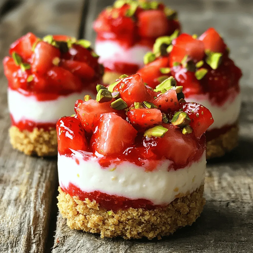 To make these delightful bites, you'll need some simple ingredients. Here's what you'll gather: - 1 cup graham cracker crumbs - 2 tablespoons sugar - 4 tablespoons unsalted butter, melted - 8 oz cream cheese, softened - 1/2 cup powdered sugar - 1 teaspoon vanilla extract - 1 cup fresh strawberries, diced - 1/2 cup heavy cream - 1/4 cup crushed pistachios (for topping) These ingredients create a perfect blend of flavors. The graham cracker crumbs form a crunchy base, while the cream cheese adds a rich, creamy filling. Fresh strawberries bring a burst of fruity flavor, making each bite a treat. You’ll want a few tools to help you prepare this recipe. Here’s what I recommend: - Mixing bowls - Mini muffin tins - Electric mixer or whisk - Spatula - Measuring cups and spoons - Oven These tools ensure a smooth process. The electric mixer helps blend the cream cheese easily. Mini muffin tins shape your bites perfectly, giving them a fun look. Each serving of Strawberry Cheesecake Crunch Bites offers a tasty treat. Here's a quick glance at the nutrition: - Calories: 150 - Protein: 2g - Fat: 10g - Carbohydrates: 15g - Sugars: 8g These bites balance sweetness and flavor. Each bite is perfect for a snack or dessert. Enjoy them without guilt, knowing you’ve made a delightful and satisfying treat. For the full recipe, check out the instructions above. To start, I mix 1 cup of graham cracker crumbs with 2 tablespoons of sugar in a bowl. Next, I add 4 tablespoons of melted unsalted butter. I stir until the mixture is well combined. It should feel like wet sand and hold together when pressed. I take about a tablespoon of this mixture and press it firmly into the bottom of mini muffin tins. This will form our crust. I bake it at 350°F for 5 minutes. After baking, I let the crust cool completely in the tins. In a clean bowl, I beat 8 oz of softened cream cheese until it’s smooth and creamy. Gradually, I add in 1/2 cup of powdered sugar and 1 teaspoon of vanilla extract, mixing until smooth. In another bowl, I whip 1/2 cup of heavy cream until stiff peaks form. Gently, I fold this whipped cream into the cream cheese mixture. Then, I add in 1 cup of diced fresh strawberries and fold until it’s all mixed. This filling is light and fluffy! Now, it’s time to assemble! I spoon the cheesecake filling over the cooled graham cracker crust in the mini muffin tins. I smooth the tops with a spatula to make them nice and neat. Once filled, I refrigerate them for at least 2 hours. This helps the bites set well. After they set, I carefully remove them from the muffin tins. For the final touch, I sprinkle crushed pistachios on top. This adds a nice crunch! For the full recipe, check back to ensure you have all the steps. To get the best texture in your Strawberry Cheesecake Crunch Bites, focus on the cream cheese. Make sure it is soft before mixing. This helps create a smooth filling. Whip the heavy cream until it has stiff peaks. This adds lightness to the bites. When you fold the whipped cream into the cream cheese mixture, do it gently. This preserves the air you just whipped in. The crust should be firm but not too hard. Press it into the mini muffin tins well, but don’t pack it too tightly. This balance gives you a perfect bite. Many people make a few common mistakes when making these bites. One mistake is not letting the cream cheese soften. It should sit at room temperature for about 30 minutes. Another mistake is skipping the cooling step for the crust. If you add the filling to a warm crust, it will melt. The bites won’t set properly. Lastly, don’t skip the chilling time in the fridge. They need at least 2 hours to firm up. This step is key for the best taste and texture. Serving these bites can be fun and creative. Use a colorful platter to showcase the bites. You can add fresh strawberries around the edges for extra flair. Drizzle some chocolate sauce or berry sauce on top for added flavor. If you want a crunch, sprinkle crushed pistachios on each bite just before serving. You can even top them with a dollop of whipped cream. These little touches make the bites look and taste gourmet. For the full recipe, check the earlier section. {{image_2}} You can make these bites gluten-free by switching the graham crackers. Use gluten-free graham cracker crumbs or crushed almonds. These options work well and still taste great. You can also check for certified gluten-free brands to stay safe. This way, everyone can enjoy these tasty treats. While strawberries shine in this recipe, feel free to mix in other fruits. Blueberries, raspberries, or even peaches can add a fun twist. Just remember to dice them small. This keeps the texture creamy and smooth. You can create a fruity mix for a colorful treat. Get creative and choose your favorite fruits! Toppings can change the whole look and feel of your bites. Instead of pistachios, try crushed almonds or walnuts for a nutty flavor. You can also use shredded coconut or chocolate shavings for a sweet touch. A drizzle of chocolate sauce or berry sauce adds a nice finish. These small changes can make your bites unique each time you make them. For the full recipe, be sure to check out the details above! To keep your Strawberry Cheesecake Crunch Bites fresh, place them in an airtight container. This helps maintain their flavor and texture. Store them in the fridge for the best results. If you have leftovers, enjoy them within three days for optimal taste. You can freeze these bites for later enjoyment! First, let them cool completely. Then, place them in a single layer on a baking sheet. Freeze until firm. Once frozen, transfer the bites to a freezer-safe bag or container. They can last up to three months in the freezer. When you're ready to eat, just thaw them in the fridge overnight. Strawberry Cheesecake Crunch Bites are best consumed fresh. In the fridge, they last about three days. If frozen, they stay tasty for up to three months. Always check for any signs of spoilage before eating. If they look or smell off, it’s best to toss them. Enjoy these bites as a sweet treat anytime! For the full recipe, check the earlier section. Yes, you can use canned strawberries. They work, but fresh strawberries taste best. Canned strawberries often have extra sugar, which may change the flavor. Drain them well to avoid excess liquid. This helps keep the cheesecake bites from getting too soggy. You can make these bites without an oven! Instead of baking the crust, use a no-bake method. Mix the graham cracker crumbs, sugar, and melted butter as usual. Then, press the mixture into muffin tins. Let the crust chill in the fridge for about 30 minutes. After that, add the cheesecake filling for a cool treat. If you need to avoid heavy cream, there are good options. You can use whipped coconut cream for a dairy-free choice. Silken tofu blended until smooth is another great option. For a lighter option, try using evaporated milk. Each of these will change the taste slightly, but they still work well in this recipe. For the full recipe of Strawberry Cheesecake Crunch Bites, check out the recipe section. In this article, I shared how to make delicious strawberry cheesecake crunch bites. We discussed the key ingredients, tools needed, and the nutrition facts. I guided you through easy steps to prepare the crust, cheesecake filling, and assembling the bites. I also shared tips for great texture, common mistakes, and unique serving ideas. Remember, you can customize these bites with gluten-free options or different fruits. With proper storage, these treats can last. Enjoy making and sharing your strawberry cheesecake crunch bites!