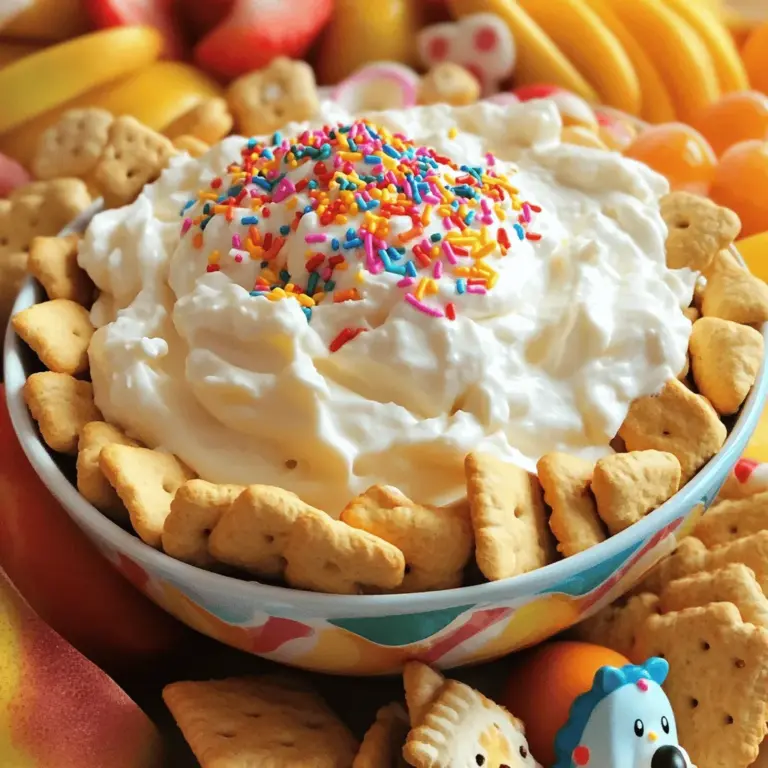 To make Homemade Dunkaroo Dip, gather these simple ingredients: - 1 cup vanilla yogurt - 1 cup whipped cream cheese - 1 cup powdered sugar - 1 teaspoon vanilla extract - 1/2 teaspoon almond extract (optional) - 1/2 cup sprinkles - Assorted dippers (animal crackers, graham crackers, fruit slices) These ingredients create a sweet and creamy dip. The vanilla yogurt gives the dip a smooth texture. Cream cheese adds thickness and a rich flavor. The powdered sugar sweetens the dip just right. Vanilla extract brings out the sweet notes. Almond extract adds a fun twist if you choose to use it. Sprinkles make it festive and fun! You can use any dippers you like, but I recommend animal crackers for a classic touch. Graham crackers and fruit slices also work great! Now that you have your ingredients, you’re ready for an easy and delicious treat. Check the Full Recipe for more details! Step 1: Combine vanilla yogurt and whipped cream cheese Start by taking a large mixing bowl. Add 1 cup of vanilla yogurt and 1 cup of whipped cream cheese. Mix them together with a hand mixer. Blend on medium speed until smooth and creamy. Step 2: Add powdered sugar and mix until thick Next, slowly add in 1 cup of powdered sugar. Keep mixing until it is fully blended. The dip should get thick and fluffy. Step 3: Incorporate vanilla and almond extracts Now, add 1 teaspoon of vanilla extract. If you like, include 1/2 teaspoon of almond extract for a richer taste. Mix again until everything is well blended. Step 4: Fold in and garnish with sprinkles Gently fold in 1/2 cup of sprinkles. Save a few sprinkles to top the dip later. This adds a fun and colorful touch. Step 5: Serve immediately or refrigerate before serving Transfer the dip to a nice serving bowl. Sprinkle the reserved sprinkles on top for extra fun. You can serve it right away. Or, if you want it colder, refrigerate it for about 30 minutes. This step helps the flavors blend even more. Make sure to check out the Full Recipe for more details! - Tip 1: Use room temperature cream cheese for easier mixing. Cold cream cheese can be hard to blend. Let it sit out for about 30 minutes before you start. This will make your dip smooth and creamy. - Tip 2: Customize sprinkle colors for different occasions. You can use holiday colors or team colors for parties. This fun touch will make your dip pop and fit any theme. Everyone loves a colorful treat! - Tip 3: Experiment with different dippers for variety. While animal crackers are classic, try graham crackers or fruit slices. Apples, strawberries, and bananas taste great with the dip. You can even use pretzels for a salty touch. The choices are endless! For the Full Recipe, follow the steps and enjoy this fun dip with your favorite dippers! {{image_2}} You can twist the Homemade Dunkaroo Dip recipe in fun ways. Each variation adds a unique flavor. Here are three of my favorite ideas. - Variation 1: Chocolate Dunkaroo Dip with cocoa powder To make a chocolate version, add 1/4 cup of cocoa powder to the mix. This gives you a rich, chocolatey taste. You can also mix in mini chocolate chips for extra crunch. Kids love this twist! - Variation 2: Healthy version using Greek yogurt and reduced sugar Swap the vanilla yogurt with Greek yogurt for a healthier dip. This adds protein and cuts some sugar. Use 1/2 cup of powdered sugar instead of 1 cup. You still get a sweet treat without the extra calories. - Variation 3: Seasonal flavors like pumpkin spice or peppermint For the fall, add 1 teaspoon of pumpkin spice to the mix. In winter, try 1/2 teaspoon of peppermint extract. These flavors make the dip festive and fun. You can also mix in seasonal sprinkles for extra flair. These variations make the dip fun for any occasion. You can enjoy it in many ways! For the full recipe, check the main section. Store your homemade Dunkaroo dip in an airtight container in the fridge. This keeps it fresh and tasty. The dip is best enjoyed within three days. After that, the flavor can fade. You want every bite to be sweet and creamy! Freezing this dip is not a good idea. Cream cheese and yogurt can change texture when frozen. This can make the dip watery when you thaw it. It’s best to make just enough for your needs and enjoy it fresh! What can I use instead of cream cheese? You can use a dairy-free cream cheese or a whipped coconut cream. Both options work well. They keep the dip creamy and smooth. Can I make this recipe dairy-free? Yes, you can! Use dairy-free yogurt and cream cheese. This makes the dip safe for those with dairy allergies. How long does it take to prepare Homemade Dunkaroo Dip? It only takes about 10 minutes to prepare. This makes it a quick and easy treat for any occasion. What's the best way to serve Dunkaroo Dip at a party? Serve it in a fun bowl with colorful dippers around it. Use animal crackers, graham crackers, or fruit slices. This makes it look inviting and tasty! This blog post shared a fun and easy recipe for Dunkaroo Dip. We covered the ingredients and step-by-step instructions to make it tasty. Tips helped you customize your dip, while variations let you explore flavors. Remember to store your dip in an airtight container for the best taste. I hope you feel inspired to try this simple treat at home. Enjoy sharing it with friends and family!