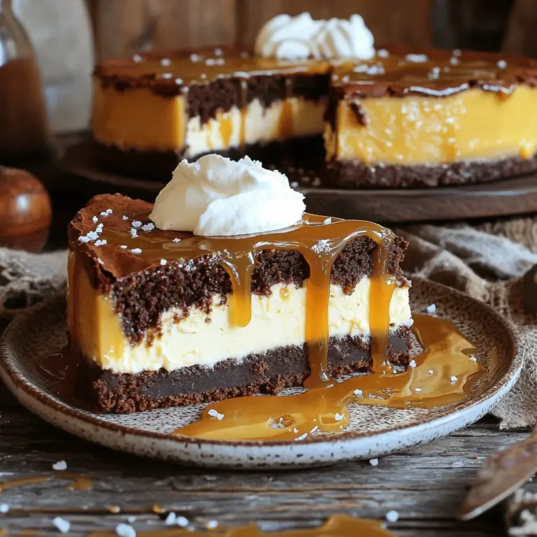 - 1 cup unsalted butter - 2 cups granulated sugar - 4 large eggs - 1 tsp vanilla extract - 1 cup all-purpose flour - 1 cup unsweetened cocoa powder - 1/2 tsp baking powder - 1/4 tsp salt For the brownie base, I use simple ingredients that create a deep, rich flavor. The butter and sugar blend well to give a moist texture. Eggs add fluffiness, while cocoa powder gives it that classic brownie taste. - 16 oz cream cheese, softened - 1/2 cup granulated sugar - 1/4 cup sour cream - 2 large eggs - 1 tsp vanilla extract In the cheesecake layer, cream cheese is the star. It brings a smooth, creamy texture. Sour cream adds a bit of tang. This balance keeps the cheesecake from being too sweet. - 1 cup granulated sugar - 1/4 cup unsalted butter - 1/2 cup heavy cream - 1/2 tsp sea salt The caramel sauce is easy yet so tasty. Sugar melts to a lovely amber color. Butter adds richness, and heavy cream makes it smooth. A pinch of sea salt gives it a perfect finish. For the complete recipe, check out the [Full Recipe]. Start by preheating your oven to 350°F (175°C). Grab a 9-inch springform pan, grease it, and line the bottom with parchment paper. In a large saucepan over low heat, melt 1 cup of unsalted butter. Once melted, stir in 2 cups of granulated sugar. Remove the pan from heat and let it cool for a few minutes. Next, whisk in 4 large eggs, adding them one at a time. Stir in 1 teaspoon of vanilla extract. Now, sift in 1 cup of all-purpose flour, 1 cup of unsweetened cocoa powder, 1/2 teaspoon of baking powder, and 1/4 teaspoon of salt. Mix until just combined; avoid overmixing. Pour this brownie batter into your prepared pan and spread it evenly. In a mixing bowl, beat 16 ounces of softened cream cheese with 1/2 cup of granulated sugar until smooth. Add 1/4 cup of sour cream, 2 large eggs, and 1 teaspoon of vanilla extract. Mix until fully combined and creamy. Carefully pour this cheesecake mixture over the brownie base, making sure to smooth the top. Place the springform pan on a baking sheet to catch drips. Bake in the preheated oven for 50 to 60 minutes. The edges should be set, but the center may still jiggle a bit. Once done, turn off the oven and leave the cheesecake inside for another hour to cool down gently. In a medium saucepan, heat 1 cup of granulated sugar over medium heat. Stir it gently until it melts and turns an amber color. Be careful not to burn it. Add 1/4 cup of unsalted butter, stirring until melted. Slowly pour in 1/2 cup of heavy cream. It may bubble, so watch out! Stir until the sauce is smooth. Add 1/2 teaspoon of sea salt and remove from heat to cool slightly. Once the cheesecake is cooled, carefully remove it from the springform pan. Drizzle the caramel sauce generously over the top. For best results, chill the cheesecake in the refrigerator for at least 4 hours, or overnight. This waiting makes the flavors blend beautifully. Enjoy every bite of this decadent treat! For the complete recipe, check out the Full Recipe. To get that rich, fudgy brownie base, use good quality cocoa powder. Melt your butter slowly to avoid burning it. Mix the ingredients just until combined. Overmixing can make brownies tough. Spread the batter evenly in your pan. Bake until the edges are firm, but the center is still soft. This gives you that perfect brownie texture. For a smooth cheesecake, make sure your cream cheese is at room temperature. Beat the cream cheese and sugar until they blend well. Add the eggs one at a time to keep the mix smooth. Don't overbeat once you add the eggs. This helps avoid cracks in your cheesecake. Pour it gently over the brownie base for a clean layer. Making caramel requires patience. Heat the sugar slowly until it melts. Swirl the pan gently to ensure even melting. Once you add butter and cream, stir until smooth. The caramel should be thick but pourable. If it's too thick, just warm it a bit to loosen it. Drizzling it over your cheesecake adds a beautiful finish that everyone will love. For all the steps and details, check out the Full Recipe. {{image_2}} You can make your caramel brownie cheesecake even better by adding nuts or chocolate chips. Chopped walnuts or pecans add a nice crunch. They also bring a rich flavor that pairs well with the sweetness. You can stir in about 1 cup of your favorite nuts into the brownie layer. If you prefer chocolate chips, try semi-sweet or dark chocolate. They melt perfectly and create tasty pockets of chocolate. Just fold them into the brownie batter before pouring it into the pan. Feel free to get creative with the cheesecake layer! Instead of vanilla, you can use almond or lemon extract. Almond gives a nice nutty taste, while lemon adds a fresh zing. You can also mix in fruit purees, like raspberry or strawberry, to add a fruity twist. Just remember to keep the overall volume the same. This way, the texture stays creamy and smooth. While caramel sauce is a classic topping, you can try other sauces too! Chocolate sauce makes a great alternative and pairs well with the brownie base. You can even use fruit sauces like raspberry or blueberry. These fruity sauces can add a bright flavor contrast. For a fun twist, consider drizzling with peanut butter sauce. It adds a nutty taste and pairs well with the chocolate. You can find many easy sauce recipes online or use store-bought options. For the full recipe, refer to the earlier sections and get ready to enjoy this delightful treat! To keep your caramel brownie cheesecake fresh, store it in the fridge. Use an airtight container. This helps maintain its creamy texture and rich flavor. Make sure it is cooled completely before sealing it. This cheesecake is best enjoyed within five days. You can freeze the cheesecake for longer storage. First, slice it into pieces. Wrap each piece in plastic wrap. Then place them in a freezer-safe bag or container. This way, you can thaw only what you need later. To enjoy, simply let it sit in the fridge overnight before eating. If you want to warm up your cheesecake, do it gently. Place a slice on a microwave-safe plate. Heat it for about 10 to 15 seconds. Check to see if it is warm enough. You do not want to overheat it, as it can change the texture. Enjoy the creamy goodness! For the complete recipe, check the Full Recipe. To prevent cracks, keep the oven temperature low. Bake the cheesecake slowly to avoid sudden heat. You can also bake it in a water bath. This method helps maintain a steady temperature. Make sure to cool the cheesecake slowly in the oven. Open the oven door a little to let steam escape. Yes, you can use different crusts! A graham cracker crust works well. You can also try an Oreo crust for a chocolate twist. Just make sure it is firm and holds together. Press it down well before adding the brownie base. Store leftovers in an airtight container. Keep it in the fridge to keep it fresh. When serving, slice pieces and drizzle extra caramel on top. Add whipped cream for a nice touch. The cheesecake will stay good for about five days in the fridge. Make sure to cover it well. If you want to enjoy it later, freeze it. Just wrap it tightly in plastic wrap before freezing. You can make this cheesecake a day or two ahead. Just chill it in the fridge after baking. This allows the flavors to meld nicely. It’s perfect for parties or special occasions. For the best taste, let it chill overnight. This blog post covered the delicious steps to make a caramel brownie cheesecake. We explored the key ingredients like the brownie base, creamy cheesecake layer, and rich caramel sauce. I shared tips to help you get the perfect texture and consistency. You can also try exciting variations, like adding chocolate chips or different flavors. Finally, we discussed the best ways to store and reheat your cheesecake. Enjoy making this treat, and remember, a little creativity goes a long way in the kitchen!