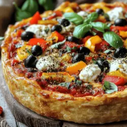When making deep-dish pizza, you need key ingredients. Here is what you will need: - 2 ½ cups all-purpose flour: This forms the base of your crust. It gives the pizza its structure. - 1 cup warm water: Use water around 110°F to activate the yeast. - 2 ¼ teaspoons instant yeast: This helps the dough rise. Instant yeast works quickly and needs no proofing. - 1 teaspoon sugar: Sugar feeds the yeast, helping it to grow. - 1 teaspoon salt: Salt adds flavor and controls yeast growth. - ¼ cup olive oil: Oil makes the crust tender and flavorful. - 1 ½ cups shredded mozzarella cheese: This is the main cheese. It melts well and gives the pizza a gooey texture. - 1 cup ricotta cheese: This adds creaminess and richness. - 1 cup marinara sauce: Choose homemade or store-bought. It adds moisture and flavor. - 1 teaspoon dried oregano: This brings a classic Italian flavor. - ½ teaspoon crushed red pepper flakes (optional): For a bit of heat. - 1 cup sliced bell peppers: These add color and crunch. Use any color you like. - ½ cup sliced black olives: These add a salty touch. - Fresh basil leaves for garnish: Use them for a fresh finish. Using fresh toppings makes a big difference. Fresh veggies are crisp and add flavor. If you can, make your own marinara sauce. It elevates the taste of your pizza. You can customize your deep-dish pizza with extra toppings. Here are some options: - Pepperoni: A classic choice that adds spice and flavor. - Mushrooms: They provide an earthy taste and meaty texture. - Spinach: This adds a fresh green element. - Seasonal ingredients: Try zucchini in summer or butternut squash in fall. These variations can create a unique dish each time. To make deep-dish pizza, you need specific tools: - Deep-dish pizza pan: A good pan is crucial. Look for a sturdy one, preferably 9 inches wide. - Mixing bowls: Use at least two bowls for mixing dough and toppings. - Rolling pin: This helps spread the dough evenly. - Measuring cups and spoons: Accurate measurements are key to success. - Oven mitts: These will protect your hands when you take the pizza out of the oven. Having the right equipment makes the process easier and more fun. To make the perfect dough, start by waking up the yeast. In a large bowl, mix warm water, sugar, and yeast. Let it sit for 5-10 minutes. You will see bubbles form on the top. This means the yeast is alive and ready. Next, add flour, salt, and olive oil to the yeast mix. Stir until it forms a dough. Now comes the fun part—kneading! Lightly flour your surface, and knead the dough for about 5 minutes. You want it smooth and elastic. After kneading, place the dough in a greased bowl. Cover it with a damp cloth and let it rise in a warm spot. Wait for about an hour, or until it doubles in size. This step is key for a fluffy crust. Once your dough has risen, it’s time to assemble. First, punch the dough down and roll it out. You want it to fit your 9-inch deep-dish pan. Press it up the sides, making sure it’s even. Now for the fun part! Layer the bottom with shredded mozzarella cheese. This helps keep the crust from getting soggy. Next, add dollops of ricotta cheese. After that, layer in sliced bell peppers and black olives. Sprinkle dried oregano and crushed red pepper flakes for flavor. Finally, pour marinara sauce over the toppings. Spread it gently to cover everything. This will help keep your crust crispy. Preheat your oven to 425°F (220°C). Once your pizza is assembled, place it in the oven. Bake for 25-30 minutes. Look for a golden brown crust and bubbling cheese. When you see these signs, your pizza is done! Remove it from the oven and let it cool for a few minutes. This helps the cheese set, making it easier to slice. For the full recipe, check out the ingredients section. Enjoy your deep-dish pizza! Using fresh herbs and spices makes a big difference. I love adding fresh basil leaves to my deep-dish pizza. They add a bright taste that pairs well with the rich cheese. You can also use fresh oregano instead of dried for a stronger flavor. When choosing toppings, balance is key. Avoid too many wet ingredients, as they can make your crust soggy. Use bell peppers and olives, but be sure to pat them dry before adding. This helps keep your pizza crispy. To slice your deep-dish pizza, use a sharp pizza cutter. Cut from the center out to the edge. This method gives you neat slices that hold together well. For side dishes, I suggest a simple salad or garlic bread. A light green salad pairs well with the rich pizza flavors. You can also serve it with a cold drink, like soda or iced tea. A common mistake is using too much sauce. It can make the pizza soggy. Use just enough to cover the toppings without drowning them. Another issue is dough consistency. If your dough is too sticky, add a little flour while kneading. If it's too dry, add a small amount of water. When baking, always check your pizza for doneness. Look for a golden crust and bubbling cheese. If the crust browns too fast, cover it with foil for the last few minutes. For more tips, check the Full Recipe. {{image_2}} Chicago-style deep-dish pizza is a true classic. It has a thick crust, baked in a deep pan. This style uses a lot of cheese, often mozzarella, at the base. The pizza gets topped with chunky tomatoes, often a marinara sauce, and various meats or veggies. This pizza is notable for its height. The crust forms a bowl that holds all the toppings. You often find a mix of ingredients like sausage, green peppers, and onions. The unique part? The sauce goes on top, not under the cheese. This keeps the crust from getting soggy. You can have fun with deep-dish pizza by adding unique flavors. For a vegetarian option, swap meat for roasted veggies. Think zucchini, mushrooms, or spinach. You can add spicy pepperoncini or artichokes for more flavor. Meat lovers can try bacon or spicy sausage. Combining different meats, like pepperoni and ham, gives a savory punch. You can also change the cheese. Try cheddar or feta for a new taste. Regional adaptations bring fresh ideas. For example, New York-style deep-dish might use more herbs or a different sauce. You can mix flavors from around the world, like a taco-inspired pizza with seasoned beef and salsa. For those who need gluten-free, you can make the crust using almond flour or rice flour. There are also ready-made gluten-free doughs available. Just be sure to check the labels for quality. If you want a vegan version, use plant-based cheese. There are options made from nuts or soy that melt well. For meat toppings, try marinated jackfruit or tempeh. They can add a hearty feel to the dish. These variations let you enjoy deep-dish pizza in many ways. You can explore flavors and ingredients that fit your diet. Don't forget to check the full recipe for more ideas! Store your leftover deep-dish pizza in the fridge or freezer. First, let it cool down to room temperature. This helps prevent sogginess. Use an airtight container or wrap it tightly in plastic wrap. If freezing, place it in a freezer-safe bag. Squeeze out as much air as you can. This keeps it fresh longer. To reheat your pizza, the oven works best. Preheat it to 375°F (190°C). Place the pizza on a baking sheet. Heat it for about 10-15 minutes. This keeps the crust crispy and the cheese melty. If you use a microwave, place a cup of water inside with the pizza. This helps add moisture and avoid a rubbery crust. Heat it in short bursts, checking often. Deep-dish pizza can last 3-4 days in the fridge. If you freeze it, it can stay good for 1-2 months. Always check for signs of spoilage. If the pizza smells off or has mold, throw it away. Also, if the crust feels too hard or dry, it’s best not to eat it. Enjoy your meal, but stay safe with your leftovers! Deep-dish pizza is a thick, hearty style of pizza. It has a tall crust that holds many toppings. Unlike regular pizza, which has a thin crust, deep-dish pizza looks like a pie. The dough rises high around the edges, creating a bowl for the sauce and toppings. Traditionally, you layer cheese first, then toppings, and finally sauce on top. This keeps the crust from getting soggy. The result is a delicious, filling meal that many love. You can prepare deep-dish pizza ahead of time. First, make the dough and let it rise as usual. After that, you can store the dough in the fridge for up to 24 hours. When you're ready, roll it out and place it in your pan. You can also prepare toppings in advance. Chop veggies and cook any meats. Store them in airtight containers in the fridge. When you’re ready to bake, just assemble everything and pop it in the oven. This method saves time and helps with busy schedules. Yes! You can customize deep-dish pizza easily. Common toppings include pepperoni, sausage, mushrooms, and bell peppers. Veggies like spinach and zucchini also work well. Regional favorites vary, too. Chicago often uses a lot of cheese and sausage. In contrast, California-style pizzas might have fresh, seasonal veggies. Feel free to create your personal recipe. Use your favorite ingredients and make it your own. The possibilities are endless! You now have the knowledge to make the ultimate deep-dish pizza. We explored key ingredients, including fresh toppings and equipment. You learned step-by-step instructions for dough preparation and pizza assembly. Tips on enhancing flavor and avoiding common mistakes will guide your baking. Don't forget the fun variations to try, from classic Chicago-style to vegan options. Enjoy experimenting and sharing your creations. With practice, your deep-dish pizza will impress everyone. Get ready to savor each delicious slice!