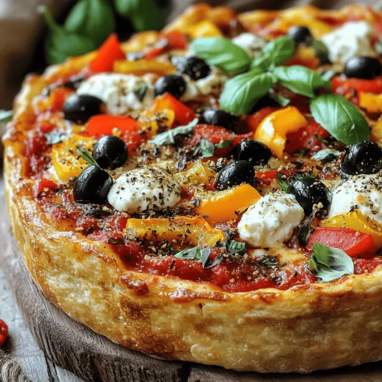 When making deep-dish pizza, you need key ingredients. Here is what you will need: - 2 ½ cups all-purpose flour: This forms the base of your crust. It gives the pizza its structure. - 1 cup warm water: Use water around 110°F to activate the yeast. - 2 ¼ teaspoons instant yeast: This helps the dough rise. Instant yeast works quickly and needs no proofing. - 1 teaspoon sugar: Sugar feeds the yeast, helping it to grow. - 1 teaspoon salt: Salt adds flavor and controls yeast growth. - ¼ cup olive oil: Oil makes the crust tender and flavorful. - 1 ½ cups shredded mozzarella cheese: This is the main cheese. It melts well and gives the pizza a gooey texture. - 1 cup ricotta cheese: This adds creaminess and richness. - 1 cup marinara sauce: Choose homemade or store-bought. It adds moisture and flavor. - 1 teaspoon dried oregano: This brings a classic Italian flavor. - ½ teaspoon crushed red pepper flakes (optional): For a bit of heat. - 1 cup sliced bell peppers: These add color and crunch. Use any color you like. - ½ cup sliced black olives: These add a salty touch. - Fresh basil leaves for garnish: Use them for a fresh finish. Using fresh toppings makes a big difference. Fresh veggies are crisp and add flavor. If you can, make your own marinara sauce. It elevates the taste of your pizza. You can customize your deep-dish pizza with extra toppings. Here are some options: - Pepperoni: A classic choice that adds spice and flavor. - Mushrooms: They provide an earthy taste and meaty texture. - Spinach: This adds a fresh green element. - Seasonal ingredients: Try zucchini in summer or butternut squash in fall. These variations can create a unique dish each time. To make deep-dish pizza, you need specific tools: - Deep-dish pizza pan: A good pan is crucial. Look for a sturdy one, preferably 9 inches wide. - Mixing bowls: Use at least two bowls for mixing dough and toppings. - Rolling pin: This helps spread the dough evenly. - Measuring cups and spoons: Accurate measurements are key to success. - Oven mitts: These will protect your hands when you take the pizza out of the oven. Having the right equipment makes the process easier and more fun. To make the perfect dough, start by waking up the yeast. In a large bowl, mix warm water, sugar, and yeast. Let it sit for 5-10 minutes. You will see bubbles form on the top. This means the yeast is alive and ready. Next, add flour, salt, and olive oil to the yeast mix. Stir until it forms a dough. Now comes the fun part—kneading! Lightly flour your surface, and knead the dough for about 5 minutes. You want it smooth and elastic. After kneading, place the dough in a greased bowl. Cover it with a damp cloth and let it rise in a warm spot. Wait for about an hour, or until it doubles in size. This step is key for a fluffy crust. Once your dough has risen, it’s time to assemble. First, punch the dough down and roll it out. You want it to fit your 9-inch deep-dish pan. Press it up the sides, making sure it’s even. Now for the fun part! Layer the bottom with shredded mozzarella cheese. This helps keep the crust from getting soggy. Next, add dollops of ricotta cheese. After that, layer in sliced bell peppers and black olives. Sprinkle dried oregano and crushed red pepper flakes for flavor. Finally, pour marinara sauce over the toppings. Spread it gently to cover everything. This will help keep your crust crispy. Preheat your oven to 425°F (220°C). Once your pizza is assembled, place it in the oven. Bake for 25-30 minutes. Look for a golden brown crust and bubbling cheese. When you see these signs, your pizza is done! Remove it from the oven and let it cool for a few minutes. This helps the cheese set, making it easier to slice. For the full recipe, check out the ingredients section. Enjoy your deep-dish pizza! Using fresh herbs and spices makes a big difference. I love adding fresh basil leaves to my deep-dish pizza. They add a bright taste that pairs well with the rich cheese. You can also use fresh oregano instead of dried for a stronger flavor. When choosing toppings, balance is key. Avoid too many wet ingredients, as they can make your crust soggy. Use bell peppers and olives, but be sure to pat them dry before adding. This helps keep your pizza crispy. To slice your deep-dish pizza, use a sharp pizza cutter. Cut from the center out to the edge. This method gives you neat slices that hold together well. For side dishes, I suggest a simple salad or garlic bread. A light green salad pairs well with the rich pizza flavors. You can also serve it with a cold drink, like soda or iced tea. A common mistake is using too much sauce. It can make the pizza soggy. Use just enough to cover the toppings without drowning them. Another issue is dough consistency. If your dough is too sticky, add a little flour while kneading. If it's too dry, add a small amount of water. When baking, always check your pizza for doneness. Look for a golden crust and bubbling cheese. If the crust browns too fast, cover it with foil for the last few minutes. For more tips, check the Full Recipe. {{image_2}} Chicago-style deep-dish pizza is a true classic. It has a thick crust, baked in a deep pan. This style uses a lot of cheese, often mozzarella, at the base. The pizza gets topped with chunky tomatoes, often a marinara sauce, and various meats or veggies. This pizza is notable for its height. The crust forms a bowl that holds all the toppings. You often find a mix of ingredients like sausage, green peppers, and onions. The unique part? The sauce goes on top, not under the cheese. This keeps the crust from getting soggy. You can have fun with deep-dish pizza by adding unique flavors. For a vegetarian option, swap meat for roasted veggies. Think zucchini, mushrooms, or spinach. You can add spicy pepperoncini or artichokes for more flavor. Meat lovers can try bacon or spicy sausage. Combining different meats, like pepperoni and ham, gives a savory punch. You can also change the cheese. Try cheddar or feta for a new taste. Regional adaptations bring fresh ideas. For example, New York-style deep-dish might use more herbs or a different sauce. You can mix flavors from around the world, like a taco-inspired pizza with seasoned beef and salsa. For those who need gluten-free, you can make the crust using almond flour or rice flour. There are also ready-made gluten-free doughs available. Just be sure to check the labels for quality. If you want a vegan version, use plant-based cheese. There are options made from nuts or soy that melt well. For meat toppings, try marinated jackfruit or tempeh. They can add a hearty feel to the dish. These variations let you enjoy deep-dish pizza in many ways. You can explore flavors and ingredients that fit your diet. Don't forget to check the full recipe for more ideas! Store your leftover deep-dish pizza in the fridge or freezer. First, let it cool down to room temperature. This helps prevent sogginess. Use an airtight container or wrap it tightly in plastic wrap. If freezing, place it in a freezer-safe bag. Squeeze out as much air as you can. This keeps it fresh longer. To reheat your pizza, the oven works best. Preheat it to 375°F (190°C). Place the pizza on a baking sheet. Heat it for about 10-15 minutes. This keeps the crust crispy and the cheese melty. If you use a microwave, place a cup of water inside with the pizza. This helps add moisture and avoid a rubbery crust. Heat it in short bursts, checking often. Deep-dish pizza can last 3-4 days in the fridge. If you freeze it, it can stay good for 1-2 months. Always check for signs of spoilage. If the pizza smells off or has mold, throw it away. Also, if the crust feels too hard or dry, it’s best not to eat it. Enjoy your meal, but stay safe with your leftovers! Deep-dish pizza is a thick, hearty style of pizza. It has a tall crust that holds many toppings. Unlike regular pizza, which has a thin crust, deep-dish pizza looks like a pie. The dough rises high around the edges, creating a bowl for the sauce and toppings. Traditionally, you layer cheese first, then toppings, and finally sauce on top. This keeps the crust from getting soggy. The result is a delicious, filling meal that many love. You can prepare deep-dish pizza ahead of time. First, make the dough and let it rise as usual. After that, you can store the dough in the fridge for up to 24 hours. When you're ready, roll it out and place it in your pan. You can also prepare toppings in advance. Chop veggies and cook any meats. Store them in airtight containers in the fridge. When you’re ready to bake, just assemble everything and pop it in the oven. This method saves time and helps with busy schedules. Yes! You can customize deep-dish pizza easily. Common toppings include pepperoni, sausage, mushrooms, and bell peppers. Veggies like spinach and zucchini also work well. Regional favorites vary, too. Chicago often uses a lot of cheese and sausage. In contrast, California-style pizzas might have fresh, seasonal veggies. Feel free to create your personal recipe. Use your favorite ingredients and make it your own. The possibilities are endless! You now have the knowledge to make the ultimate deep-dish pizza. We explored key ingredients, including fresh toppings and equipment. You learned step-by-step instructions for dough preparation and pizza assembly. Tips on enhancing flavor and avoiding common mistakes will guide your baking. Don't forget the fun variations to try, from classic Chicago-style to vegan options. Enjoy experimenting and sharing your creations. With practice, your deep-dish pizza will impress everyone. Get ready to savor each delicious slice!