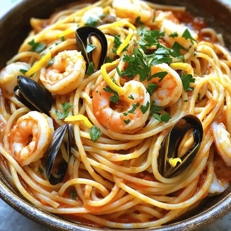 - 200g shrimp, peeled and deveined - 200g calamari, sliced into rings - 200g mussels, cleaned - 250g spaghetti - 2 tablespoons olive oil - 3 cloves garlic, minced - 1 small onion, finely chopped - 1 red chili, deseeded and finely chopped - 400g can diced tomatoes - 1 teaspoon dried oregano - Salt and pepper to taste - Fresh parsley, chopped, for garnish - Zest of 1 lemon For a tasty seafood spaghetti, you need fresh seafood. Shrimp, calamari, and mussels are my go-to choices. They cook quickly and add great flavor. I always make sure my seafood is cleaned and ready to go. Next, gather your pasta and some simple kitchen staples. Spaghetti is perfect for this dish. I love using olive oil for its rich taste. Garlic and onion give a lovely base to the sauce. A bit of red chili adds a nice kick. Canned diced tomatoes bring everything together. They create a saucy and hearty mix. Dried oregano adds a classic Italian touch. Season with salt and pepper to balance the flavors. Lastly, a sprinkle of fresh parsley and lemon zest makes it bright and fresh. This mix of ingredients creates a beautiful seafood spaghetti. You can find the full recipe to make this dish shine. - In a large pot of salted boiling water, add the spaghetti. - Cook until al dente, then drain. Cooking spaghetti is simple. You want to boil water and add salt. This helps flavor the pasta. Stir the spaghetti to prevent sticking. Check the package for cooking time. The pasta should be firm but not hard. Once done, drain the pasta, but save some water. This water helps later. - Heat olive oil in a skillet. - Sauté onion until translucent. Grab a large skillet and heat olive oil. Use medium heat for best results. Once hot, add the chopped onion. Stir it for about 3-4 minutes. You want the onion to become soft and clear. This step builds a tasty base for your dish. - Combine seafood and cook until shrimp turns pink. - Stir in diced tomatoes and oregano. Now, it’s time for the seafood! Raise the heat to medium-high. Add the shrimp, calamari, and mussels. Cook for about 3-4 minutes. Watch for the shrimp to turn pink. That means it's ready! Then, pour in the diced tomatoes. Add oregano for flavor. Stir everything well and let it simmer for 5 minutes. - Add cooked spaghetti to the skillet. - Toss to combine and adjust consistency with pasta water. Once the seafood and sauce are ready, add the spaghetti to the skillet. Toss everything together. If it seems too thick, add a splash of the reserved pasta water. This helps mix it all nicely. You want every strand of spaghetti covered in sauce. Enjoy your delicious seafood spaghetti! For the full recipe, check out the details above. When picking seafood, freshness matters most. Look for shrimp that are firm and slightly shiny. The shells should feel smooth without any dark spots. For calamari, choose ones that smell like the sea, not fishy. Their flesh should be slightly translucent. For mussels, they should be closed tightly. If any are open, give them a gentle tap. If they don’t close, toss them out. Fresh seafood enhances your dish's taste and texture. To get perfect al dente pasta, start with a big pot of water. Add salt to make it taste like the sea. Then bring the water to a rolling boil before adding the spaghetti. Cook according to the package directions, usually around 8 to 10 minutes. Taste a strand a minute before the time ends; it should be firm yet tender. Save a splash of pasta water to help mix your sauce later. To boost flavor, consider adding spices. A pinch of red pepper flakes can add heat. Fresh herbs like basil or thyme can add brightness. You might also try a splash of white wine for depth. For a hint of sweetness, toss in a bit of sugar. Each addition can elevate your seafood spaghetti and make it even more delicious. {{image_2}} You can add many tasty vegetables to your seafood spaghetti. Bell peppers add a nice crunch. Spinach gives a fresh taste and bright color. You can also use zucchini or peas for more flavors. Just sauté them with the onions before adding the seafood. This makes the dish even better! To make a creamy seafood spaghetti, add heavy cream. After you cook the seafood and sauce, stir in about a cup of cream. Let it simmer for a few minutes. This will create a rich, smooth sauce that clings to the pasta. You can also add grated Parmesan cheese for extra flavor. This creamy twist is sure to impress! If you need gluten-free options, use gluten-free pasta. Many brands offer great taste and texture. You can also try using zucchini noodles or spaghetti squash. These alternatives add nutrients and cut down on carbs. Just cook them lightly and add to your seafood sauce. Explore these options for a fun twist on this classic dish! For the full recipe, check out the Delicious Seafood Spaghetti section. To keep your seafood spaghetti fresh, place it in an airtight container. Make sure it cools down first. Store it in the fridge for up to three days. If you want to keep it longer, freezing is a great option. Just remember to leave some space in the container for expansion. To safely reheat your leftovers, use a skillet. Heat it on low, adding a splash of water or broth. This keeps the pasta moist and tasty. Stir often until it's hot. You can also use a microwave. Cover it with a damp paper towel and heat in short bursts. Check it frequently to avoid overcooking. If you want to freeze seafood spaghetti, let it cool completely. Divide it into portions and place them in freezer bags. Remove as much air as possible before sealing. It can last up to three months in the freezer. To thaw, place it in the fridge overnight or use the microwave. Reheat it well to ensure food safety. Seafood spaghetti can last in the fridge for 2 to 3 days. Keep it in an airtight container. Reheat gently when you're ready to enjoy it again. This will help keep the flavors fresh. Yes, you can use frozen seafood. Just thaw it before cooking. This saves time and still gives great flavor. Make sure to pat it dry to avoid excess moisture in the dish. Great side dishes for seafood spaghetti include: - Garlic bread - A fresh green salad - Roasted vegetables - A light Italian antipasto platter These sides add balance and enhance your meal experience. White wines like Pinot Grigio or Sauvignon Blanc pair best with seafood spaghetti. Their crispness complements the dish well. For a red option, choose a light-bodied wine like Chianti for a nice contrast. To reduce the spice, skip the red chili or use a mild pepper. You can also add more tomatoes or a splash of cream. This makes the dish flavorful without the heat. For a milder taste, just adjust to your liking. This seafood spaghetti is simple yet full of flavor. You learned about key ingredients, step-by-step instructions, and tips for perfecting this dish. Remember, fresh seafood makes a big difference. You can even try different veggies or a creamy version. Store leftovers properly to enjoy them later. I hope this recipe inspires your next meal. Happy cooking!