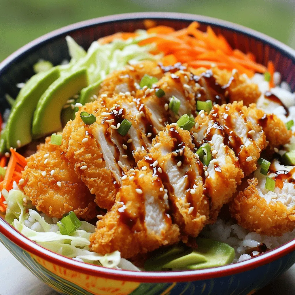 For a perfect katsu bowl, you need these main ingredients: - 2 boneless, skinless chicken breasts - 1 cup all-purpose flour - 2 large eggs, beaten - 2 cups panko breadcrumbs - Salt and pepper, to taste - Vegetable oil, for frying - 2 cups cooked jasmine rice - 1 cup shredded cabbage - 1 medium carrot, julienned - 1 avocado, sliced - 1/4 cup tonkatsu sauce - 1 tablespoon sesame seeds - 2 green onions, thinly sliced Each ingredient plays a role. The chicken is the star. The panko breadcrumbs give it a nice crunch. Jasmine rice is a fluffy base. Fresh veggies add color and texture. To create a balanced meal, consider these sides: - Miso soup - Pickled vegetables - Edamame These sides bring extra flavor and nutrients. Miso soup warms you up. Pickled veggies give a tangy contrast. Edamame adds protein and fiber. Together, they enhance your meal. You can elevate your katsu bowl with these garnishes: - Fresh cilantro - Nori strips - Chili flakes Garnishes add visual appeal and flavor. Fresh cilantro brings brightness. Nori strips add umami. Chili flakes offer heat. Feel free to mix and match based on your taste. You can find the full recipe for a delicious katsu bowl to enjoy at home. First, I prepare the chicken. I place each chicken breast between plastic wrap. Then, I pound the chicken to about 1/2-inch thick. This helps it cook evenly. Next, I season both sides with salt and pepper. This simple step adds great flavor. Now, I set up my breading station. I put flour on one plate, beaten eggs in a bowl, and panko breadcrumbs on another plate. I take a chicken breast and dredge it in flour. I shake off the extra flour. Next, I dip it in the eggs, ensuring it is fully coated. Finally, I press the chicken into the panko breadcrumbs. I make sure to coat it well. I heat about 1/4 inch of vegetable oil in a large skillet over medium heat. Once the oil is hot, I carefully place the breaded chicken in the pan. I fry each piece for about 4-5 minutes on each side. They should turn golden brown and be cooked through. Once done, I transfer them to a paper towel-lined plate to drain the extra oil. Next, I slice the fried chicken into strips. To assemble the katsu bowl, I start with a scoop of cooked jasmine rice at the bottom of each bowl. I then arrange the sliced chicken on top of the rice. I add shredded cabbage, julienned carrots, and sliced avocado. I drizzle tonkatsu sauce over everything. Finally, I sprinkle sesame seeds and sliced green onions on top for a bright finish. Enjoy the beautiful and tasty meal! To get that perfect golden crunch, use enough oil. Heat about 1/4 inch of oil in a large skillet. If the oil is too cold, the chicken will become greasy. A hot oil temperature is key. Test the heat by dropping in a small piece of bread. If it sizzles, the oil is ready. Fry the chicken for 4-5 minutes on each side. This timing keeps the meat juicy and the crust crispy. If you have leftover katsu, store it in an airtight container. Place the chicken in separate containers from the rice and veggies. This keeps everything fresh. It’s best to eat leftovers within two days. Reheat the chicken in the oven for a few minutes to regain its crunch. Avoid the microwave, as it can make the chicken soggy. When serving your katsu bowl, arrange the elements nicely. Start with a scoop of fluffy jasmine rice. Layer the sliced chicken on top, then add fresh veggies like cabbage and carrots. A drizzle of tonkatsu sauce adds flavor. For a fun touch, sprinkle sesame seeds and green onions on top. These steps create a pleasing dish that’s as beautiful as it is tasty. For the full recipe, check out the detailed instructions above. {{image_2}} You can use different proteins in katsu bowls. Pork is a popular choice. Pork loin or pork cutlets work well. They fry up crispy and taste great. Tofu is another option. Firm tofu holds its shape well when cooked. Just press it to remove excess moisture and then bread it like chicken. Fish like salmon can also shine in a katsu bowl. It cooks fast and adds a rich flavor. If you want a meatless dish, try using eggplant. Cut it into thick slices, coat it, and fry. The result is a crunchy outside and soft inside. You could also use portobello mushrooms. They have a nice umami flavor and are very filling. For a lighter option, try zucchini. Slice it thin, bread, and fry until golden. Each of these options pairs well with rice and fresh veggies. Seasonal veggies can make your katsu bowl pop. In spring, add snap peas or asparagus for a fresh crunch. Summer calls for ripe tomatoes or bell peppers that add color. In fall, roasted sweet potatoes or butternut squash bring warmth. Winter is perfect for hearty greens like kale or bok choy. Mix and match these seasonal veggies to create your perfect katsu bowl. You’ll find each season brings new flavors and textures to enjoy. For a complete recipe, check out the Full Recipe. After you enjoy your crispy chicken katsu bowl, store leftovers quickly. Let the bowl cool to room temperature. Then, cover it tightly with plastic wrap or place it in an airtight container. This helps keep the chicken crispy. Store in the fridge for up to three days. Always separate the katsu from the rice and veggies to maintain texture. To reheat your katsu bowl, use an air fryer or oven. Heat the chicken at 350°F (175°C) for about 10-15 minutes. This keeps it crispy and warm. You can microwave the rice and veggies, but do this for only a minute or two. Combine everything back together before serving. Add a drizzle of fresh tonkatsu sauce for extra flavor. If you want to save katsu for later, freezing works well. First, let the chicken cool completely. Wrap it tightly in plastic wrap, then place it in a freezer-safe bag. This keeps it fresh for up to three months. When you're ready to eat, thaw in the fridge overnight. Reheat using the air fryer or oven for the best results. Enjoy your homemade katsu bowl anytime! The best protein for Katsu Bowls is chicken. Chicken katsu is popular due to its crispy texture and tender meat. You can also use pork, which is traditional in Japan. Some enjoy using tofu for a vegetarian option. Each choice gives you a unique flavor and experience. Yes, you can make Katsu Bowls in advance. Prepare the chicken katsu and store it in the fridge. Keep the cooked rice and veggies separate. When ready to eat, just reheat the chicken in a pan for a few minutes. This keeps everything fresh and tasty. If you need a substitute for tonkatsu sauce, try mixing ketchup and Worcestershire sauce. This combo gives you a sweet and tangy flavor. You can also use BBQ sauce or make a simple soy sauce mix with sugar. Each option offers a different twist on the classic taste. To make gluten-free Katsu Bowls, swap regular flour for rice flour. Use gluten-free panko breadcrumbs for the coating. Check your soy sauce for gluten-free options, or use tamari. This way, you can enjoy Katsu Bowls without gluten while keeping the flavors rich and satisfying. You’ve learned how to make delicious Japanese Katsu Bowls. We covered key ingredients, cooking steps, and storage tips. I shared ways to customize your bowl with different proteins and garnishes. Keep these tips in mind to enjoy perfect Katsu every time. Experiment with sides and variations to find your ideal flavor. Enjoy your cooking journey and savor every bite of your homemade meal.