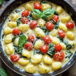 To create a delicious creamy tomato spinach gnocchi, you need a few simple ingredients. Here’s the complete list of what you'll need: - 1 pound potato gnocchi - 2 tablespoons olive oil - 3 cloves garlic, minced - 1 can (14 oz) diced tomatoes, with juice - 1 cup heavy cream - 4 cups fresh spinach - 1 cup grated Parmesan cheese - ½ teaspoon dried oregano - Salt and pepper to taste - Fresh basil for garnish (optional) Using these fresh ingredients makes a big difference. The potato gnocchi gives the dish a light, fluffy texture. Olive oil adds richness, while garlic brings a warm flavor. Diced tomatoes give a lovely base, and heavy cream makes it all smooth and creamy. Fresh spinach adds color and nutrition, and grated Parmesan gives that salty kick. You can find many of these ingredients at your local grocery store. I always recommend using fresh spinach and high-quality tomatoes for the best taste. For a special touch, add fresh basil as a garnish. It adds a pop of flavor and looks beautiful on the plate. If you want the full recipe, check it out for detailed steps! To start, fill a large pot with water and add a generous amount of salt. Bring this water to a rolling boil. Once boiling, add 1 pound of potato gnocchi. Cook the gnocchi according to package instructions. They should float to the top, which takes about 2-3 minutes. When they float, they are ready. Drain them in a colander and set aside. Next, grab a large skillet and set the heat to medium. Pour in 2 tablespoons of olive oil. Once the oil is hot, add 3 cloves of minced garlic. Sauté the garlic for about 1-2 minutes. You want it fragrant and golden, but not browned. Keep an eye on it to avoid burning. Now it's time for the sauce. Pour in a can of diced tomatoes, including the juice. Add ½ teaspoon of dried oregano for flavor. Stir everything well and let it simmer for about 5 minutes. This lets the flavors combine. After that, reduce the heat to low and slowly add in 1 cup of heavy cream. Mix until the sauce is creamy and smooth. Let’s bring it all together. Add 4 cups of fresh spinach to the skillet. Stir until the spinach wilts, which takes about 2-3 minutes. Then, mix in the cooked gnocchi and 1 cup of grated Parmesan cheese. Stir until the cheese melts and coats the gnocchi. Season with salt and pepper to taste. Serve this dish hot and enjoy! For the full recipe, check out the details above. To get the best texture, avoid overcooking the gnocchi. They cook fast, usually in 2-3 minutes. Watch closely for when they float to the top. If they stay too long, they can turn mushy. For homemade gnocchi, use a light hand when mixing. Overworking the dough makes them tough. Also, let the dough rest before rolling. This helps create a better texture. If you want a thicker sauce, simmer it longer to reduce liquid. For a creamier sauce, add more heavy cream. Start with a splash, then taste as you go. For flavor enhancements, try adding fresh herbs or a dash of red pepper flakes. These small changes can make a big impact on taste. Pair this dish with a light salad or garlic bread. Both complement the creamy texture. For garnishes, sprinkle fresh basil or extra Parmesan on top. This adds color and flavor, making your dish pop. You can also drizzle a bit of olive oil for a touch of richness. Enjoy your meal! For the full recipe, check the detailed section above. {{image_2}} You can easily add protein to your creamy tomato spinach gnocchi. Chicken or shrimp are great choices. Just sauté them in the skillet before adding garlic. Cook until they are fully done. Then, you can follow the recipe as usual. If you want a vegetarian option, try adding chickpeas or tofu. They add protein without meat. Switching up the cheese can change the flavor a lot. Try mozzarella for a milder taste. You can also use goat cheese for a tangy twist. If you prefer a vegan version, replace heavy cream with coconut milk or cashew cream. These options keep it rich and creamy without dairy. Adding spices can bring new life to the dish. Red pepper flakes add heat, while a pinch of smoked paprika gives a nice depth. You can also play with herbs. Basil, parsley, or thyme can change the taste profile. Each one brings its own unique flavor to the meal. By exploring these variations, you can make this dish fit your taste perfectly. For the full recipe, check out the detailed instructions. To keep your creamy tomato spinach gnocchi fresh, use airtight containers. Glass or BPA-free plastic containers work great. Make sure to let the dish cool before sealing it. The leftovers stay good in the fridge for about 3 days. After that, the flavors may fade, and the sauce may separate. When you reheat, aim to keep the creaminess intact. The stovetop is best because it warms the dish evenly. Use low heat and stir often to avoid burning. If you use a microwave, cover the dish. Heat in short bursts, stirring in between. This helps maintain that creamy texture. You can freeze this gnocchi dish, but the cream may change. To freeze, let it cool and then place it in a freezer-safe bag. Remove as much air as possible. The dish can last up to 3 months in the freezer. When you’re ready to eat, thaw it in the fridge overnight. Reheat it gently on the stovetop for the best results. Yes, you can use frozen gnocchi. Just cook them straight from the freezer. - Boil water and add the frozen gnocchi. - Cook for about 3-5 minutes until they float. - Drain and follow the recipe as usual. If you need a lighter option, use half-and-half or milk. - For dairy-free, try coconut cream or almond milk. - These will change the flavor slightly but still taste good. Gnocchi cooks quickly. You know it's done when it floats. - Keep an eye on it; this takes about 2-3 minutes. - Once it floats, it's ready to be drained. Yes, you can prepare this dish ahead of time. - Cook the gnocchi and sauce, then store them separately. - Refrigerate them for up to two days. Avoid overcooking the gnocchi; it should be soft but firm. - Don’t skip the salt when boiling water; it adds flavor. - Stir gently when mixing the gnocchi to avoid breaking them. For the full recipe, check the details above and enjoy your cooking! This blog post covered all you need to make a creamy potato gnocchi dish. We explored essential ingredients, cooking steps, and tips for the best texture. You learned how to change up flavors and make it your own with protein and sauce options. We also discussed how to store leftovers for later enjoyment. Remember, practice makes perfect. Avoid common mistakes, and you'll impress everyone with your dish. Enjoy your cooking journey and happy eating!