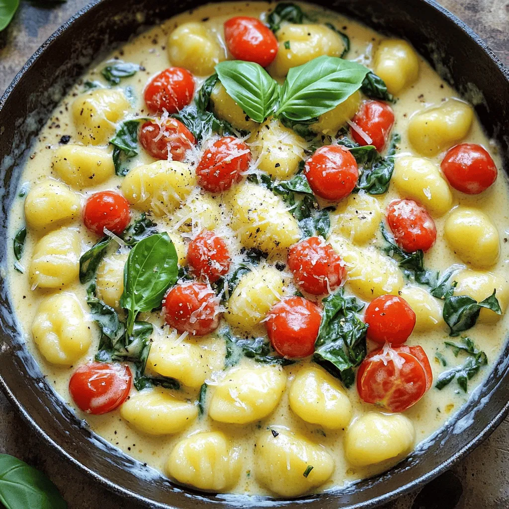 To create a delicious creamy tomato spinach gnocchi, you need a few simple ingredients. Here’s the complete list of what you'll need: - 1 pound potato gnocchi - 2 tablespoons olive oil - 3 cloves garlic, minced - 1 can (14 oz) diced tomatoes, with juice - 1 cup heavy cream - 4 cups fresh spinach - 1 cup grated Parmesan cheese - ½ teaspoon dried oregano - Salt and pepper to taste - Fresh basil for garnish (optional) Using these fresh ingredients makes a big difference. The potato gnocchi gives the dish a light, fluffy texture. Olive oil adds richness, while garlic brings a warm flavor. Diced tomatoes give a lovely base, and heavy cream makes it all smooth and creamy. Fresh spinach adds color and nutrition, and grated Parmesan gives that salty kick. You can find many of these ingredients at your local grocery store. I always recommend using fresh spinach and high-quality tomatoes for the best taste. For a special touch, add fresh basil as a garnish. It adds a pop of flavor and looks beautiful on the plate. If you want the full recipe, check it out for detailed steps! To start, fill a large pot with water and add a generous amount of salt. Bring this water to a rolling boil. Once boiling, add 1 pound of potato gnocchi. Cook the gnocchi according to package instructions. They should float to the top, which takes about 2-3 minutes. When they float, they are ready. Drain them in a colander and set aside. Next, grab a large skillet and set the heat to medium. Pour in 2 tablespoons of olive oil. Once the oil is hot, add 3 cloves of minced garlic. Sauté the garlic for about 1-2 minutes. You want it fragrant and golden, but not browned. Keep an eye on it to avoid burning. Now it's time for the sauce. Pour in a can of diced tomatoes, including the juice. Add ½ teaspoon of dried oregano for flavor. Stir everything well and let it simmer for about 5 minutes. This lets the flavors combine. After that, reduce the heat to low and slowly add in 1 cup of heavy cream. Mix until the sauce is creamy and smooth. Let’s bring it all together. Add 4 cups of fresh spinach to the skillet. Stir until the spinach wilts, which takes about 2-3 minutes. Then, mix in the cooked gnocchi and 1 cup of grated Parmesan cheese. Stir until the cheese melts and coats the gnocchi. Season with salt and pepper to taste. Serve this dish hot and enjoy! For the full recipe, check out the details above. To get the best texture, avoid overcooking the gnocchi. They cook fast, usually in 2-3 minutes. Watch closely for when they float to the top. If they stay too long, they can turn mushy. For homemade gnocchi, use a light hand when mixing. Overworking the dough makes them tough. Also, let the dough rest before rolling. This helps create a better texture. If you want a thicker sauce, simmer it longer to reduce liquid. For a creamier sauce, add more heavy cream. Start with a splash, then taste as you go. For flavor enhancements, try adding fresh herbs or a dash of red pepper flakes. These small changes can make a big impact on taste. Pair this dish with a light salad or garlic bread. Both complement the creamy texture. For garnishes, sprinkle fresh basil or extra Parmesan on top. This adds color and flavor, making your dish pop. You can also drizzle a bit of olive oil for a touch of richness. Enjoy your meal! For the full recipe, check the detailed section above. {{image_2}} You can easily add protein to your creamy tomato spinach gnocchi. Chicken or shrimp are great choices. Just sauté them in the skillet before adding garlic. Cook until they are fully done. Then, you can follow the recipe as usual. If you want a vegetarian option, try adding chickpeas or tofu. They add protein without meat. Switching up the cheese can change the flavor a lot. Try mozzarella for a milder taste. You can also use goat cheese for a tangy twist. If you prefer a vegan version, replace heavy cream with coconut milk or cashew cream. These options keep it rich and creamy without dairy. Adding spices can bring new life to the dish. Red pepper flakes add heat, while a pinch of smoked paprika gives a nice depth. You can also play with herbs. Basil, parsley, or thyme can change the taste profile. Each one brings its own unique flavor to the meal. By exploring these variations, you can make this dish fit your taste perfectly. For the full recipe, check out the detailed instructions. To keep your creamy tomato spinach gnocchi fresh, use airtight containers. Glass or BPA-free plastic containers work great. Make sure to let the dish cool before sealing it. The leftovers stay good in the fridge for about 3 days. After that, the flavors may fade, and the sauce may separate. When you reheat, aim to keep the creaminess intact. The stovetop is best because it warms the dish evenly. Use low heat and stir often to avoid burning. If you use a microwave, cover the dish. Heat in short bursts, stirring in between. This helps maintain that creamy texture. You can freeze this gnocchi dish, but the cream may change. To freeze, let it cool and then place it in a freezer-safe bag. Remove as much air as possible. The dish can last up to 3 months in the freezer. When you’re ready to eat, thaw it in the fridge overnight. Reheat it gently on the stovetop for the best results. Yes, you can use frozen gnocchi. Just cook them straight from the freezer. - Boil water and add the frozen gnocchi. - Cook for about 3-5 minutes until they float. - Drain and follow the recipe as usual. If you need a lighter option, use half-and-half or milk. - For dairy-free, try coconut cream or almond milk. - These will change the flavor slightly but still taste good. Gnocchi cooks quickly. You know it's done when it floats. - Keep an eye on it; this takes about 2-3 minutes. - Once it floats, it's ready to be drained. Yes, you can prepare this dish ahead of time. - Cook the gnocchi and sauce, then store them separately. - Refrigerate them for up to two days. Avoid overcooking the gnocchi; it should be soft but firm. - Don’t skip the salt when boiling water; it adds flavor. - Stir gently when mixing the gnocchi to avoid breaking them. For the full recipe, check the details above and enjoy your cooking! This blog post covered all you need to make a creamy potato gnocchi dish. We explored essential ingredients, cooking steps, and tips for the best texture. You learned how to change up flavors and make it your own with protein and sauce options. We also discussed how to store leftovers for later enjoyment. Remember, practice makes perfect. Avoid common mistakes, and you'll impress everyone with your dish. Enjoy your cooking journey and happy eating!
