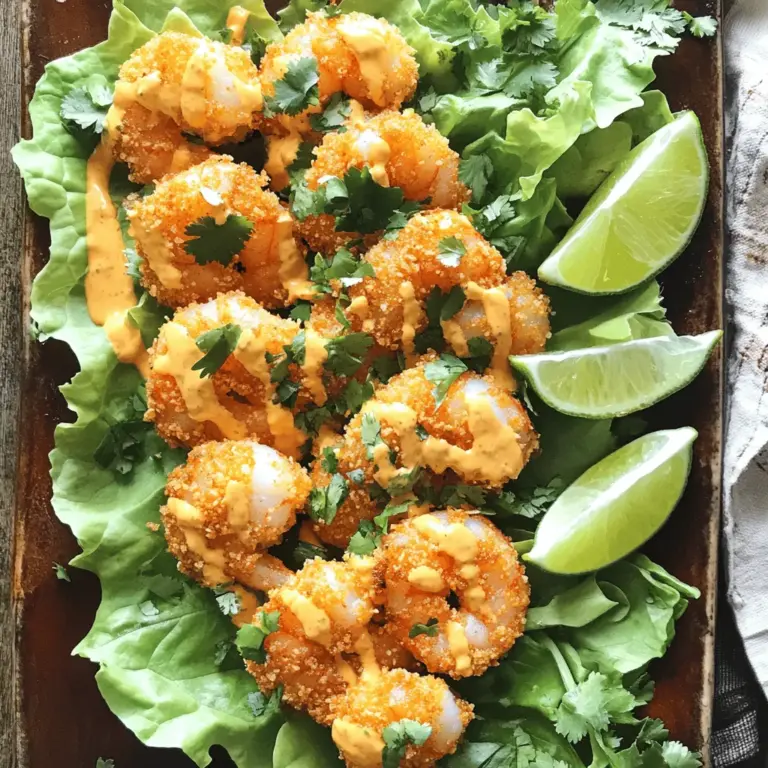 - Large shrimp: I prefer using large shrimp. They have a firm texture and cook evenly. Look for shrimp that are peeled and deveined for easy prep. You can also choose fresh or frozen shrimp based on availability. - Buttermilk: This ingredient is key for marinating shrimp. It helps to tenderize the shrimp, making them soft and juicy. The acidity in buttermilk also adds great flavor. Marinate for at least 30 minutes, but up to 2 hours is even better. - Spices and seasonings: The right mix of spices enhances the flavor. I use paprika, garlic powder, onion powder, black pepper, and cayenne pepper. Each spice adds depth. Adjust cayenne for heat if you like it spicier. - Mayonnaise: This is the base of our sauce. It gives a creamy texture that coats the shrimp perfectly. You can use regular or light mayo, depending on your preference. - Sweet chili sauce: This sauce balances the heat and sweetness in our dish. It adds a nice kick while keeping the sauce flavorful. Look for a brand that has a good balance. - Sriracha: This hot sauce lets you adjust the spice level. Add a little for warmth or more for heat. It gives the sauce a nice flavor punch, making it truly irresistible. Marinating shrimp is key for a tender bite. Buttermilk does magic here. It helps to break down tough proteins. This results in juicy shrimp that melt in your mouth. I recommend marinating the shrimp for at least 30 minutes. You can go up to 2 hours. This gives time for the flavors to soak in. For the coating, mix your dry ingredients well. Use a shallow dish to combine flour, paprika, garlic powder, onion powder, black pepper, and cayenne pepper. This will create a nice, even coating on the shrimp. For the breadcrumbs, I love using panko. They add a great crunch. Place the panko in another shallow dish. This makes it easy to coat each shrimp evenly. Oil temperature is crucial for crispy shrimp. Heat the oil to around 350°F. Use a deep skillet or frying pan. Fry the shrimp in small batches. This helps them cook evenly. Fry for 2-3 minutes until they turn golden brown. Make sure to turn them halfway through. When done, place them on a paper towel-lined plate. This helps drain excess oil. To get the best shrimp, look for a few signs. Well-marinated shrimp will feel firm yet tender. They should have a slight bounce when you touch them. If they feel mushy, they may be over-marinated. Marinate them in buttermilk for a maximum of two hours. This time helps them stay juicy without getting too soft. When frying, avoid overcooking the shrimp. Cook them for just 2-3 minutes per side. Watch for a golden color; that’s your cue to take them out. If you overcook them, they will be tough and chewy. You can choose to bake or fry your shrimp. Baking uses less oil, making it a healthier choice. However, frying gives a crispier texture that many love. If you bake, preheat your oven to 400°F. Place the shrimp on a baking sheet lined with parchment paper. Bake for about 15-20 minutes, flipping halfway. For a lighter coating, try using cornflakes or almond flour instead of regular flour and breadcrumbs. Crush the cornflakes finely for a nice crunch. Almond flour adds a nutty flavor and is gluten-free. Bang Bang Shrimp pairs well with many sides. Serve it with rice or quinoa for a filling meal. Fresh salad also complements the dish nicely. Consider a simple cucumber salad for a cool contrast. For a fun presentation, arrange the shrimp on a large platter. Garnish with lime wedges and chopped cilantro. This adds color and freshness. You can also use crispy lettuce leaves to hold the shrimp for easy eating. {{image_2}} You can change the heat in your Bang Bang Shrimp easily. Adjust the cayenne and sriracha to fit your taste. If you want more heat, add more cayenne. For less heat, reduce the sriracha. I love adding garlic or ginger for extra flavor. These ingredients can give a nice kick without overpowering the dish. If you prefer non-seafood options, try using chicken or tofu. Both choices absorb flavors well and work great in this recipe. For gluten-free options, swap all-purpose flour with cornstarch or almond flour. You can also use gluten-free breadcrumbs instead of panko. These swaps keep the meal tasty and accessible for everyone. Bang Bang Shrimp can take inspiration from local cuisines. In some areas, chefs add coconut milk for a tropical twist. Other regions might use spicy herbs from their culture. Explore different spice blends to create a dish that reflects your culinary roots. Each version tells a story and keeps your meals exciting. To keep Bang Bang Shrimp fresh, place leftovers in an airtight container. Store them in the fridge. Make sure they cool down before sealing. This method prevents moisture buildup. The shrimp can stay fresh for up to three days. When reheating, use an oven or air fryer. This keeps the shrimp crispy. Preheat the oven to 375°F. Place the shrimp on a baking sheet. Heat for about 10 minutes or until warm. Avoid microwaving, as it makes them soggy. You can freeze Bang Bang Shrimp before or after cooking. If you freeze before cooking, coat the shrimp in flour and breadcrumbs. Place them in a single layer on a baking sheet. Freeze until solid then transfer them to a freezer bag. This keeps them from sticking together. If you freeze after cooking, let them cool completely. Store in an airtight container or freezer bag. They can last for up to three months. To thaw, place the shrimp in the fridge overnight. You can also use the microwave's defrost setting. Reheat as mentioned earlier for best results. Bang Bang Shrimp lasts three days in the fridge. If stored properly in the freezer, they can last up to three months. Always check for any off smells or changes in texture before eating. Your shrimp should always look and smell fresh! Bang Bang Shrimp is a crispy shrimp dish tossed in a creamy, spicy sauce. It became popular in American cuisine at seafood restaurants. The name comes from the way the shrimp are cooked and the vibrant flavors. This dish combines Asian and American styles, making it fun and tasty. Yes, you can use frozen shrimp. Just make sure to thaw them first. To thaw shrimp, place them in the fridge overnight or run them under cold water for about 10 minutes. Before cooking, pat them dry with a paper towel. This helps the coating stick. Bang Bang Shrimp can be spicy, but you can control the heat. The cayenne pepper and sriracha add the spice. To make it milder, you can reduce these ingredients. Taste the sauce before serving to find the right heat for you. Enjoy your Bang Bang Shrimp with the perfect level of spice! For the complete recipe, check out the Full Recipe to create your own delicious Bang Bang Shrimp at home. Bang Bang Shrimp combines fresh shrimp and flavorful sauce for a tasty dish. We explored key ingredients like buttermilk for marinating the shrimp. I shared tips on frying for that perfect crunch and alternative methods like baking. If you're feeling creative, variations allow customization for spice levels and substitutions. Lastly, storing your leftovers correctly keeps them fresh longer. Enjoy making this dish at home, and let your meals impress your friends and family!