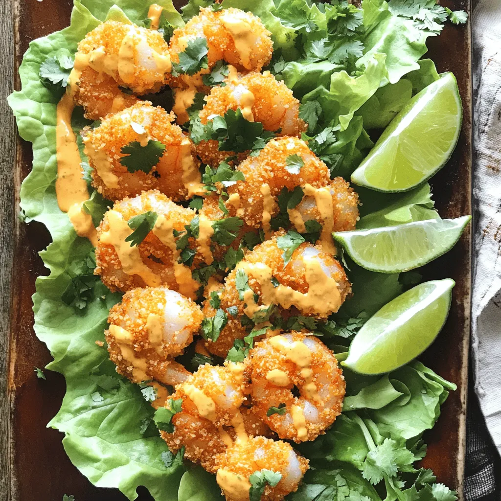 - Large shrimp: I prefer using large shrimp. They have a firm texture and cook evenly. Look for shrimp that are peeled and deveined for easy prep. You can also choose fresh or frozen shrimp based on availability. - Buttermilk: This ingredient is key for marinating shrimp. It helps to tenderize the shrimp, making them soft and juicy. The acidity in buttermilk also adds great flavor. Marinate for at least 30 minutes, but up to 2 hours is even better. - Spices and seasonings: The right mix of spices enhances the flavor. I use paprika, garlic powder, onion powder, black pepper, and cayenne pepper. Each spice adds depth. Adjust cayenne for heat if you like it spicier. - Mayonnaise: This is the base of our sauce. It gives a creamy texture that coats the shrimp perfectly. You can use regular or light mayo, depending on your preference. - Sweet chili sauce: This sauce balances the heat and sweetness in our dish. It adds a nice kick while keeping the sauce flavorful. Look for a brand that has a good balance. - Sriracha: This hot sauce lets you adjust the spice level. Add a little for warmth or more for heat. It gives the sauce a nice flavor punch, making it truly irresistible. Marinating shrimp is key for a tender bite. Buttermilk does magic here. It helps to break down tough proteins. This results in juicy shrimp that melt in your mouth. I recommend marinating the shrimp for at least 30 minutes. You can go up to 2 hours. This gives time for the flavors to soak in. For the coating, mix your dry ingredients well. Use a shallow dish to combine flour, paprika, garlic powder, onion powder, black pepper, and cayenne pepper. This will create a nice, even coating on the shrimp. For the breadcrumbs, I love using panko. They add a great crunch. Place the panko in another shallow dish. This makes it easy to coat each shrimp evenly. Oil temperature is crucial for crispy shrimp. Heat the oil to around 350°F. Use a deep skillet or frying pan. Fry the shrimp in small batches. This helps them cook evenly. Fry for 2-3 minutes until they turn golden brown. Make sure to turn them halfway through. When done, place them on a paper towel-lined plate. This helps drain excess oil. To get the best shrimp, look for a few signs. Well-marinated shrimp will feel firm yet tender. They should have a slight bounce when you touch them. If they feel mushy, they may be over-marinated. Marinate them in buttermilk for a maximum of two hours. This time helps them stay juicy without getting too soft. When frying, avoid overcooking the shrimp. Cook them for just 2-3 minutes per side. Watch for a golden color; that’s your cue to take them out. If you overcook them, they will be tough and chewy. You can choose to bake or fry your shrimp. Baking uses less oil, making it a healthier choice. However, frying gives a crispier texture that many love. If you bake, preheat your oven to 400°F. Place the shrimp on a baking sheet lined with parchment paper. Bake for about 15-20 minutes, flipping halfway. For a lighter coating, try using cornflakes or almond flour instead of regular flour and breadcrumbs. Crush the cornflakes finely for a nice crunch. Almond flour adds a nutty flavor and is gluten-free. Bang Bang Shrimp pairs well with many sides. Serve it with rice or quinoa for a filling meal. Fresh salad also complements the dish nicely. Consider a simple cucumber salad for a cool contrast. For a fun presentation, arrange the shrimp on a large platter. Garnish with lime wedges and chopped cilantro. This adds color and freshness. You can also use crispy lettuce leaves to hold the shrimp for easy eating. {{image_2}} You can change the heat in your Bang Bang Shrimp easily. Adjust the cayenne and sriracha to fit your taste. If you want more heat, add more cayenne. For less heat, reduce the sriracha. I love adding garlic or ginger for extra flavor. These ingredients can give a nice kick without overpowering the dish. If you prefer non-seafood options, try using chicken or tofu. Both choices absorb flavors well and work great in this recipe. For gluten-free options, swap all-purpose flour with cornstarch or almond flour. You can also use gluten-free breadcrumbs instead of panko. These swaps keep the meal tasty and accessible for everyone. Bang Bang Shrimp can take inspiration from local cuisines. In some areas, chefs add coconut milk for a tropical twist. Other regions might use spicy herbs from their culture. Explore different spice blends to create a dish that reflects your culinary roots. Each version tells a story and keeps your meals exciting. To keep Bang Bang Shrimp fresh, place leftovers in an airtight container. Store them in the fridge. Make sure they cool down before sealing. This method prevents moisture buildup. The shrimp can stay fresh for up to three days. When reheating, use an oven or air fryer. This keeps the shrimp crispy. Preheat the oven to 375°F. Place the shrimp on a baking sheet. Heat for about 10 minutes or until warm. Avoid microwaving, as it makes them soggy. You can freeze Bang Bang Shrimp before or after cooking. If you freeze before cooking, coat the shrimp in flour and breadcrumbs. Place them in a single layer on a baking sheet. Freeze until solid then transfer them to a freezer bag. This keeps them from sticking together. If you freeze after cooking, let them cool completely. Store in an airtight container or freezer bag. They can last for up to three months. To thaw, place the shrimp in the fridge overnight. You can also use the microwave's defrost setting. Reheat as mentioned earlier for best results. Bang Bang Shrimp lasts three days in the fridge. If stored properly in the freezer, they can last up to three months. Always check for any off smells or changes in texture before eating. Your shrimp should always look and smell fresh! Bang Bang Shrimp is a crispy shrimp dish tossed in a creamy, spicy sauce. It became popular in American cuisine at seafood restaurants. The name comes from the way the shrimp are cooked and the vibrant flavors. This dish combines Asian and American styles, making it fun and tasty. Yes, you can use frozen shrimp. Just make sure to thaw them first. To thaw shrimp, place them in the fridge overnight or run them under cold water for about 10 minutes. Before cooking, pat them dry with a paper towel. This helps the coating stick. Bang Bang Shrimp can be spicy, but you can control the heat. The cayenne pepper and sriracha add the spice. To make it milder, you can reduce these ingredients. Taste the sauce before serving to find the right heat for you. Enjoy your Bang Bang Shrimp with the perfect level of spice! For the complete recipe, check out the Full Recipe to create your own delicious Bang Bang Shrimp at home. Bang Bang Shrimp combines fresh shrimp and flavorful sauce for a tasty dish. We explored key ingredients like buttermilk for marinating the shrimp. I shared tips on frying for that perfect crunch and alternative methods like baking. If you're feeling creative, variations allow customization for spice levels and substitutions. Lastly, storing your leftovers correctly keeps them fresh longer. Enjoy making this dish at home, and let your meals impress your friends and family!