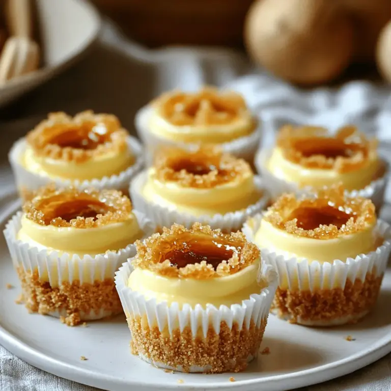 To make mini crème brûlée cheesecakes, gather these simple ingredients: - 1 cup graham cracker crumbs - 1/4 cup unsalted butter, melted - 2 tablespoons brown sugar - 16 oz cream cheese, softened - 1/2 cup granulated sugar - 1 teaspoon vanilla extract - 3 large eggs - 1 cup heavy cream - 1/4 cup granulated sugar (for topping) You can swap some ingredients if needed: - Use coconut oil instead of butter for a dairy-free option. - Substitute honey or maple syrup for granulated sugar for a different sweetness. - Greek yogurt can replace some cream cheese for a lighter cheesecake. Quality matters in this recipe. Here’s what to consider: - Use fresh cream cheese for the best flavor and texture. - Choose unsalted butter for better control over the sweetness. - Select high-quality vanilla extract for rich aroma and taste. - Look for heavy cream with a high fat content for a creamy filling. You can find the Full Recipe for detailed instructions and tips. Enjoy making these delightful treats! First, preheat your oven to 325°F (163°C). Grab a mixing bowl and add: - 1 cup graham cracker crumbs - 1/4 cup unsalted butter, melted - 2 tablespoons brown sugar Mix these ingredients until they look crumbly. The butter should coat the crumbs well. Next, line a muffin tin with cupcake liners. Press about 1 tablespoon of this mixture into the bottom of each liner. Make sure it’s even and compact. Bake for 5-7 minutes, or until golden brown. Take them out and let them cool. Now, let’s make the filling. In a large mixing bowl, beat: - 16 oz cream cheese, softened - 1/2 cup granulated sugar Do this at medium speed until it becomes smooth. Then, add 1 teaspoon of vanilla extract and mix well. Next, add 3 large eggs one at a time. Mix on low speed after each egg. Be careful to not overmix. Finally, pour in 1 cup of heavy cream. Blend until the mixture is silky smooth. Time to fill the cups! Pour the cheesecake mixture over each crust. Fill them about 3/4 full. Bake in the oven for about 20-25 minutes. The edges should be set, but the center should jiggle a bit. Once done, turn off the oven. Crack the door open and let the cheesecakes cool for about 1 hour. After that, put them in the fridge. Chill them for at least 4 hours or, even better, overnight. This helps them firm up nicely. For the final touch, sprinkle a thin layer of sugar on top before serving. Use a kitchen torch to burn the sugar until it is golden and crispy. If you don’t have a torch, you can use a broiler for a minute or two. Just keep a close eye on it to prevent burning. Enjoy your mini crème brûlée cheesecakes! For the full recipe, check out the details above. To get that rich and creamy texture, start with softened cream cheese. It blends easily and avoids lumps. Mix the cream cheese with sugar until it’s smooth. Then, slowly add the eggs. Mixing too fast can add air, making your cheesecakes puff up. A gentle touch keeps them dense and creamy. For a perfect brûlée top, sprinkle sugar evenly over each cheesecake. Use about one teaspoon per cheesecake. A kitchen torch works best for caramelizing the sugar. Hold the torch a few inches above the sugar and move it in circles. If you don’t have a torch, you can use a broiler. Just keep a close watch to avoid burning. Avoid overmixing the batter. This can lead to cracks in your cheesecakes. Also, don’t skip the chilling step. Chilling helps set the cheesecakes, making them easier to serve. Lastly, use fresh ingredients for the best flavor. You can find the full recipe [here](link-to-full-recipe). {{image_2}} You can get creative with flavors in your mini crème brûlée cheesecakes. Try adding melted chocolate for a rich, chocolate cheesecake. Just mix 4 oz of melted chocolate into the cream cheese mixture. For a fruity twist, add pureed fruits like strawberries or raspberries. Use about 1/2 cup of fruit puree. This adds a fresh taste and bright color. While the classic brûlée topping is great, you can switch it up. Top your cheesecakes with fresh fruit, like berries or sliced kiwi. You can also use crushed cookies or nuts for a crunchy texture. Another option is to add a drizzle of chocolate or caramel sauce for extra sweetness. If you need a gluten-free version, swap the graham cracker crumbs for gluten-free cookies or almond flour. Make sure to check the labels on all ingredients, especially for the cream cheese and toppings. This way, everyone can enjoy these delicious desserts without worry. For the full recipe, check out the [Full Recipe]. To keep your mini crème brûlée cheesecakes fresh, store them in the fridge. Place them in an airtight container. This will prevent them from drying out and absorbing other smells. If you haven’t brûléed the tops yet, wait until you are ready to serve. The sugar will stay crisp this way. You can freeze these cheesecakes if you want to save some for later. Wrap each cheesecake tightly in plastic wrap. Then, place them in a freezer-safe container. They can last up to three months in the freezer. When you want to enjoy a cheesecake, let it thaw in the fridge overnight. In the fridge, these mini cheesecakes last about four to five days. After that, they may lose their creamy texture and flavor. Always check for any off smells or changes in texture before eating. For the best taste, enjoy them fresh! You can find the full recipe for these delicious treats to get started on your own batch. Yes, you can make mini crème brûlée cheesecakes ahead of time. They chill well in the fridge for up to three days. This makes them perfect for parties or special events. Just remember to brûlée the tops right before serving. This keeps the sugar crisp and fresh. To check if they are done, look for set edges. The center should still jiggle a bit. This slight jiggle means they will firm up while cooling. Overbaking can lead to cracks, so keep an eye on them! If you lack a kitchen torch, don’t worry. You can use your oven’s broiler. Just sprinkle sugar on top, then place the cheesecakes under the broiler. Watch closely! It only takes a minute or two to caramelize the sugar. This method gives you a nice brûlée finish. You can find the full recipe for these delightful treats in the previous sections. Enjoy making them! You learned how to make mini cheesecakes. We covered ingredients, steps, and tips for success. Ingredients matter; choose quality for the best taste. Follow the steps to prepare the crust and filling. Remember, baking time affects texture. Don’t forget variations like chocolate or fruit to keep it fun. Store them properly to enjoy later. Now, you're ready to impress with your tasty mini cheesecakes. Enjoy making them!