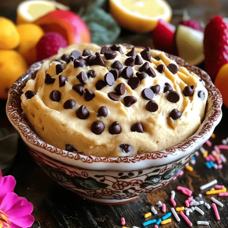 - 1 cup all-purpose flour (heat-treated) - 1/2 cup brown sugar - 1/2 cup granulated sugar - 1/2 cup unsalted butter, softened - 1 teaspoon vanilla extract - 1/4 teaspoon salt - 1 cup chocolate chips - 1/3 cup cream cheese, softened - 1/4 cup milk - Nuts (e.g., walnuts or pecans) - Sprinkles for garnish - Additional chocolate chunks When I make this dip, I start with the required ingredients. Heat the flour first. This step is key. Raw flour can have bacteria. Heat-treating it makes it safe to eat. I bake the flour for about 5-7 minutes at 350°F (175°C). Let it cool before mixing. Next, I blend the softened butter with the sugars. This creates a creamy texture. I add the cream cheese and vanilla next. These flavors blend perfectly. Then, I mix in the heat-treated flour and salt. It is important not to over-mix at this stage. Finally, I fold in chocolate chips. This makes it extra yummy! If the dip is too thick, I slowly add milk. This helps me get the right consistency. Trust me, the dip is best when chilled for at least 30 minutes. This lets the flavors mix well. For fun, consider adding optional ingredients. Nuts add crunch. Sprinkles make it look festive. Extra chocolate chunks boost the chocolatey taste. You can find the full recipe to try this at home! To make the dip safe, we need to heat-treat the flour. Preheat your oven to 350°F (175°C). Spread one cup of all-purpose flour evenly on a baking sheet. Bake the flour for about 5 to 7 minutes. This process kills any harmful bacteria in raw flour. Once done, let it cool before using it in the dip. Start by creaming the butter and sugars. In a large bowl, beat half a cup of softened butter with half a cup of brown sugar and half a cup of granulated sugar. Mix them together until the blend is light and fluffy. This takes about 2 to 3 minutes. Next, we need to add cream cheese and vanilla. Take one-third cup of softened cream cheese and one teaspoon of vanilla extract. Add these to the bowl. Beat everything until the mixture is smooth and fully combined. Now, we will incorporate the dry ingredients. Gradually add the cooled, heat-treated flour and a quarter teaspoon of salt to the mixture. Stir it with a spatula or mix on low speed until everything is just combined. After that, it's time to fold in the chocolate chips. Add one cup of chocolate chips to the bowl. Gently fold them in, making sure they are evenly mixed throughout the cookie dough dip. Sometimes, the dip can be too thick. If that happens, mix in milk to adjust the texture. Add a quarter cup of milk slowly, one tablespoon at a time. Keep mixing until you reach the perfect dip thickness. You want it to be creamy but not runny. Chilling the dip lets the flavors mix well. Cover the bowl with plastic wrap and refrigerate it for at least 30 minutes. This time helps the dip firm up. For serving, I recommend using graham crackers, pretzels, or fresh fruit. Serve the dip in a fun bowl and sprinkle some chocolate chips on top for a decorative touch. Add colorful fruit or sprinkles around the bowl to make it look even more inviting. Check out the Full Recipe for more details! To keep your chocolate chip cookie dough dip fresh, store it in an airtight container. Place it in the fridge right after serving. It stays good for about 3 to 5 days. If you see any change in color or smell, it’s time to toss it. What should you dip into this treat? I love using: - Graham crackers - Pretzels - Fresh fruit like apple slices and strawberries Try different dippers for fun! Each adds a new twist to your experience. Want to prepare this dip in advance? You can! Make it up to two days ahead. Just follow the recipe, chill it, and cover it well. When it’s time to serve, just pull it from the fridge and enjoy. It’s super easy! {{image_2}} You can make your chocolate chip cookie dough dip even more fun. Try adding different extracts to change the taste. Almond extract gives a nutty kick. Hazelnut brings a rich flavor. Just add about half a teaspoon of any extract you like. Mix it in when you add the vanilla. This simple swap makes your dip unique. If you want a lighter dip, you can make easy swaps. Use coconut sugar instead of brown and granulated sugars. It cuts down on refined sugar and adds a nice flavor. For a gluten-free version, try almond flour instead of all-purpose flour. You can also use Greek yogurt instead of cream cheese. This adds protein and lowers the fat content. Seasonal dips can be a hit at parties. For Halloween, add orange and black sprinkles. For Christmas, mix in crushed peppermint. You can even use food coloring to make the dip festive for holidays. Think of the colors and flavors of each season. Themed dips can make your gatherings extra special and fun. Check out the Full Recipe for all the details on this delicious treat! One serving of chocolate chip cookie dough dip is about 1/4 cup. Each serving has around 200 calories. This number can change based on your choice of dippers. If you use graham crackers, the calories will rise. This dip has ingredients that add flavor and some nutrition. - All-purpose flour: Provides carbs for energy. Heat-treating it reduces bacteria risk. - Brown and granulated sugar: These sweeteners give energy but watch the quantity. - Unsalted butter: Offers good fats, adding to taste and texture. - Vanilla extract: Adds flavor and may have some antioxidants. - Chocolate chips: Dark chocolate can be a good source of antioxidants and may improve mood. - Cream cheese: Brings creaminess and offers some protein. - Milk: Adds calcium and helps with consistency. This recipe contains several common allergens: - Gluten: From all-purpose flour. - Dairy: From butter, cream cheese, and milk. - Soy: Found in some chocolate chips. Always check labels for specific allergens. If you serve this dip, inform guests about these ingredients. Yes, you can eat cookie dough dip raw. However, there are safety concerns. Raw flour can contain harmful bacteria. To make it safer, heat-treat the flour before using it in the dip. This process helps kill any bacteria. I recommend baking it for 5-7 minutes at 350°F (175°C). Let it cool before adding it to your dip. Chocolate chip cookie dough dip lasts about 3 to 5 days in the fridge. Make sure to store it in an airtight container. This helps keep it fresh and safe to eat. If you notice any changes in smell or texture, it is best to toss it out. Yes, you can freeze chocolate chip cookie dough dip. To freeze, place it in an airtight container. It can last for about 2 to 3 months in the freezer. When you are ready to eat it, thaw it in the fridge overnight. Once thawed, stir it well to get the right consistency again. You can serve chocolate chip cookie dough dip with many fun dippers. Here are some ideas: - Graham crackers - Pretzels - Fresh fruit (like apple slices or banana) - Vanilla wafers - Mini marshmallows These options add fun flavors and textures. Enjoy experimenting with what you like best! For the full recipe, check out the details above. You now have all you need to make a tasty cookie dough dip. We covered the essential ingredients, mixing steps, and helpful tips to perfect your dip. Don't forget the optional add-ins to make it your own. Remember, this dip works great for any occasion. Now you can enjoy it with fun dippers like crackers or fruits. Have fun creating different flavors and serving ideas. Each bite will bring a smile to everyone. Enjoy making and sharing this delightful treat!