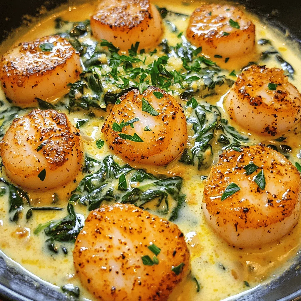 - 1 lb scallops, cleaned and patted dry - 2 tablespoons Cajun seasoning - 2 tablespoons olive oil - 1 tablespoon butter - 3 cloves garlic, minced - 1 cup heavy cream - 1/2 cup chicken broth - 1/2 cup spinach, roughly chopped - 1/4 cup grated Parmesan cheese - Salt and pepper, to taste - Fresh parsley, chopped for garnish To make Cajun scallops in creamy sauce, you need some key ingredients. First, the scallops are the star of the dish. They should be fresh and cleaned well. Cajun seasoning gives a nice kick to the scallops, making them flavorful. Olive oil and butter add richness and help with cooking. Garlic adds aroma and taste, while heavy cream makes the sauce thick and smooth. Chicken broth adds depth to the sauce. Spinach gives a pop of color and nutrition. Grated Parmesan cheese finishes the sauce with a salty touch. Finally, don’t forget salt, pepper, and fresh parsley for garnish. - Large skillet - Tongs or spatula - Measuring cups and spoons - Knife and cutting board Having the right tools makes cooking easier. A large skillet is perfect for searing the scallops and making the sauce. Tongs or a spatula help flip the scallops without breaking them. Measuring cups and spoons ensure you add the right amounts. A knife and cutting board are essential for chopping garlic and spinach. With these tools, you'll create a dish that impresses everyone at the table. For the full recipe, refer to the provided details. First, you need to toss the scallops in Cajun seasoning. Make sure they are well-coated. This adds a nice kick to each bite. Next, heat olive oil in a large skillet over medium-high heat. It should shimmer before you add anything. This step is key for a great sear. Now, add the scallops to the skillet. Sear them for 2-3 minutes on each side. You want a nice golden color. Be careful not to overcrowd the pan; this helps them cook evenly. Once they are done, remove them and set aside. This is an important step to keep them tender. In the same skillet, add butter and let it melt. Once melted, sauté minced garlic for about 30 seconds. You want it to smell nice. Then, pour in chicken broth and scrape the bottom of the skillet. This adds great flavor. Next, stir in heavy cream and let the sauce thicken. This takes about 3-4 minutes. Now, add the spinach and Parmesan cheese. Stir until the spinach wilts. Lastly, return the scallops to the skillet. Gently fold them into the sauce and warm through for about a minute. This ensures each scallop gets that creamy goodness. For a full recipe, you can refer back to the beginning. To get a good sear on your scallops, avoid overcrowding the pan. If you add too many, they will steam instead of sear. This will ruin the nice crust you want. Use medium-high heat for optimal caramelization. This high heat helps brown the scallops and enhances their flavor. You can experiment with different Cajun seasonings to find what you like best. Some may prefer it spicier, while others may want a milder taste. You can also substitute ingredients for your personal taste. For example, try using lemon juice for a bright kick or different herbs for a fresh twist. I find this dish is best served over pasta or rice. The creamy sauce clings to the noodles or grains, making every bite rich and satisfying. You can also incorporate vegetables for a balanced meal. Adding steamed broccoli or sautéed bell peppers can brighten the plate and add fiber. For the full recipe, check out the section above. {{image_2}} You can change the protein in this dish. Substitute scallops with shrimp for a sweet touch. Shrimp cooks fast and pairs well with the sauce. You can also use chicken if you prefer. Chicken adds a hearty flavor. For a lighter meal, choose fish like tilapia or cod. Fish cooks quickly and absorbs the creamy sauce well. If you want a twist on the cream sauce, swap heavy cream for coconut milk. Coconut milk adds a light sweetness and a hint of tropical flavor. You can also try cashew cream for a nutty taste. For a richer flavor, add a splash of white wine. The wine adds depth and pairs well with Cajun spices. You can adjust the heat in your Cajun seasoning. If you want it spicy, add more seasoning. For a milder taste, use less or choose a mild blend. You can also add fresh herbs like parsley for a fresh taste. This gives you control over the dish's flavor and makes it yours. Store any leftovers in an airtight container. This keeps the scallops fresh and tasty. They are best consumed within 2-3 days. You want to enjoy their rich flavor while it lasts. Gently reheat the dish on the stovetop. This method helps maintain the scallops' texture. Avoid using a microwave. Microwaving can make the scallops tough and rubbery. Freezing is not recommended for cooked scallops. They lose their great texture when thawed. If you want to freeze the sauce, do so but separate it from the scallops before storage. This way, you can enjoy the sauce later without losing quality. For the full recipe, check the mentioned section. - Prep time: 10 minutes, Total time: 25 minutes - Yes, but ensure they are fully thawed before cooking. - Options include half-and-half or dairy-free alternatives like coconut cream. - Increase the Cajun seasoning or add a dash of hot sauce. - Yes, all listed ingredients are gluten-free. Each question helps you get the most from your cooking. I want you to enjoy every bite of Cajun scallops in creamy sauce. For the full recipe, check out the earlier section. Cooking is all about fun and flavor! In this post, we explored making Cajun Scallops in Creamy Sauce. You learned about the essential ingredients, kitchen tools, and step-by-step instructions. I shared tips on perfecting the searing process and suggested variations to suit your taste. Remember, you can store leftovers easily and adjust flavors as you like. Enjoy crafting this delicious dish that’s quick and satisfying. With practice, you’ll impress family and friends with your cooking skills. Dive in and have fun experimenting in the kitchen!