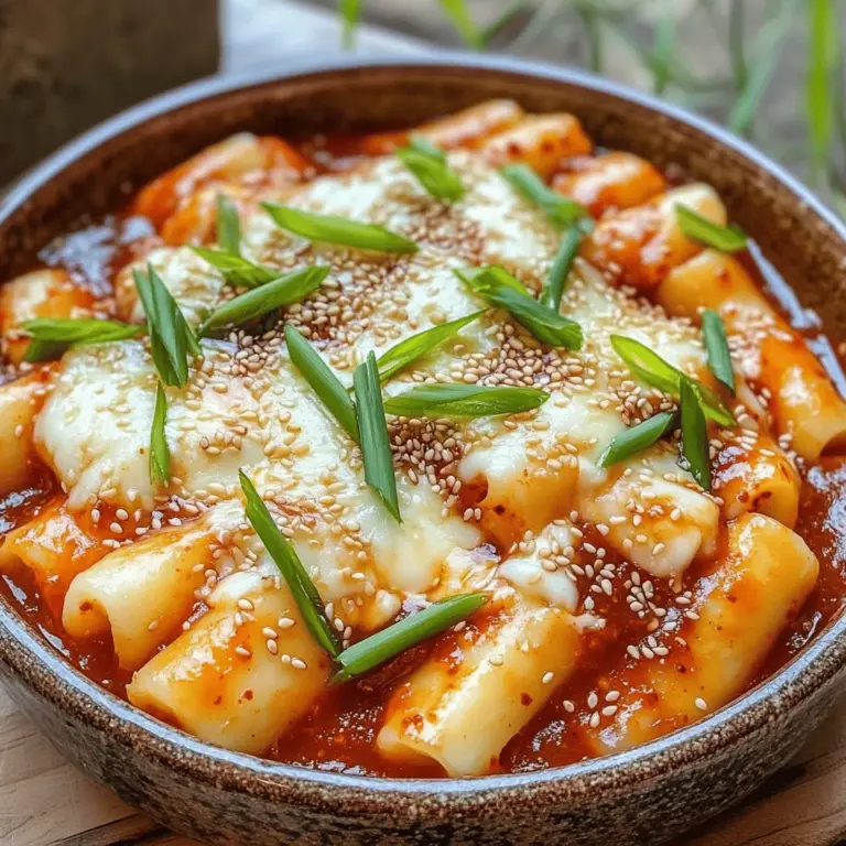 To make Cheese Tteokbokki, you need a few key ingredients. These ingredients create the warm and comforting flavors that make this dish so special. Here’s what you will need: - 300g Korean rice cakes (tteok) - 1 tablespoon vegetable oil - 2 cups water - 3 tablespoons gochujang (Korean red chili paste) - 1 tablespoon gochugaru (Korean red pepper flakes) - 2 tablespoons sugar - 1 tablespoon soy sauce - 1 cup mozzarella cheese, shredded - 1 green onion, sliced - 1 boiled egg (optional) - Sesame seeds for garnish These ingredients are easy to find in most Asian grocery stores. The rice cakes are the star of the dish, giving it a chewy texture. The gochujang adds a spicy kick, while the cheese brings a creamy touch. If you can’t find some ingredients, don’t worry! You can make swaps to suit your taste or availability: - Rice Cakes: You can use other types of rice cakes or even pasta if needed. - Gochujang: If you can't find gochujang, try using sriracha mixed with soy sauce for a similar flavor. - Mozzarella: Any melting cheese works well. You can try cheddar or a mix of cheeses. - Vegetable Oil: Can be replaced with olive oil or sesame oil for a different flavor. - Sugar: If you want a healthier option, use honey or maple syrup. These swaps can still keep your dish delicious while catering to what you have on hand. Having the right tools makes cooking easier and more fun. For Cheese Tteokbokki, you will need: - Medium saucepan - Wooden spoon or spatula - Measuring cups and spoons - Knife and cutting board - Serving dish or bowl These tools help you prepare and cook the dish smoothly. A good saucepan is especially important for cooking the rice cakes and sauce evenly. If you want to dive deeper into the recipe, check out the Full Recipe. To start, take your Korean rice cakes. If they are hard or cold, soak them in warm water. This softens them nicely. Let them sit in the warm water for about 30 minutes. This step is key for a great texture. Next, grab a medium saucepan. Heat up the vegetable oil over medium heat. Once hot, add the gochujang and gochugaru. These ingredients give the dish its rich, spicy taste. Stir in the sugar and soy sauce. Mix well and cook for 1-2 minutes. You want the sauce to smell great. Then pour in 2 cups of water. Bring the mixture to a simmer. Keep stirring until the sauce is smooth and the sugar is gone. Now it’s time to cook the rice cakes. Add the softened rice cakes to the sauce. Stir and cook for about 8-10 minutes. This will heat the rice cakes and let them soak up the flavor. When they’re nice and warm, sprinkle the shredded mozzarella cheese on top. Cover the pan with a lid. Let it cook for another 2-3 minutes. This will melt the cheese perfectly. After that, remove the pan from heat and stir gently. Mix the melted cheese with the rice cakes and sauce. For a fresh touch, add sliced green onions. If you like, top with a boiled egg and sesame seeds for garnish. Enjoy your Cheese Tteokbokki Delight! For the full recipe, check [Full Recipe]. To get that gooey cheese melt, choose good mozzarella. Fresh mozzarella works best, but shredded is fine too. Add the cheese right at the end of cooking. Cover the pan to trap heat. This helps melt the cheese faster. Let it sit for a minute before serving. The cheese will stretch beautifully when you scoop it out. One common mistake is adding too much water. This can make the dish watery. Always measure your water. Another mistake is cooking the rice cakes too long. They should be soft but not mushy. Stir gently to avoid breaking them apart. Lastly, don’t skip the toppings like green onions and sesame seeds. They add flavor and make it look nice. Serve your Cheese Tteokbokki hot in a shallow bowl. This lets the cheese shine. Pair it with a sliced boiled egg for extra protein. You can also add some pickled radish on the side. It gives a nice crunch and balances the flavors. For drinks, try a sweet soda or iced tea. These pair well with the spicy cheese. For the full recipe, check the earlier section. {{image_2}} You can enjoy Cheese Tteokbokki without meat. Use fresh vegetables instead. Try adding mushrooms, zucchini, or bell peppers. These veggies will add flavor and texture. You can also toss in tofu for protein. It absorbs the sauce well and adds creaminess. If you want to add meat or seafood, you have great options. Chicken or beef slices work well. Cook the meat in the sauce before adding rice cakes. Shrimp and squid are also tasty choices. They cook quickly and blend well with the flavors. Just remember to adjust cooking time. You want everything to be tender and flavorful. The heat in your Cheese Tteokbokki is easy to control. Use less gochujang for a milder taste. You can also add more sugar to balance the spice. If you love heat, add extra gochugaru. Experiment with your favorite spice levels. This dish is all about what you enjoy! Storing leftover Cheese Tteokbokki is easy. First, let it cool to room temperature. Then, place it in an airtight container. This helps keep the flavors fresh. You can store it in the fridge for up to three days. If you want to keep it longer, freezing is an option. To reheat your Cheese Tteokbokki, use a pan on low heat. Add a splash of water to help steam it. Stir frequently to avoid burning. You can also microwave it. Just cover it with a damp paper towel. Heat in short bursts, stirring in between. This keeps the cheese creamy and tasty. Yes, you can freeze Cheese Tteokbokki! First, let it cool completely. Then, place it in a freezer-safe container. Make sure to seal it well. It can last for up to a month. When you're ready to eat, thaw it overnight in the fridge. Reheat it slowly on the stove for the best taste. This way, you can enjoy your Cheese Tteokbokki later without losing its charm! For the full recipe, check out the previous sections. Cheese Tteokbokki is a Korean dish. It features chewy rice cakes in a spicy sauce. You mix in melted cheese to make it creamy. The dish is warm, filling, and fun to eat. It is popular as a street food snack. People love its balance of spice and cheese. Yes, you can make Cheese Tteokbokki without gochujang. If you need a milder flavor, try using a different sauce. You can use chili sauce or even a sweet soy sauce. Adjust the amount of sugar to keep balance. This way, you still get a tasty dish. Cheese Tteokbokki pairs well with many sides. You can serve it with pickled radish for crunch. A fresh salad adds a nice touch too. Try it with fried fish cakes for a classic combo. You can also enjoy it with a cold drink. Each side enhances the dish's flavor! Cheese Tteokbokki combines chewy rice cakes, savory sauce, and gooey cheese. You can adjust ingredients and spice levels to fit your taste. Remember to use the right kitchen tools for easy cooking. Avoid common mistakes for the best results. Store leftovers properly to enjoy later. Cheese Tteokbokki is a fun dish to share. Now, you can impress your friends with your new skills. Enjoy experimenting with flavors and serving ideas in your kitchen!