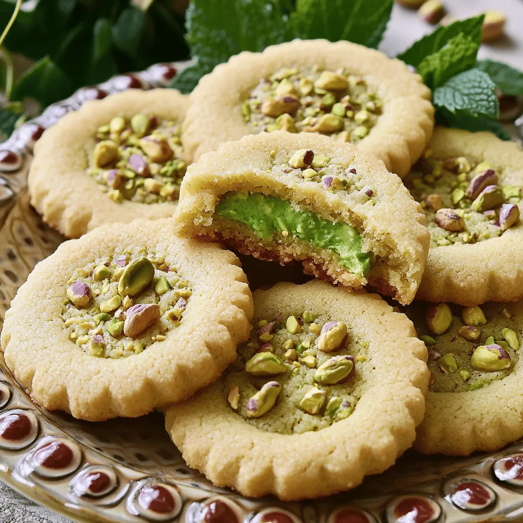 To make delicious pistachio cream cookies, you need these key ingredients: - 1 cup unsalted butter, softened - 1 cup powdered sugar - 1 teaspoon vanilla extract - 2 cups all-purpose flour - 1/2 teaspoon baking soda - 1/4 teaspoon salt - 1/2 cup pistachios, shelled and finely chopped - 1/2 cup cream cheese, softened - 1/4 cup maple syrup - Extra crushed pistachios for garnish Each ingredient plays an important role. The unsalted butter gives a rich taste, while powdered sugar adds sweetness. Vanilla extract enhances the flavor, making the cookies inviting. The flour serves as the base, giving the cookies their structure. Baking soda helps them rise, and salt balances the sweetness. Chopped pistachios add crunch and a lovely green color. Cream cheese provides a creamy filling, and maple syrup introduces a hint of natural sweetness. Finally, crushed pistachios on the outside add a beautiful finish and extra flavor. For the full recipe, check out the details provided earlier. Enjoy making these treats! - Preheat the oven to 350°F (175°C). - Line a baking sheet with parchment paper. - In a large bowl, cream together 1 cup of softened butter and 1 cup of powdered sugar. Beat until light and fluffy. - Next, mix in 1 teaspoon of vanilla extract and blend well. - In another bowl, whisk together 2 cups of all-purpose flour, 1/2 teaspoon of baking soda, and 1/4 teaspoon of salt. Gradually add this dry mix to the butter mixture. Stir until just combined. - Fold in 1/2 cup of finely chopped pistachios gently to ensure they spread evenly in the dough. - Scoop out portions of the dough using a tablespoon. Roll them into balls and place them on the prepared baking sheet, about 2 inches apart. - Bake the cookies for 10-12 minutes. They should be lightly golden at the edges. Once baked, let them cool on the sheet for 5 minutes. Then, transfer them to a wire rack to cool completely. - While the cookies cool, prepare the cream filling. In a bowl, beat together 1/2 cup of softened cream cheese and 1/4 cup of maple syrup. Mix until smooth and creamy. - Once the cookies are cool, spread a layer of the cream filling on the bottom of one cookie. Top it with another cookie to make a sandwich. - For a fun touch, roll the edges of each cookie sandwich in extra crushed pistachios for added crunch and flair. Now, you have delightful pistachio cream cookies ready to enjoy! For more details, check the Full Recipe. - Ensure proper measurements for ingredients: Accurate measuring is key. Use dry measuring cups for flour and sugar. Use a liquid measuring cup for maple syrup. This helps the cookies rise and stay soft. - Use room temperature butter and cream cheese: Softening these ingredients makes mixing easy. It helps the cookies become light and fluffy. Leave them out for about an hour before baking. - Creative presentation tips for serving cookies: Arrange your cookies on a tiered stand. This adds height and makes them look fancy. Use a decorative plate if you don’t have a stand. - Suggestions for garnishing: Sprinkle whole pistachios on top. They add color and crunch. A sprig of mint can brighten the plate and make it look fresh. - How to fix dry or crumbly cookies: If your cookies turn out dry, add a splash of milk. Mix it in and let the dough rest for a few minutes. This can help them moisten. - Addressing flavor adjustments: If the cookies taste bland, add a pinch of salt. You can also mix in a bit more vanilla extract. Taste your dough before baking to adjust flavors. {{image_2}} You can change up the flavor of your pistachio cream cookies easily. Adding chocolate or caramel to the filling makes a tasty twist. Just mix in some melted chocolate or drizzle caramel over the cream. This adds a rich layer to your cookies. You can also try spices like cardamom or cinnamon. A pinch can bring warmth and depth to the cream filling. Experimenting with these flavors can make your cookies even more special. If you need gluten-free options, use a gluten-free flour blend. This keeps the cookie texture light and tender. For those wanting a vegan twist, swap the cream cheese with a plant-based alternative. You can use coconut cream or a vegan cream cheese. Also, replace the maple syrup with agave syrup. This keeps the cookies delicious while meeting dietary needs. Pistachio cream cookies can fit any season. For holidays, try adding festive touches. You can mix in dried cranberries or sprinkle some orange zest on top. These additions not only look great but also add fresh flavors. During warmer months, consider using bright toppings like edible flowers or fresh berries for a vibrant look. This keeps your cookies fresh and fun, perfect for sharing at any gathering. For the full recipe, check the Full Recipe section. To keep your pistachio cream cookies fresh, store them in an airtight container. Use a container that is not too big; it should fit the cookies snugly. This way, they won’t dry out. You can also layer parchment paper between the cookies. This prevents them from sticking together. - Room Temperature: Store cookies at room temperature for up to 5 days. - Refrigerator: If you want them to last a bit longer, keep them in the fridge for up to 10 days. You can freeze cookie dough before baking. This is a great way to have cookies ready anytime. To do this, scoop and shape the dough into balls. Then, place them on a baking sheet. Freeze them for 1-2 hours until firm. After that, transfer the dough balls to a freezer bag. They can stay frozen for up to 3 months. When you’re ready to bake, just pop them into the oven straight from the freezer. Bake for 2-3 minutes longer than the original time. For baked cookies, freeze them after they cool. Place them in a single layer on a baking sheet. After 1-2 hours, move them to a freezer bag. Baked cookies can last up to 3 months in the freezer too. You can enjoy delicious pistachio cream cookies anytime! If you want the full recipe, check out the earlier section. You can tell when the cookies are done by looking at their color and texture. The edges should turn a light golden brown. The centers may look soft, but they will firm up as they cool. If the cookies are slightly puffy but not overly wet, they are ready to come out of the oven. This usually takes about 10-12 minutes. Keep an eye on them to avoid burning. Yes, you can substitute some ingredients to make the cookies allergen-friendly. If you have a nut allergy, use sunflower seeds instead of pistachios. For dairy-free options, try vegan butter and a dairy-free cream cheese. You can also swap maple syrup with agave nectar for a different sweetener. Just ensure the substitutions maintain a similar texture and flavor. Serve these cookies with a cup of tea or coffee. They pair well with a light dessert wine too. For a fun twist, you can add a scoop of vanilla ice cream between the cookies. Arrange them on a tiered stand for a lovely presentation. Garnish with extra crushed pistachios and a sprig of mint for a touch of elegance. Pistachios are packed with nutrients. They are a great source of protein and healthy fats. They also contain fiber, which aids digestion. Pistachios are rich in antioxidants, which can help protect your cells. They have vitamins like B6, which is good for your body and mind. Including pistachios in your diet can support heart health and weight management. You now have a full guide for making delicious pistachio cream cookies. We covered every step, from gathering ingredients to baking and assembly. Remember, using room temperature ingredients is key for the best texture. Don't hesitate to try new flavors or seasonal twists. Proper storage keeps your cookies fresh for days. Enjoy sharing these treats with family and friends. Happy baking!