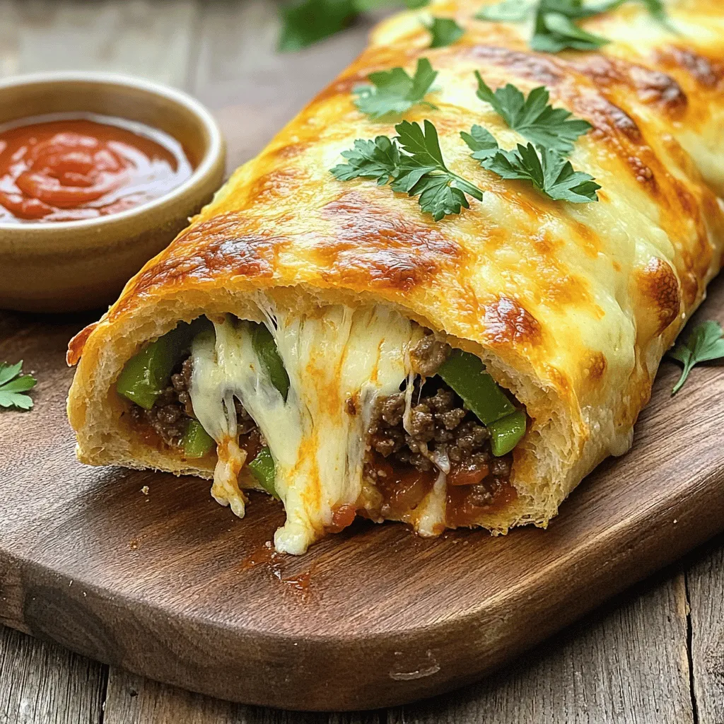 To make the perfect Philly cheesesteak stromboli, you need these main ingredients: - 1 lb ground beef or ribeye steak, thinly sliced - 1 medium onion, finely chopped - 1 medium green bell pepper, finely chopped - 3 cloves garlic, minced - 1 cup provolone cheese, shredded - 1 cup mozzarella cheese, shredded - 1 package pizza dough (store-bought or homemade) - 2 tablespoons olive oil - 1 teaspoon salt - 1/2 teaspoon black pepper - 1 tablespoon Worcestershire sauce - 1 teaspoon Italian seasoning - 1 egg, beaten (for egg wash) These ingredients create a rich and savory filling. They blend well to bring out great flavors in every bite. If you want to kick up the flavor, consider these optional add-ins: - Sliced hot peppers for added heat - Mushrooms for a meaty texture - Spinach for a fresh touch - Additional cheese varieties, like cheddar or gouda Adding these can make your stromboli even more exciting. Don’t hesitate to try one or more! Choosing the right brands can make a difference in taste. Here are my recommendations for dough and cheese: - Dough: I like using Pillsbury pizza dough for its ease and flavor. - Cheese: For provolone, I recommend Boar's Head for its creamy texture. For mozzarella, look for Galbani, as it melts beautifully. These trusted brands help ensure your stromboli turns out delicious. The quality of your ingredients matters when cooking! Start by gathering your ingredients. You will need ground beef or ribeye steak, onion, bell pepper, garlic, and cheese. I like to use provolone and mozzarella for great flavor. 1. Heat the olive oil in a large skillet over medium heat. 2. Add the chopped onion and bell pepper. Cook these for about 5 minutes, until they soften. 3. Then, add the minced garlic. Cook for one more minute. The smell will be amazing! 4. Next, add the beef or steak. Cook it for 7 to 10 minutes until it turns brown. 5. Break the meat apart as you cook. This helps it mix well with the veggies. 6. Stir in Worcestershire sauce, salt, black pepper, and Italian seasoning. This gives the filling extra flavor. Cook for one more minute, then remove it from the heat. Now, let’s roll up the stromboli. 1. Lightly flour your surface and roll out the pizza dough. Make it into a rectangle about 1/4 inch thick. 2. Spread the meat mixture over the dough, leaving a one-inch border all around. 3. Sprinkle both types of cheese over the meat. If you want some heat, add sliced hot peppers now. 4. Starting from one long side, roll the dough tightly into a log shape. 5. Pinch the edges to seal it well and tuck in the ends. Time to bake the stromboli! 1. Place the rolled stromboli seam-side down on a baking sheet lined with parchment paper. 2. Brush the top with the beaten egg. This gives it a lovely golden color. 3. Make a few diagonal slits on top to let steam escape. 4. Bake in the oven for 20 to 25 minutes until it turns golden brown. 5. Once done, let it cool for 5 to 10 minutes before slicing. Enjoy this tasty dish warm, and don't forget the marinara sauce for dipping from the Full Recipe! To get a great crust for your Philly Cheesesteak Stromboli, start with high-quality pizza dough. Roll it out evenly on a floured surface, making sure it's about 1/4 inch thick. This thickness gives you a nice balance between a crispy outside and a soft inside. Before baking, brush the top with a beaten egg. This egg wash helps create that golden color. For a crunchier crust, bake on a preheated pizza stone instead of a baking sheet. For the best flavor, don’t skip the seasoning! Use salt and pepper in the beef mixture, but also add Worcestershire sauce. This sauce adds depth and umami. Italian seasoning brings a nice herbal note. You can also experiment by adding crushed red pepper flakes for heat or fresh herbs like parsley for brightness. Don’t forget to sprinkle both provolone and mozzarella cheese. The mix of these cheeses gives a rich, creamy texture that everyone loves. One common mistake is overfilling the stromboli. Too much filling can cause it to burst during baking. Leave about an inch border when spreading the filling on the dough. Another mistake is not sealing the edges well. Make sure to pinch the edges tightly, so the filling stays inside. Lastly, don’t skip the slits on top. These allow steam to escape, preventing sogginess. If you follow these tips, your stromboli will turn out delicious every time! {{image_2}} You can make a tasty vegetarian version of Philly Cheesesteak Stromboli. Use mushrooms, zucchini, or eggplant as a meat substitute. Sauté these veggies with onion and bell pepper for great flavor. Add your favorite cheese, like provolone or mozzarella. This version is just as filling and delicious. You have many choices for proteins. Besides ground beef or ribeye, try chicken or turkey. Thin slices of these meats work well. For a unique twist, add some pulled pork or shredded beef. Each option brings its own flavor to the dish. If you follow a gluten-free diet, use gluten-free pizza dough. Many stores sell this option, or you can make it at home. For a dairy-free version, swap out regular cheese for vegan cheese. Nutritional yeast can also add a cheesy flavor without dairy. These swaps keep the meal tasty and enjoyable for everyone. To see the full recipe, check out the [Full Recipe]. To keep your Philly cheesesteak stromboli fresh, store it properly. First, let the stromboli cool to room temperature. Then, wrap it tightly in plastic wrap or aluminum foil. This prevents air from getting in and keeps it from drying out. You can also use an airtight container. Leftovers are best eaten within three days. When you're ready to enjoy your leftovers, reheating matters. Preheat your oven to 350°F (175°C). Place the stromboli on a baking sheet. Heat it for about 10-15 minutes. This helps keep the crust crisp and the insides warm. For a quick method, you can use a microwave, but the crust may not stay crispy. If you want to store your stromboli for longer, freezing works well. Wrap it tightly in plastic wrap, then in aluminum foil. This extra layer helps prevent freezer burn. You can freeze it for up to three months. When you're ready to eat, thaw it in the fridge overnight before reheating. Enjoy the delicious flavors even after freezing! For the full recipe, check out the detailed guide. Yes, you can use different cheeses. Cheddar, gouda, or even a spicy pepper jack work well. Each adds its own flavor. I love mixing provolone with mozzarella, but feel free to experiment! Making homemade pizza dough takes about 1 to 1.5 hours. This includes mixing, kneading, and letting it rise. If you are in a hurry, store-bought dough is a great choice. It saves time and effort! You can serve this dish with marinara sauce for dipping. A simple side salad also pairs nicely. For a bit of crunch, try some potato chips or fries. Each side enhances the meal and adds variety. To sum up, you learned how to make a tasty Philly Cheesesteak Stromboli. We covered key ingredients, from must-have items to fun add-ins. Step-by-step instructions showed you how to prepare, roll, bake, and enjoy. I shared tips for the best crust and how to avoid common mistakes. Plus, we explored veggie options and smart storage tips. Now, you can impress anyone with your delicious Stromboli. Enjoy the process, and happy cooking!