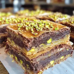 - 1 cup unsalted butter, melted - 1 cup granulated sugar - 2 large eggs - 1 teaspoon vanilla extract - 1 cup all-purpose flour - 1/2 cup unsweetened cocoa powder - 1/2 teaspoon baking powder - 1/4 teaspoon salt - 1 cup shredded kunafa pastry - 1/2 cup shelled pistachios, roughly chopped - 1/2 cup sweetened condensed milk (optional, for drizzle) You can swap unsalted butter with coconut oil for a dairy-free option. If you want less sugar, try using a sugar substitute like erythritol. For a gluten-free version, use almond flour instead of regular flour. You can also use chocolate hazelnut spread instead of sweetened condensed milk if you prefer. Always use fresh ingredients. Fresh eggs and butter improve texture and flavor. For the kunafa, buy it from a trusted source. The better the kunafa, the better your brownies will taste. Choose high-quality cocoa powder for rich flavor. When using pistachios, pick shelled nuts that are bright green and fragrant for the best results. If possible, buy them whole and chop them yourself for better freshness. - Preheat the Oven Start by preheating your oven to 350°F (175°C). Grease a 9x9 inch baking pan and line it with parchment paper. This makes it easy to lift out the brownies later. - Prepare the Kunafa If you use store-bought kunafa, take kitchen scissors to shred it further. Place the shredded kunafa in a bowl. Add 2 tablespoons of melted butter and mix well. The butter helps the kunafa crisp up nicely. - Mixing Wet Ingredients In a large bowl, combine the melted butter and granulated sugar. Whisk them together until smooth. Add in the eggs one at a time. Mix well after each egg. Stir in the vanilla extract for flavor. - Combining Dry Ingredients In another bowl, sift the flour, cocoa powder, baking powder, and salt. Gradually add this dry mix to the wet ingredients. Fold gently until everything is just combined. Don’t over-mix, or the brownies will be tough. - Layering Kunafa and Batter Pour half of the brownie batter into your prepared pan. Spread it evenly. Sprinkle half of the kunafa over the batter. Then, add half of the chopped pistachios. Pour the rest of the brownie batter on top. Finish with the remaining kunafa and pistachios. - Baking Time and Temperature Bake in your preheated oven for 25-30 minutes. Check if a toothpick inserted in the center comes out mostly clean. A few moist crumbs are okay. Let the brownies cool in the pan for 15 minutes before lifting them out. Optionally, drizzle sweetened condensed milk on top before serving. For the full recipe, refer to the provided instructions. When making Pistachio Kunafa Brownies, avoid overmixing the batter. This can lead to dense brownies. Always mix until just combined. Another mistake is not preparing the kunafa well. Ensure it is evenly coated with butter for a crispy texture. Also, don't skip the parchment paper. It helps in easy removal and prevents sticking. To get the perfect texture, pay attention to your baking time. Check the brownies at the 25-minute mark. They should be set but still slightly soft in the center. If they look too wet, give them a few more minutes. The kunafa layers should remain crispy, so avoid overbaking. Let them cool completely for the best texture. Serve these brownies warm for a delightful experience. You can drizzle sweetened condensed milk on top for extra sweetness. Pair them with a scoop of vanilla ice cream for a great contrast. Garnish with extra pistachios for a nice pop of color. You can also serve them with a cup of tea or coffee for a perfect afternoon treat. Try the full recipe for these delicious brownies. {{image_2}} You can switch up the nuts in this recipe. Use almonds, walnuts, or cashews. Each nut adds a new flavor and crunch. Just chop them up like the pistachios. You can mix different nuts together for a fun twist. This keeps each bite interesting and unique. Want to change the taste? Add chocolate chunks to the batter. They melt and create gooey pockets of chocolate. You can also add spices. Cinnamon or cardamom enhances the flavor. Just a pinch can make a big difference. Play around with flavors to find what you like best. If you need a gluten-free version, swap the flour. Use almond flour or a gluten-free blend. These options work well and keep the brownies moist. Just check the package for the right amount. This way, everyone can enjoy these tasty brownies! For the full recipe, check out the detailed steps and measurements. To keep your pistachio kunafa brownies fresh, store them in an airtight container. You can use a glass or plastic container with a tight lid. Line the container with parchment paper for extra protection. Avoid stacking the brownies on top of each other to prevent them from sticking. These brownies stay fresh for about 3 to 5 days at room temperature. If you want to keep them longer, you can refrigerate them. In the fridge, they can last up to a week. For even longer storage, freeze them. They can last up to 3 months in the freezer. Just remember to wrap them well in plastic wrap before freezing. For the best taste, reheat your brownies before serving. You can use the microwave or the oven. If using the microwave, heat each brownie for about 10 to 15 seconds. If using the oven, preheat it to 350°F (175°C) and warm them for about 5 to 10 minutes. This makes them warm and gooey again. Enjoy them fresh for the best experience! Check out the Full Recipe for more details. Kunafa is a popular Middle Eastern dessert. It consists of thin, noodle-like pastry. These strands are layered and baked until crispy. Often, kunafa is soaked in sweet syrup. It can be filled with cheese or nuts too. In our Pistachio Kunafa Brownies, we use kunafa pastry for added texture and flavor. The crispy layers provide a unique twist to classic brownies. You will love how it complements the rich chocolate. Yes, you can make these brownies ahead of time. Prepare them, bake, and let them cool. Once cooled, cut them into squares. Store them in an airtight container. They will stay fresh for up to three days at room temperature. For longer storage, keep them in the fridge. Just make sure to warm them up before serving. This can bring back their delightful texture and taste. No, Pistachio Kunafa Brownies are not nut-free. They contain pistachios, which are nuts. If you need a nut-free option, you can replace the pistachios. Use seeds like sunflower or pumpkin seeds instead. This will keep the crunch while making it safe for those with nut allergies. Just chop the seeds before adding them to the brownies for the right texture. We explored how to make delicious Pistachio Kunafa Brownies together. We covered the best ingredients, tips for quality, and step-by-step instructions for baking. I shared common mistakes to avoid and different ways to enjoy these treats. Remember to store them right for freshness. With a few tweaks, you can create your unique version. Now, go ahead and try making these brownies. Enjoy the tasty rewards of your hard work!