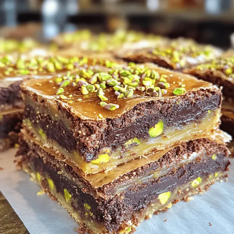 - 1 cup unsalted butter, melted - 1 cup granulated sugar - 2 large eggs - 1 teaspoon vanilla extract - 1 cup all-purpose flour - 1/2 cup unsweetened cocoa powder - 1/2 teaspoon baking powder - 1/4 teaspoon salt - 1 cup shredded kunafa pastry - 1/2 cup shelled pistachios, roughly chopped - 1/2 cup sweetened condensed milk (optional, for drizzle) You can swap unsalted butter with coconut oil for a dairy-free option. If you want less sugar, try using a sugar substitute like erythritol. For a gluten-free version, use almond flour instead of regular flour. You can also use chocolate hazelnut spread instead of sweetened condensed milk if you prefer. Always use fresh ingredients. Fresh eggs and butter improve texture and flavor. For the kunafa, buy it from a trusted source. The better the kunafa, the better your brownies will taste. Choose high-quality cocoa powder for rich flavor. When using pistachios, pick shelled nuts that are bright green and fragrant for the best results. If possible, buy them whole and chop them yourself for better freshness. - Preheat the Oven Start by preheating your oven to 350°F (175°C). Grease a 9x9 inch baking pan and line it with parchment paper. This makes it easy to lift out the brownies later. - Prepare the Kunafa If you use store-bought kunafa, take kitchen scissors to shred it further. Place the shredded kunafa in a bowl. Add 2 tablespoons of melted butter and mix well. The butter helps the kunafa crisp up nicely. - Mixing Wet Ingredients In a large bowl, combine the melted butter and granulated sugar. Whisk them together until smooth. Add in the eggs one at a time. Mix well after each egg. Stir in the vanilla extract for flavor. - Combining Dry Ingredients In another bowl, sift the flour, cocoa powder, baking powder, and salt. Gradually add this dry mix to the wet ingredients. Fold gently until everything is just combined. Don’t over-mix, or the brownies will be tough. - Layering Kunafa and Batter Pour half of the brownie batter into your prepared pan. Spread it evenly. Sprinkle half of the kunafa over the batter. Then, add half of the chopped pistachios. Pour the rest of the brownie batter on top. Finish with the remaining kunafa and pistachios. - Baking Time and Temperature Bake in your preheated oven for 25-30 minutes. Check if a toothpick inserted in the center comes out mostly clean. A few moist crumbs are okay. Let the brownies cool in the pan for 15 minutes before lifting them out. Optionally, drizzle sweetened condensed milk on top before serving. For the full recipe, refer to the provided instructions. When making Pistachio Kunafa Brownies, avoid overmixing the batter. This can lead to dense brownies. Always mix until just combined. Another mistake is not preparing the kunafa well. Ensure it is evenly coated with butter for a crispy texture. Also, don't skip the parchment paper. It helps in easy removal and prevents sticking. To get the perfect texture, pay attention to your baking time. Check the brownies at the 25-minute mark. They should be set but still slightly soft in the center. If they look too wet, give them a few more minutes. The kunafa layers should remain crispy, so avoid overbaking. Let them cool completely for the best texture. Serve these brownies warm for a delightful experience. You can drizzle sweetened condensed milk on top for extra sweetness. Pair them with a scoop of vanilla ice cream for a great contrast. Garnish with extra pistachios for a nice pop of color. You can also serve them with a cup of tea or coffee for a perfect afternoon treat. Try the full recipe for these delicious brownies. {{image_2}} You can switch up the nuts in this recipe. Use almonds, walnuts, or cashews. Each nut adds a new flavor and crunch. Just chop them up like the pistachios. You can mix different nuts together for a fun twist. This keeps each bite interesting and unique. Want to change the taste? Add chocolate chunks to the batter. They melt and create gooey pockets of chocolate. You can also add spices. Cinnamon or cardamom enhances the flavor. Just a pinch can make a big difference. Play around with flavors to find what you like best. If you need a gluten-free version, swap the flour. Use almond flour or a gluten-free blend. These options work well and keep the brownies moist. Just check the package for the right amount. This way, everyone can enjoy these tasty brownies! For the full recipe, check out the detailed steps and measurements. To keep your pistachio kunafa brownies fresh, store them in an airtight container. You can use a glass or plastic container with a tight lid. Line the container with parchment paper for extra protection. Avoid stacking the brownies on top of each other to prevent them from sticking. These brownies stay fresh for about 3 to 5 days at room temperature. If you want to keep them longer, you can refrigerate them. In the fridge, they can last up to a week. For even longer storage, freeze them. They can last up to 3 months in the freezer. Just remember to wrap them well in plastic wrap before freezing. For the best taste, reheat your brownies before serving. You can use the microwave or the oven. If using the microwave, heat each brownie for about 10 to 15 seconds. If using the oven, preheat it to 350°F (175°C) and warm them for about 5 to 10 minutes. This makes them warm and gooey again. Enjoy them fresh for the best experience! Check out the Full Recipe for more details. Kunafa is a popular Middle Eastern dessert. It consists of thin, noodle-like pastry. These strands are layered and baked until crispy. Often, kunafa is soaked in sweet syrup. It can be filled with cheese or nuts too. In our Pistachio Kunafa Brownies, we use kunafa pastry for added texture and flavor. The crispy layers provide a unique twist to classic brownies. You will love how it complements the rich chocolate. Yes, you can make these brownies ahead of time. Prepare them, bake, and let them cool. Once cooled, cut them into squares. Store them in an airtight container. They will stay fresh for up to three days at room temperature. For longer storage, keep them in the fridge. Just make sure to warm them up before serving. This can bring back their delightful texture and taste. No, Pistachio Kunafa Brownies are not nut-free. They contain pistachios, which are nuts. If you need a nut-free option, you can replace the pistachios. Use seeds like sunflower or pumpkin seeds instead. This will keep the crunch while making it safe for those with nut allergies. Just chop the seeds before adding them to the brownies for the right texture. We explored how to make delicious Pistachio Kunafa Brownies together. We covered the best ingredients, tips for quality, and step-by-step instructions for baking. I shared common mistakes to avoid and different ways to enjoy these treats. Remember to store them right for freshness. With a few tweaks, you can create your unique version. Now, go ahead and try making these brownies. Enjoy the tasty rewards of your hard work!
