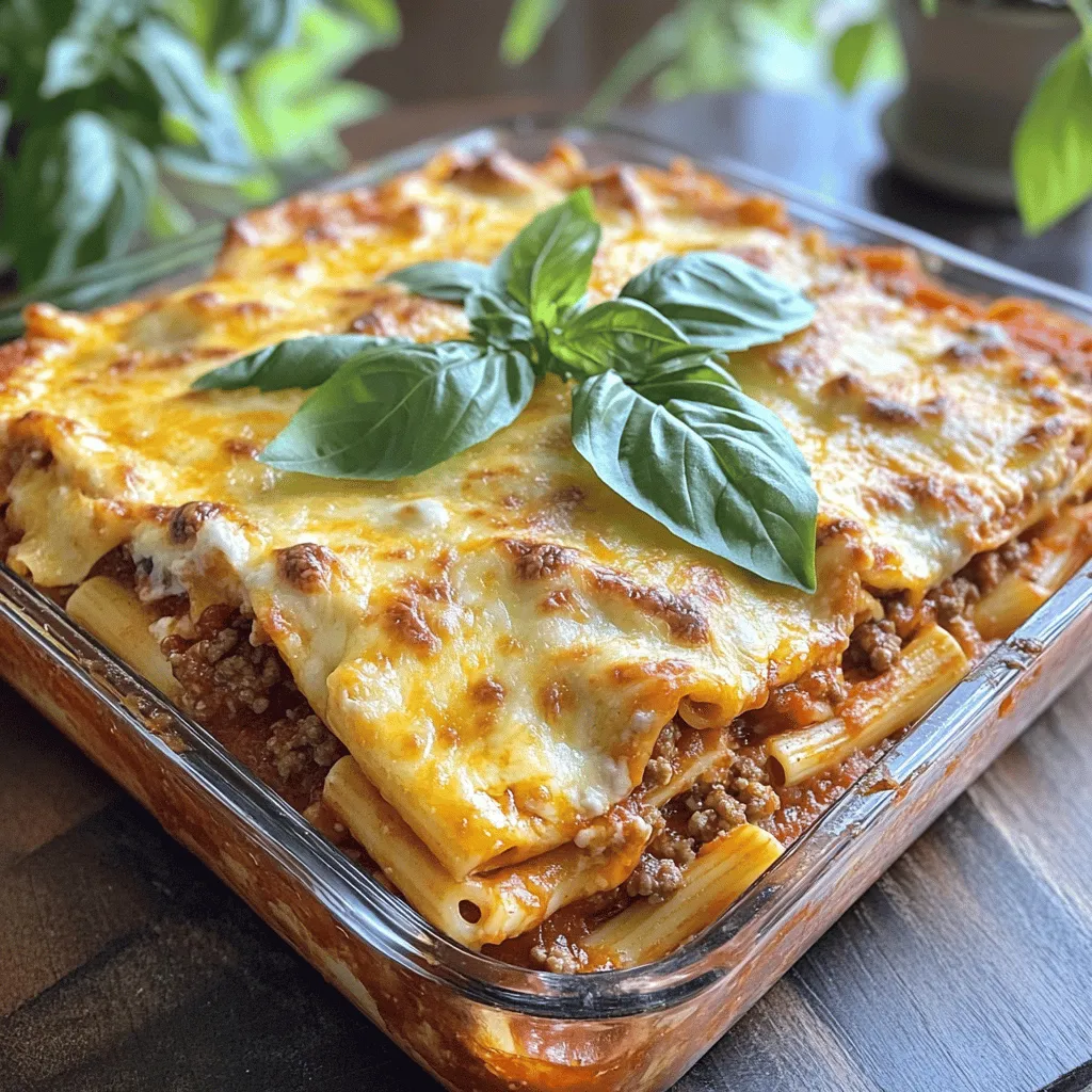 - 1 pound ziti pasta - 2 tablespoons olive oil - 1 medium onion, chopped - 3 cloves garlic, minced - 1 pound ground beef or Italian sausage - 1 jar (24 ounces) marinara sauce - 1 can (15 ounces) ricotta cheese - 1 cup grated Parmesan cheese - 2 cups shredded mozzarella cheese - 1 teaspoon dried basil - 1 teaspoon dried oregano - Salt and pepper to taste - Fresh basil leaves for garnish When I make Million Dollar Baked Ziti, I choose fresh, quality ingredients. This makes a big difference in flavor. I love using high-quality pasta. It keeps its shape well, and you can taste the difference. For marinara sauce, I look for brands that use real tomatoes and herbs. This sauce will bring the dish to life. Cheese is key too! I prefer fresh mozzarella for its creamy texture. It melts perfectly and adds richness. For the ricotta, a whole-milk option gives the best creaminess. Parmesan adds a nice sharp flavor, so I always use a good brand. Using these quality ingredients elevates your baked ziti. You’ll impress your family and friends with each bite. For the full recipe, check out the detailed instructions to create this delightful meal. 1. First, preheat your oven to 375°F (190°C). This helps the ziti cook evenly. 2. Next, cook the ziti pasta. Follow the package instructions, and drain it once it's al dente. Set this aside for later. 3. In a large skillet, heat 2 tablespoons of olive oil over medium heat. This will help sauté the onions. 4. Add one chopped onion to the skillet. Sauté until it turns soft and clear, about 5 minutes. 5. Now, toss in three minced garlic cloves. Cook for about one minute until it smells great. 1. Add one pound of ground beef or Italian sausage to the skillet. Break it up with a spatula while it cooks. 2. Brown the meat for about 5-7 minutes. Drain any extra fat if needed. 3. Stir in one jar (24 ounces) of marinara sauce. Also, add one teaspoon of dried basil, one teaspoon of dried oregano, and salt and pepper to taste. 4. Let this mixture simmer for about 5 minutes. This helps the flavors blend. 1. In a large mixing bowl, combine the cooked ziti with one can (15 ounces) of ricotta cheese. 2. Add half a cup of grated Parmesan cheese and one cup of shredded mozzarella cheese to the bowl. 3. Pour in the meat sauce you just made. Mix everything together until well combined. 4. Transfer the mixture into a greased 9x13 inch baking dish. Spread it out evenly. 5. Top with the remaining mozzarella and Parmesan cheeses for a cheesy finish. 1. Cover the baking dish with aluminum foil. This keeps the moisture in while it bakes. 2. Bake for 25 minutes. This allows the flavors to meld together. 3. After 25 minutes, remove the foil. Bake for an additional 15 minutes until the top is bubbly and golden. 4. Once done, take it out and let it cool for a few minutes. This makes serving easier. Each step is vital for making this Million Dollar Baked Ziti a delicious family meal. For the full recipe, check the details and enjoy! To make baked ziti just right, cook your pasta al dente. This means the pasta should still be firm when you bite it. If it is too soft, the ziti will turn mushy while baking. Follow the package instructions for timing. For the ricotta mixture, blend it well with a bit of salt and pepper. Adding a splash of cream or milk can make it creamier. You want a smooth and thick texture that will hold together with the pasta. To boost the flavor of your baked ziti, consider adding herbs like fresh basil or thyme. A sprinkle of red pepper flakes can add a nice kick. Mix in some grated Parmesan for depth. For a gourmet finish, top your dish with sliced olives, fresh herbs, or even a drizzle of good olive oil. This adds color and makes your meal look fancy. When serving, use fresh basil leaves as a garnish. This adds a pop of color and fresh flavor. Serve the baked ziti in individual bowls. Pair your meal with a crisp salad or some warm garlic bread. This will round out the meal and make it even more enjoyable. If you want to explore more ideas, check out the Full Recipe for additional tips. {{image_2}} You can easily swap the beef for chicken or turkey. Ground chicken adds a light flavor. Turkey gives a nice twist too. For a vegetarian meal, use mushrooms and spinach. These ingredients add great texture and taste. Sauté the mushrooms first for depth. Combine with the spinach before mixing in the pasta. Cheese makes baked ziti creamy and rich. Try using a mix of cheeses like fontina or gouda. They melt beautifully. For a dairy-free option, use cashew or almond cheese. These options can make the dish lighter while still tasting great. Want some heat? Add red pepper flakes to the meat sauce. This spice brings a nice kick. For a Mediterranean twist, toss in olives and feta cheese. These ingredients add a briny flavor that pairs well with the ziti. You can customize this dish in so many ways! After enjoying your Million Dollar Baked Ziti, let it cool down for about 30 minutes. This helps prevent condensation in the container. Use airtight containers to keep the dish fresh and avoid drying out. Store it in the fridge for up to three days. When it’s time to enjoy leftovers, the oven is your best friend. Preheat it to 350°F (175°C). Place the ziti in a baking dish and cover it with foil. Heat for about 25 minutes. If you're in a hurry, you can use the microwave. Heat in short bursts, stirring in between. This keeps the dish moist. Add a splash of water if it looks dry. To freeze baked ziti, let it cool completely first. Then, portion it into freezer-safe containers or wrap it tightly in plastic wrap and foil. This helps keep flavors intact. You can freeze it for up to three months. When you're ready to eat, thaw it in the fridge overnight. Reheat in the oven for the best results. For quick meals, you can bake it straight from the freezer, just add about 15 minutes to your baking time. This baked ziti stands out due to its premium ingredients and unique flavor twists. I use high-quality ziti pasta that holds the sauce well. The blend of ricotta, mozzarella, and Parmesan cheeses creates a rich, creamy texture. I also add fresh herbs like basil and oregano for a burst of flavor. The key is in the marinara sauce. A good jarred sauce can elevate the dish. Look for one made with simple, fresh ingredients. This combination makes your meal feel special, like a million bucks! Yes, you can prepare this dish ahead of time. First, cook the pasta and meat sauce as usual. Mix them together with the cheeses, as the recipe states. Then, you can store it in the fridge for up to two days. Just cover it well with foil. When you're ready to bake, take it out and let it sit for 30 minutes at room temperature. Then, bake it as directed. This step gives you a delicious meal with less fuss on busy days. Baked ziti pairs well with many sides. A fresh green salad adds a nice crunch. Try mixing leafy greens with cherry tomatoes and a light vinaigrette. Garlic bread is another great option. It soaks up the tasty sauce and cheese. You might also enjoy some roasted vegetables, like zucchini or bell peppers. These add color and nutrition to your meal. These side dishes round out a delicious family dinner. To add some heat to this baked ziti, you can try a few methods. First, mix in red pepper flakes when cooking the meat. This adds a nice kick. You can also use spicy Italian sausage instead of regular sausage. Another option is to add sliced jalapeños or banana peppers into the sauce. For an extra layer of flavor, sprinkle some pepper jack cheese on top before baking. These tweaks will spice things up and make your meal exciting! This blog post covered how to make delicious baked ziti from scratch. You learned about key ingredients, helpful tips, and various variations. Quality ingredients and cooking techniques can make a big difference in taste. Remember, you can customize this dish to fit your preferences. Get creative with meats, cheeses, and spices. Whether you’re serving it fresh or storing leftovers, baked ziti is a great choice for any meal. Embrace your inner chef and enjoy making this comforting dish!