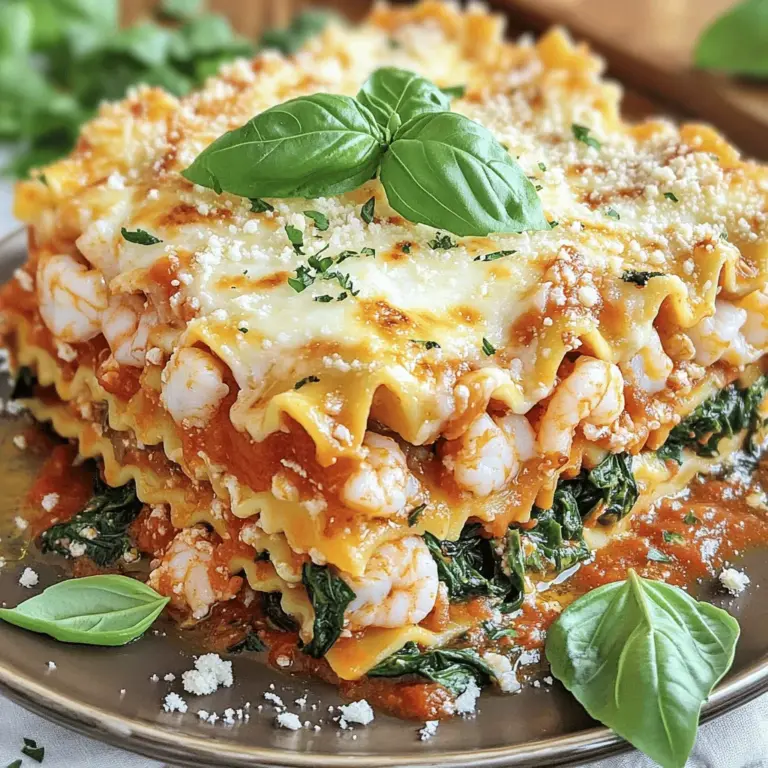 - 9 lasagna noodles - 2 cups ricotta cheese - 2 cups shredded mozzarella cheese - 1 cup grated Parmesan cheese - 1 cup cooked shrimp, chopped - 1 cup cooked scallops, chopped - 1 cup crab meat, flaked - 2 cups fresh spinach - 3 cloves garlic, minced - Red pepper flakes, dried oregano, dried basil, salt, and pepper When I make seafood lasagna, I focus on fresh, high-quality ingredients. The combination of seafood and cheese creates a rich flavor. I like using cooked shrimp, scallops, and crab meat. These ingredients provide a wonderful taste and texture. Fresh spinach adds a bright color and nutrition. Garlic enhances the dish with its strong aroma and flavor. I use red pepper flakes for a touch of heat. Dried oregano and basil also add depth to each bite. For the cheese, I prefer a mix of ricotta, mozzarella, and Parmesan. Ricotta keeps the layers creamy. Mozzarella melts beautifully, while Parmesan gives a salty finish. These cheeses work together to create a delightful experience. I always recommend using the freshest seafood available. If you can, buy from local markets. This makes your lasagna taste even better. For a complete guide, check the Full Recipe for more details. First, boil water in a large pot. Add salt to the water for flavor. Cook the lasagna noodles according to the package instructions. Aim for al dente, which means they should have a slight bite. This texture helps them hold up during baking. Once cooked, drain the noodles and set them aside. In a large pan, heat olive oil over medium heat. Add minced garlic and sauté for one minute until it smells great. Then, toss in the fresh spinach. Cook it until it wilts down. Season with salt, pepper, and red pepper flakes. Remove the pan from heat and set the spinach aside. Now, in a mixing bowl, combine the cooked shrimp, scallops, and crab meat. Add half of the ricotta cheese and half of the Parmesan cheese. Mix everything well and season with oregano, basil, salt, and pepper. Preheat your oven to 375°F (190°C). Spread one cup of marinara sauce at the bottom of your baking dish. Lay down three noodles on top. Next, spread half of the seafood filling evenly. Add half of the sautéed spinach and a layer of mozzarella cheese. Pour another cup of marinara sauce over that. Repeat this process. Add another layer of noodles, the rest of the seafood filling, the remaining spinach, and more mozzarella. Finish with a final cup of marinara sauce. Top everything with the last three noodles, the remaining ricotta, mozzarella, and Parmesan cheese. Cover the dish with aluminum foil to keep the moisture in. Bake for 25 minutes. After that, remove the foil and bake for another 15 minutes until the top is golden and bubbly. Let the lasagna cool for about 10 minutes before slicing. This cooling time makes it easier to serve. For a great presentation, serve slices on plates, garnished with fresh basil and a drizzle of olive oil. Enjoy your delicious seafood lasagna, a rich and flavorful delight! For the complete recipe, refer to the 🥳 Ocean’s Bounty Seafood Lasagna recipe here. To ensure creaminess in your layers, use enough ricotta and mozzarella. A good balance brings smoothness. Spread the cheese evenly across each layer. This helps keep your lasagna rich. To prevent sogginess, cook your noodles al dente. This means they should still have a slight bite. Drain them well, and don't rinse. Excess water can make your dish watery. Also, let your seafood cool before mixing it with cheese. Herbs and spices can elevate your lasagna. I recommend using fresh basil and oregano. They add bright notes. A pinch of red pepper flakes gives a nice kick. You can adjust the heat based on your taste. For a bold flavor, consider adding a dash of smoked paprika. For best results, use a glass or ceramic baking dish. These materials heat evenly. Avoid using thin metal pans, as they may burn the bottom. When it comes to covering your lasagna, aluminum foil works well. It traps heat and moisture. Parchment paper can also be used but may not seal as tightly. Either way, check that your lasagna has enough time to cook through. For the full recipe, make sure to explore the 🥳 Ocean’s Bounty Seafood Lasagna. {{image_2}} You can swap out shrimp, scallops, and crab for other seafood. Try using lobster, mussels, or even fish like salmon or tilapia. Each choice brings its own taste and texture. Consider seasonal seafood too. In summer, fresh fish shines. In winter, shrimp and scallops are easy to find. Always choose seafood that is at its peak for the best flavor. The sauce makes a big difference in your seafood lasagna. You can use homemade marinara for fresh taste. But store-bought marinara works great if you are short on time. For a twist, try a cream-based sauce. A mix of white sauce and marinara can add richness. It’s all about what flavor you crave. If you need gluten-free options, there are great lasagna noodles made from rice or corn. These work well and taste good too. For vegan needs, swap the cheeses for nut-based alternatives. You can find many brands that offer dairy-free cheese. These changes let everyone enjoy your seafood lasagna without worry. For the best taste, store leftover seafood lasagna in an airtight container. Make sure the lasagna cools completely before sealing it. This helps keep it fresh. When stored properly, it lasts for up to three days in the fridge. Always check for any off odors or changes in texture before eating. To freeze seafood lasagna, wrap it tightly in plastic wrap and then in aluminum foil. This prevents freezer burn and keeps flavors intact. It’s best to freeze lasagna before baking, but you can freeze leftovers too. For frozen lasagna, it can last up to three months. To reheat, simply thaw it overnight in the fridge. Then, bake it at 375°F (190°C) for about 30 minutes. Cover it with foil to keep moisture in, and remove the foil for the last 10 minutes to get a golden top. Enjoy your seafood lasagna just like fresh! Seafood lasagna lasts about 3 to 5 days in the fridge. To keep it fresh, store it in an airtight container. This way, it stays safe to eat longer. Always check for any signs of spoilage before you dig in. Yes, you can make seafood lasagna ahead of time. Prepare the dish, cover it well, and store it in the fridge. You can bake it the next day or even freeze it. If you freeze it, let it thaw in the fridge overnight before baking. This saves time on busy days. When making seafood lasagna, shrimp, scallops, and crab are great choices. You can also use lobster or clams for a fancier dish. Mix and match your favorites to create a unique flavor. Just be sure to chop them into small pieces for easy layering. Using frozen seafood is perfectly fine for this recipe. It’s often more convenient and can be just as fresh. Make sure to thaw it in the fridge before cooking. This helps keep the seafood's texture and flavor intact. Plus, it saves you time on prep work. For the complete cooking guide, check out 🥳 Ocean’s Bounty Seafood Lasagna recipe here. Making seafood lasagna can be fun and rewarding. You learned about key ingredients like seafood, cheese, and spices. I shared step-by-step instructions to help you cook with confidence. You also found valuable tips and variations to make this dish your own. In the end, seafood lasagna is flexible and delicious. Enjoy creating your own version and savoring each bite. With these insights, you can impress anyone at your next meal. Happy cooking!