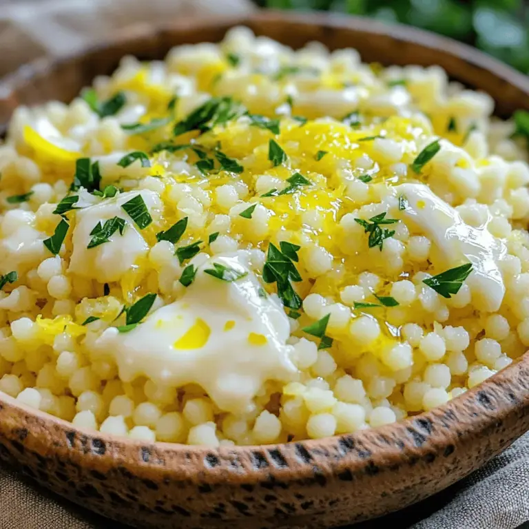 To make Lemon Parmesan Couscous, you need these simple ingredients: - 1 cup couscous - 1 1/4 cups vegetable broth or water - Zest of 1 lemon - Juice of 1 lemon - 1/2 cup grated Parmesan cheese - 2 tablespoons olive oil - 1 clove garlic, minced - 1/4 teaspoon red pepper flakes (optional) - Salt and black pepper to taste These ingredients combine to create a bright and creamy dish that everyone will love. You can add fresh herbs for a nice touch. Chopped parsley or basil works well. These herbs add color and flavor, making your dish pop! If you want to change things up, try different cheeses. Feta or goat cheese can add a nice twist. For the broth, chicken broth gives a richer flavor. You can also use water if you prefer. These adjustments can make this dish unique to your taste. For the full recipe, check out the details above! First, grab a medium saucepan and bring the vegetable broth to a boil. You can also use water if you prefer. Once it’s bubbling, remove the pot from the heat. Now, stir in the couscous. Cover the pot and let it sit for about five minutes. This resting time is important because it allows the couscous to soak up all the liquid. While the couscous rests, it’s time to prepare the garlic. In a small pan, heat two tablespoons of olive oil over medium heat. Add one clove of minced garlic and, if you like a bit of spice, toss in a quarter teaspoon of red pepper flakes. Sauté this mixture for about one minute. You want it fragrant but not brown. After the couscous has absorbed the broth, fluff it up with a fork. This step makes it light and airy. Now, add the sautéed garlic mixture to your couscous. Don’t forget to mix in the zest and juice of one lemon and half a cup of grated Parmesan cheese. Gently combine everything until it’s well mixed. Season with salt and black pepper to taste. You can adjust the lemon juice and cheese to match your taste. Serve it warm, garnished with fresh parsley or basil for a pop of color. For the full recipe, check out the section above. To make your Lemon Parmesan Couscous pop, adjust the lemon and cheese amounts. If you want a tart kick, add more lemon juice and zest. For a cheesier taste, sprinkle in extra Parmesan cheese. Taste as you go. This way, you get your perfect balance. Fluffing couscous correctly is key. After it absorbs the broth, use a fork to gently separate the grains. This keeps it light and airy. Avoid using a spoon as it can mash the couscous together, making it gummy. Fluffing is your best friend here! Watch out for overcooking couscous or garlic. If couscous cooks too long, it becomes mushy, losing that nice bite. For garlic, cook it just until fragrant. Burnt garlic tastes bitter. Keep an eye on both, and you'll have a delicious dish every time. For the complete recipe, check out the [Full Recipe]. {{image_2}} You can change this lemon Parmesan couscous by adding seasonal veggies or proteins. In spring, try peas or asparagus for a fresh taste. In summer, add zucchini or bell peppers for a colorful dish. Fall calls for roasted butternut squash or Brussels sprouts. In winter, you might like kale or spinach. For proteins, grilled chicken or shrimp work well and add substance. This makes the dish hearty and satisfying. To switch up the flavors, play with different herbs or spices. Instead of parsley, try fresh dill or cilantro for a unique twist. Basil gives a sweet and fragrant touch. You can also add spices like cumin or smoked paprika for a warm flavor. If you want more heat, increase the red pepper flakes or add cayenne pepper. These small changes can take the dish to a new level. If you need gluten-free options, use quinoa or rice instead of couscous. Both provide a lovely texture and absorb flavors well. For a vegan version, swap the Parmesan cheese for nutritional yeast. This gives a cheesy flavor without dairy. You can also use vegetable broth to keep it plant-based. These adjustments make the dish fit various dietary needs while keeping it delicious. You can find the full recipe for this tasty dish [Full Recipe]. To keep your lemon Parmesan couscous fresh, place it in an airtight container. This helps keep out moisture and air. Store it in the fridge for up to three days. If you want to keep it longer, consider freezing it. When you are ready to eat, use the microwave for quick reheating. Add a splash of water to keep it moist. Stir it well and heat in short bursts. You can also reheat it on the stove. Use low heat and add a little olive oil or broth to help with texture. If you plan to freeze your couscous, let it cool completely first. Scoop it into a freezer-safe bag or container. Squeeze out as much air as you can before sealing. When you're ready to use it, thaw it overnight in the fridge. Reheat it gently, and it will taste fresh again! Couscous is made from semolina wheat. Semolina is a type of flour made from durum wheat. The wheat is steamed and dried, creating small granules. This gives couscous its unique texture. It’s light and fluffy when cooked. You can find couscous in many stores. It comes in different sizes, but the most common is the small variety. Yes, you can prepare this dish ahead of time. Make the couscous and let it cool. Store it in an airtight container in the fridge. It will stay fresh for about three days. When you're ready to serve, just reheat it. You can add a bit of water or broth to help it warm up nicely. This makes it easy for meal prep! Adding protein is simple and tasty. You can mix in grilled chicken or shrimp. They pair well with the lemon and cheese flavors. Tofu or chickpeas also work great for a vegetarian option. Just cook them separately and stir them into the couscous before serving. This boosts the meal’s nutrition and makes it more filling. This blog covers couscous from start to finish. We explored its ingredients, including broth, garlic, and cheese. I shared step-by-step instructions for cooking it perfectly without burning any flavors. We discussed tips to enhance taste and avoid common mistakes. You can also customize your dish with seasonal veggies or protein options. Finally, I provided storage tips to keep your leftovers fresh. Enjoy experimenting with this versatile dish!