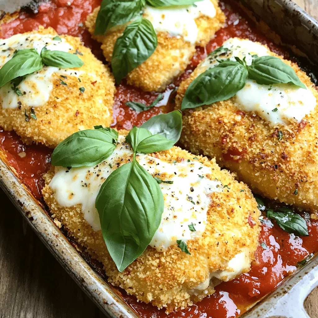 To make Easy Parmesan Chicken Dinner, you will need: - 4 boneless, skinless chicken breasts - 1 cup grated Parmesan cheese - 1 cup breadcrumbs (preferably whole wheat) - 2 teaspoons Italian seasoning - 2 cloves garlic, minced - 1 teaspoon salt - 1/2 teaspoon black pepper - 1/4 cup olive oil - 1 cup marinara sauce - 1 cup shredded mozzarella cheese - Fresh basil leaves for garnish Each ingredient plays a key role in the dish. Chicken breasts provide a lean protein base. Parmesan cheese gives a rich, savory flavor. Breadcrumbs create a crunchy coat. The Italian seasoning and minced garlic add depth and aroma. Salt and black pepper enhance all the flavors. Olive oil helps the crust to crisp and brown. You can play with the recipe by using different ingredients: - For cheese, try Asiago or Pecorino Romano for a varied taste. - If you want a lighter option, use almond flour instead of breadcrumbs. - Add veggies like spinach or cherry tomatoes for color and nutrition. These options let you customize the dish to your taste. Feel free to mix and match! Try these ideas to make the recipe your own. For the complete recipe, check out Easy Parmesan Chicken Dinner. First, preheat your oven to 400°F (200°C). This step warms the oven so the chicken cooks evenly. Next, in a shallow bowl, mix the grated Parmesan cheese, breadcrumbs, Italian seasoning, minced garlic, salt, and black pepper. Stir until well combined. This mixture adds crunch and flavor to the chicken. Now, it’s time to coat the chicken. Pour the olive oil into another shallow bowl. Dip each chicken breast into the oil, ensuring it is fully coated. Then, dredge the chicken in the Parmesan-breadcrumb mixture. Press down gently to ensure a good coating sticks. Place the coated chicken breasts in a greased baking dish. Bake in the oven for 20 to 25 minutes. The chicken should be cooked through and the crust golden brown. Once the chicken is done, take it out of the oven. Spoon marinara sauce over each piece, covering them well. Then, sprinkle shredded mozzarella cheese on top. This adds a rich, melty layer. Return the dish to the oven for another 5 to 7 minutes. The cheese will melt and bubble nicely. Finally, garnish with fresh basil leaves to add color and a fresh taste. Enjoy your Easy Parmesan Chicken Dinner! For the complete recipe, check the [Full Recipe]. To keep your chicken juicy, start with brining. Soak the chicken in salt water for about 30 minutes. This helps the chicken stay moist while cooking. For an even coating, use a shallow dish. Mix the breadcrumbs and cheese in a flat bowl. This makes it easy to coat each piece. Press down gently on the chicken to ensure the mix sticks well. Meal prep can save you time. You can coat the chicken ahead of time and store it in the fridge. This lets the flavors soak in. If you need quick alternatives, try using pre-seasoned breadcrumbs. You can also use store-bought marinara sauce to cut down on prep time. The best sides for Parmesan chicken include roasted vegetables or a fresh salad. These add color and balance to your meal. For wine pairings, try a light white wine like Sauvignon Blanc. It complements the chicken's flavors nicely. Enjoy your meal with a simple glass for a complete dining experience. {{image_2}} You can easily switch up the flavors in your Easy Parmesan Chicken Dinner. Here are two tasty ideas: - Pesto Parmesan Chicken: Spread a layer of pesto on each chicken breast before coating it with the Parmesan-breadcrumb mixture. The basil and garlic in the pesto add a fresh twist. It pairs well with the cheese and makes the dish even more flavorful. - Spicy Parmesan Chicken: If you love heat, add a teaspoon of red pepper flakes to the breadcrumb mix. This gives the chicken a nice kick. You can also serve it with a spicy marinara sauce for extra flavor. You can try different cooking methods for this dish. Here are two simple options: - Air Fryer Version: Preheat your air fryer to 400°F (200°C). Coat the chicken as usual. Place the chicken breasts in the air fryer basket in a single layer. Cook for about 12-15 minutes, flipping halfway. The result is crispy, juicy chicken without using much oil. - Skillet Cooking Instructions: Heat olive oil in a large skillet over medium heat. After coating the chicken, place it in the skillet. Cook for about 5-7 minutes on each side until golden brown. Then, add marinara sauce and cheese, cover, and cook until the cheese melts. This method gives a nice crust and a quick finish. These variations and cooking methods keep your Easy Parmesan Chicken Dinner exciting and new. For the full recipe, check out the instructions above. To keep your Easy Parmesan Chicken Dinner fresh, start by refrigerating leftovers. Place the chicken in an airtight container. It stays good for 3 to 4 days in the fridge. If you want to store it longer, freezing is a great option. Wrap the chicken tightly in plastic wrap and then in foil. It can last up to 3 months in the freezer. When it's time to eat again, reheating is key to keeping its flavor. The best method is using the oven. Preheat it to 350°F (175°C). Place the chicken in a baking dish and cover it with foil. Bake for about 15 to 20 minutes, or until it's heated through. This method keeps the chicken crispy. Avoid using the microwave if you can. Microwaving can make the chicken soggy. If you must use it, heat it in short bursts at medium power. This way, you can check on it often. Enjoy your meal, even as leftovers! For the full recipe, check out the Easy Parmesan Chicken Dinner. How can I make this dish gluten-free? You can use gluten-free breadcrumbs instead. Many stores sell these. Just swap them in the recipe. This keeps the dish tasty without gluten. What can I use instead of Parmesan cheese? If you don't have Parmesan, try Pecorino Romano. It has a sharp flavor, too. You can also use nutritional yeast for a dairy-free option. Can I use frozen chicken breasts? Yes, but thaw them first for even cooking. You can leave them in the fridge overnight. If short on time, use cold water to quick-thaw. How long does the chicken take to cook? Bake the chicken for about 20-25 minutes. Check that it's cooked through. The internal temperature should reach 165°F (75°C) to be safe. Caloric content Each serving has around 400 calories. This can vary based on the ingredients you use. Health benefits of ingredients Chicken is a great source of protein. Parmesan cheese has calcium, which is good for bones. Olive oil provides healthy fats, making this dish balanced. This blog post covered how to make Easy Parmesan Chicken. We discussed essential ingredients, optional variations, and step-by-step instructions. Tips helped you achieve the perfect dish, while variations offered new flavors. We also covered storage and reheating tricks. You now have all the tools to create this delicious meal. Remember, cooking is about creativity and enjoying flavors. Try different ingredients and find your favorite way to enjoy this dish. Keep experimenting, and happy cooking!