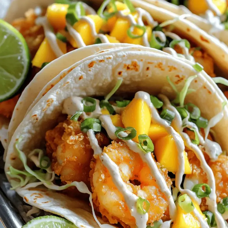 - 1 pound shrimp, peeled and deveined - 1 cup all-purpose flour - 1 cup buttermilk (or milk with a splash of vinegar) - 1 teaspoon paprika - 1 teaspoon garlic powder - ½ teaspoon cayenne pepper - 8 small corn tortillas - 1 cup shredded cabbage - ½ cup diced mango When I make Bang Bang Shrimp Tacos, I focus on fresh and simple ingredients. The shrimp brings a sweet, ocean flavor. I prefer to use peeled and deveined shrimp for ease. The flour gives a nice crunch, while buttermilk makes the shrimp tender. For the coating, I use paprika, garlic powder, and a bit of cayenne. This mix adds warmth and depth. You can adjust the cayenne if you want more heat. Toppings are just as important. I choose small corn tortillas for their soft texture. Shredded cabbage adds a nice crunch and freshness. Diced mango gives a sweet touch that balances the heat from the shrimp. You can find the full recipe for these delicious tacos to guide you through each step. Start by mixing the dry ingredients. In a bowl, combine 1 cup of all-purpose flour, 1 teaspoon of paprika, 1 teaspoon of garlic powder, and ½ teaspoon of cayenne pepper. Add a pinch of salt and pepper for better taste. Mix well until everything is combined. Next, take your shrimp, about 1 pound, and dip each piece into the buttermilk. Make sure to let the extra buttermilk drip off. Then, dredge the shrimp into the flour mixture. Shake off any excess flour. This step helps create a great texture. After coating in flour, dip each shrimp back into the buttermilk. This helps the breadcrumbs stick. Then, coat the shrimp with 1 cup of panko breadcrumbs. Press the breadcrumbs firmly to ensure they stick well. Now, it's time to prepare the oil. In a large skillet, heat about 1 inch of vegetable oil over medium-high heat. You want the oil to reach about 350°F (175°C) for frying. When the oil is hot, add the shrimp carefully. Fry them in batches, being mindful not to overcrowd the pan. Cook each shrimp for about 2 to 3 minutes on each side until they turn a lovely golden brown. Once cooked, use a slotted spoon to transfer the shrimp to a paper towel-lined plate. This step helps drain any excess oil, keeping them crispy. Now your shrimp are ready for the tacos. Enjoy the crunch! To get crispy shrimp, use cold buttermilk. Cold buttermilk helps the shrimp stay crunchy. It also makes the coating stick better. When frying, avoid overcrowding the pan. Fry in smaller batches. This helps the shrimp cook evenly and become golden brown. You can customize the seasoning to your taste. If you like spice, try adding cumin or chili powder. These spices give a nice kick to the shrimp. Experiment with different spice blends to find your favorite. Adjust the sweetness of the Bang Bang sauce as you like. If you prefer a spicier sauce, add more chili sauce. You can also mix in fresh herbs for extra flavor. Cilantro or green onions work well. They add freshness and brightness to every bite. For the full recipe, check out the Bang Bang Shrimp Tacos details above. {{image_2}} You can switch up the shrimp for chicken or tofu. Chicken gives a hearty bite. Tofu soaks up flavors well. Both options are tasty and filling. Consider grilling or baking them for a lighter meal. This change keeps the tacos fun and fresh. For a low-carb option, use lettuce wraps instead of tortillas. This keeps the meal light and crunchy. You can also try flour tortillas for a different texture. Flour tortillas add a soft, chewy feel. Both choices make for a unique taco experience. If you need gluten-free options, use almond flour instead of regular flour. This keeps the dish safe for those with gluten issues. You can also find vegan replacements for seafood and dairy. Use plant-based mayo and your favorite meat substitutes. These swaps make Bang Bang Shrimp Tacos accessible for all diets. To keep your Bang Bang shrimp tacos fresh, store leftovers properly. Place shrimp in the fridge. Make sure to keep them separate from the tortillas. This keeps the tortillas from getting soggy. Use an airtight container for the sauce. This will help maintain its flavor and texture. When it’s time to enjoy leftovers, reheating is key. The best way to reheat shrimp is in an air fryer or oven. This method keeps them crispy. Avoid using the microwave. It can make the shrimp soft and chewy, which is not what we want. If you want to prepare ahead, freezing is a great option. You can freeze the shrimp before frying. This way, you can cook them later. However, tacos are best when fresh. You can still prep the toppings in advance for quick assembly later. This saves time and keeps the flavor alive! For the full recipe, check the [Full Recipe]. It takes about 20 minutes to prep and 25 minutes to cook. The total time is about 45 minutes. You can make the shrimp and sauce while the oil heats. This way, you save time and get tasty tacos fast. Yes, you can make the Bang Bang sauce in advance. Store it in the fridge for up to three days. Keep it in an airtight container to keep it fresh. When ready to use, just stir it well and enjoy. You can serve these tacos with several sides. Some great options include: - Mexican rice - Refried beans - Fresh guacamole - Chips and salsa - A light salad For drinks, consider pairing them with: - A refreshing margarita - Cold beer - Sparkling water with lime These sides and drinks will enhance your meal. Enjoy your flavorful treat! You now have a solid recipe for making Bang Bang Shrimp Tacos. We covered the key ingredients, important steps, and helpful tips. Whether you customize the seasoning or choose different proteins, you can make this dish your own. Don’t forget to store any leftovers properly to enjoy later. I'm excited for you to try this fun recipe. You’ll impress your friends and family with your cooking skills. Remember, the best meals come from experimentation and joy in the kitchen.