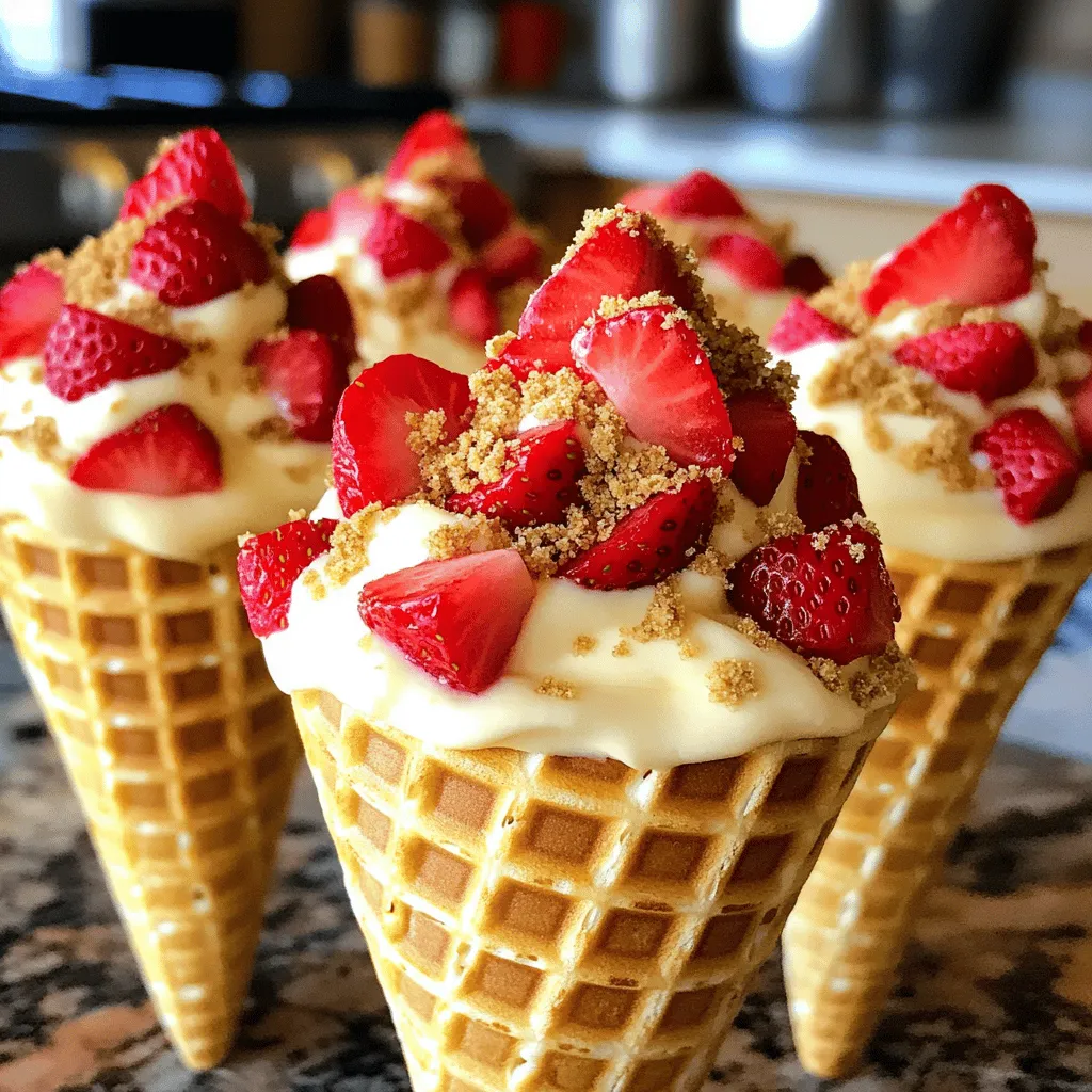 To make the strawberry crunch cheesecake cones, you will need: - 1 cup graham cracker crumbs - 1/4 cup unsalted butter, melted - 1 tablespoon sugar - 8 oz cream cheese, softened - 1/2 cup powdered sugar - 1 teaspoon vanilla extract - 1 cup heavy whipping cream - 1 cup fresh strawberries, diced - 4 waffle cones These ingredients create a tasty and fun treat that you can enjoy on warm days. You can make some easy swaps if you need. Try using: - Coconut oil instead of unsalted butter for a dairy-free option. - Almond flour instead of graham cracker crumbs for a gluten-free crust. - Yogurt instead of cream cheese for a lighter filling. - Frozen strawberries if fresh ones are not available. Just thaw and chop them. These alternatives keep the recipe simple and still delicious. The fun doesn't stop with the cones! Here are some great toppings: - Whipped cream for extra fluffiness. - Chocolate sauce for a rich flavor. - Shredded coconut for a tropical twist. - Chopped nuts for a crunchy texture. Feel free to mix and match toppings based on your taste. You can find the full recipe above for more details. Enjoy creating your perfect strawberry crunch cheesecake cones! To start, grab a medium bowl. You will need your graham cracker crumbs, melted butter, and sugar. Mix them together until they blend well. You want a crumbly texture that holds together. Next, take a small baking dish or a tray lined with parchment. Press the crumb mixture flat in the dish. This step helps it set. Now, put the dish in the fridge for about 15 minutes. This cooling time makes the crust firmer. In a separate bowl, take your softened cream cheese. Beat it until it is smooth. Then, add in the powdered sugar and vanilla extract. Keep mixing until fully combined. In another bowl, whip the heavy cream. You want stiff peaks to form. Next, gently fold the whipped cream into the cream cheese mixture. Be careful not to deflate the whipped cream. This step gives your cheesecake a light, airy texture. Once the graham cracker crust is ready, break it into coarse pieces. Take your waffle cones and begin the layering. Start with a layer of cheesecake filling at the bottom. Next, add some diced strawberries, followed by the crushed graham cracker crust. Repeat these layers until the cones are full. Finally, top each cone with more diced strawberries and a sprinkle of the remaining graham cracker crumbs. Serve them right away or chill for up to an hour for a firmer treat. For the full recipe, check out the main article. To get a creamy cheesecake, use softened cream cheese. Cold cream cheese makes lumps. Beat the cream cheese well until it is smooth. Gradually add powdered sugar to mix well. Whipping the heavy cream is key. Whip until stiff peaks form. Then, gently fold it into the cream cheese mixture. This keeps the cheesecake light and fluffy. Serve these cones right after you fill them. They look great and taste fresh. You can add some extra sliced strawberries on top for a pop of color. A drizzle of chocolate sauce can add a fun twist. For a party, set up a topping bar. Let guests add their favorite toppings. Avoid using cold ingredients. Cold cream cheese can ruin the smoothness. Don't skip refrigerating the crust. It needs time to set. If you fill the cones too early, they may get soggy. Keep the cones chilled until serving. Lastly, remember to layer carefully. Too much filling can make them hard to eat. For the full recipe, check the earlier section. {{image_2}} You can switch up the fruit in these cones. Instead of strawberries, try blueberries, raspberries, or peaches. Each fruit has its own taste and texture. Blueberries add a sweet burst, while raspberries bring a slight tartness. Peaches offer a juicy, soft bite. Mix and match to find your favorite combo! You can add flavors to the cheesecake filling. For a chocolate twist, mix in cocoa powder. If you like citrus, add lemon or orange zest. A splash of almond extract gives a nice nutty touch. These small changes can create a whole new dessert experience! If you want a gluten-free version, use gluten-free graham crackers. There are many brands that offer this option. For a dairy-free cheesecake, swap cream cheese with vegan cream cheese. Use coconut cream instead of heavy cream for a rich texture. Enjoy tasty cones that suit your diet! To store leftover cones, wrap them tightly in plastic wrap. This helps keep the cones fresh. Place them in an airtight container. Store in the fridge for up to two days. The cones may soften over time, so eat them soon! You can freeze these treats if you want to save them longer. Wrap each cone in plastic wrap. Then, place them in a freezer-safe bag or container. They can stay frozen for about a month. To enjoy, remove from the freezer and let them thaw in the fridge overnight. For the best taste, store the filling separately from the cones. Keep the filling in an airtight container in the fridge. Assemble the cones just before serving. This keeps everything crisp and fresh. Always check your ingredients for signs of spoilage before use. Yes, you can prepare the filling ahead of time. Make the cheesecake filling and store it in the fridge. You can also prep the graham cracker crust. Just keep it covered. Assemble the cones right before serving. This keeps the cones crisp. To keep the cones crunchy, layer the cheesecake filling carefully. Start with a layer of graham cracker crumbs at the bottom. This acts as a barrier. Use fresh strawberries, not overly ripe ones. Serve the cones right after you fill them. If you must, chill them for an hour, but eat soon after. You can find ready-made cheesecake cones at many grocery stores. Look in the frozen dessert aisle. Some brands offer them online too. Check specialty dessert shops for unique options. If you want a quick treat, these are a great choice. You can still add your toppings for a personal touch. For the full recipe, see the details above. You now have a full guide to making delicious Strawberry Crunch Cheesecake Cones. We covered ingredients, step-by-step instructions, and many tips. You can try different fruits and flavors to make each cone unique. Remember to store any leftovers properly. You’ll impress your friends with this treat. Enjoy crafting your own cones, and don’t be afraid to experiment. Happy baking!