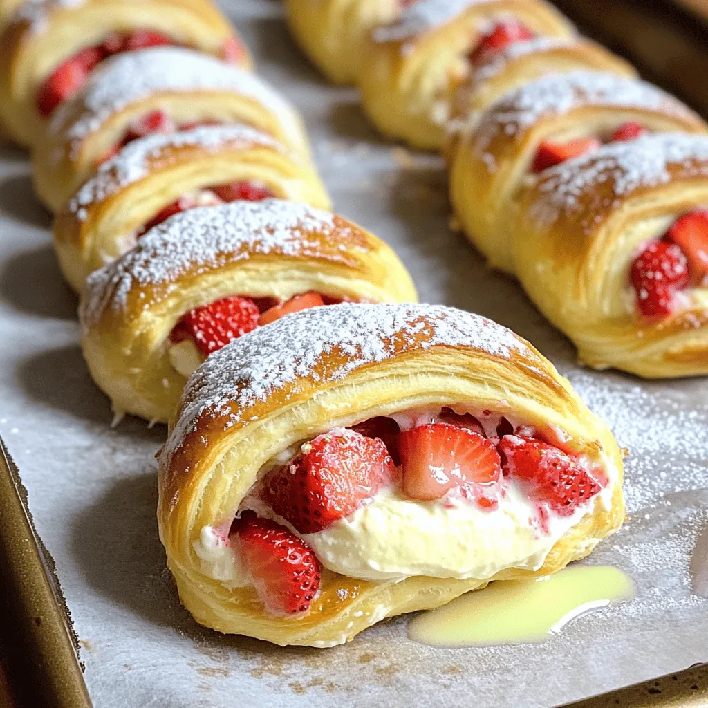 To create these tasty rolls, you will need: - 1 package of crescent roll dough - 8 oz cream cheese, softened - 1/4 cup granulated sugar - 1 tsp vanilla extract - 1 cup fresh strawberries, chopped - 1/4 cup powdered sugar (for dusting) - 2 tbsp melted butter These ingredients work together to give the rolls their creamy filling and sweet flavor. The cream cheese and strawberries really shine in this recipe. You can make your rolls even more special with these options: - Additional toppings like whipped cream or a chocolate drizzle - Flavor variations using different fruits or extracts Experimenting with toppings and flavors can create a unique twist on this classic treat. Try adding blueberries or raspberries for a fun twist! Want something richer? Use flavored cream cheese. These ingredients and options make Sweet Strawberry Cheesecake Rolls a fun and flexible dessert choice. For the full recipe, check the notes above! 1. Preheat your oven to 375°F (190°C). This step is key for a nice bake. 2. Line a baking sheet with parchment paper. It prevents sticking and makes cleanup easy. 3. In a mixing bowl, combine the softened cream cheese, granulated sugar, and vanilla extract. Blend until smooth and creamy. This filling is the heart of the rolls. 1. Unroll the crescent roll dough on a lightly floured surface. Press the seams together to form a rectangle. This helps keep the filling inside. 2. Spread the cream cheese mixture evenly over the dough. Leave a small border around the edges for easy rolling. 3. Sprinkle the chopped strawberries on top of the cream cheese layer. They add natural sweetness and freshness. 4. Starting from one edge, carefully roll the dough into a tight log. This step encases the tasty filling. 1. Slice the roll into 1-inch thick pieces. Place them cut side up on the prepared baking sheet. This helps them bake evenly. 2. Brush the tops of the rolls with melted butter. It gives them a nice golden finish. 3. Bake in the preheated oven for 15-20 minutes, or until golden brown. Keep an eye on them for that perfect color. 4. Remove from the oven and let cool slightly. Dust with powdered sugar before serving. This adds a beautiful touch and a hint of sweetness. For the complete process, refer to the Full Recipe. To make the best Sweet Strawberry Cheesecake Rolls, start with room temperature ingredients. This helps the cream cheese blend smoothly. You want a creamy filling that spreads easily. Next, to prevent the rolls from unrolling, use a tight rolling technique. Start at one edge and roll slowly. Press the dough as you go to keep it sealed. After slicing, place the rolls cut side up. This helps keep them from coming apart while baking. Now let’s talk about how to make these rolls look amazing! A light dusting of powdered sugar adds a sweet touch. It makes the rolls look extra special and inviting. For a pop of color, add fresh strawberries or mint leaves on top. This not only looks pretty but also adds a fresh flavor. You can even serve them on a nice plate for a lovely display. For the full recipe, check out the [Full Recipe]. {{image_2}} You can switch up the fruit in these rolls. Blueberries and raspberries work great! Just replace the strawberries with your chosen fruit. Both add a fresh and sweet taste. Another fun idea is to use flavored cream cheese. You can try strawberry or vanilla cream cheese for a new twist. These flavors blend well with the rolls. They make each bite extra tasty! If you are gluten-free, try using gluten-free crescent roll dough. Many brands offer dough that tastes great and works well in this recipe. You can also use a low-carb dough for a healthier choice. For vegan options, look for vegan cream cheese. There are many brands that offer tasty, plant-based cream cheese. It gives you the same creamy texture without any dairy. These adjustments help everyone enjoy this sweet treat! For the full recipe, check out the Full Recipe link! To keep your sweet strawberry cheesecake rolls fresh, use an airtight container. Place the rolls inside and seal them tightly. Store the container in the fridge. This method helps keep the rolls moist and tasty. They will stay good for about three days. When you want to reheat the rolls, preheat your oven to 350°F (175°C). Place the rolls on a baking sheet. Heat them for about 10 minutes. This warms them up nicely and keeps the crust crispy. If you want to enjoy these rolls later, freezing is a great option. You can freeze them before or after baking. To freeze before baking, prepare the rolls as usual. Then, place them on a baking sheet. Make sure they are not touching each other. Freeze them for about one hour until firm. After that, transfer the rolls to a freezer-safe bag. Seal it tightly and label it with the date. To freeze after baking, let the rolls cool completely first. Then, follow the same steps as before, placing them in a container or bag. They will last in the freezer for up to two months. When you are ready to enjoy them, bake from frozen at 375°F (190°C) for about 20-25 minutes. You can find the full recipe earlier in this article. Can I use frozen strawberries? Yes, you can use frozen strawberries. Just make sure to thaw and drain them well. This helps avoid extra moisture in your rolls. How long will the rolls last in the fridge? These rolls can last up to three days in the fridge. Store them in an airtight container to keep them fresh. Can I make these rolls ahead of time? Yes, you can make these rolls ahead. Prepare them and place them in the fridge for up to 24 hours before baking. What to do if the dough tears? If the dough tears, don't worry! Simply press the torn edges together. You can also use a little extra flour to help seal it. How to fix a runny filling? If your filling is runny, add more cream cheese or sprinkle in some powdered sugar. This will help thicken it up and make it easier to spread. Sweet strawberry cheesecake rolls are a fun treat to make. You learned about the key ingredients, like crescent dough and cream cheese. The step-by-step guide helps you prepare and bake perfect rolls. I shared tips to elevate your dish and variations to suit your taste. Whether you serve them warm or chilled, these tasty rolls delight everyone. Enjoy trying different flavors or making them gluten-free. You’ll impress friends and family with this simple dessert, so get baking and have fun!
