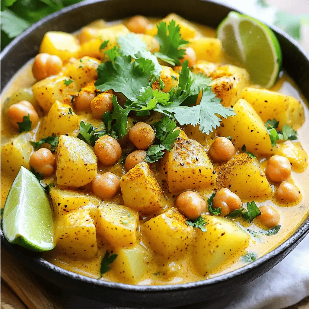 To make a tasty Chickpea and Potato Curry, you need the following main ingredients: - 2 cups canned chickpeas, rinsed and drained - 2 medium potatoes, peeled and cubed - 1 large onion, finely chopped - 2 cloves garlic, minced - 1-inch piece ginger, grated - 1 can (14 oz) coconut milk - 2 tablespoons curry powder - 1 teaspoon cumin seeds - 1 teaspoon turmeric powder - 1 teaspoon garam masala - 1 tablespoon vegetable oil - Salt to taste - Fresh cilantro for garnishing These ingredients blend perfectly. The chickpeas provide protein, while the potatoes add heartiness. Coconut milk gives it a creamy texture. To make your curry even better, consider adding these optional ingredients: - Lime wedges for serving - A pinch of chili flakes for heat - Fresh spinach or kale for added greens - Chopped tomatoes for extra moisture - Red bell peppers for color and sweetness These additions can elevate your dish. Citrus from the lime brightens the flavors. Spinach or kale boosts nutrition. Each serving of this Chickpea and Potato Curry is packed with nutrients. Here's what you can expect: - Calories: 320 - Protein: 10g - Carbohydrates: 50g - Fat: 12g - Fiber: 8g This meal is not only filling but also offers good nutrition. It supports a balanced diet while being easy to prepare. For the full recipe, check out the detailed instructions above. Start by gathering your ingredients. You will need chickpeas, potatoes, onion, garlic, ginger, coconut milk, and spices. - 2 cups canned chickpeas, rinsed and drained - 2 medium potatoes, peeled and cubed - 1 large onion, finely chopped - 2 cloves garlic, minced - 1-inch piece ginger, grated - 1 can (14 oz) coconut milk - 2 tablespoons curry powder - 1 teaspoon cumin seeds - 1 teaspoon turmeric powder - 1 teaspoon garam masala - 1 tablespoon vegetable oil - Salt to taste - Fresh cilantro for garnishing - Optional: Lime wedges for serving Make sure to peel and cube the potatoes first. This step helps them cook evenly. Chop the onion finely to release its sweet flavor. Mince the garlic and grate the ginger for a strong aroma. Heat the vegetable oil in a large pot over medium heat. Add the cumin seeds. Let them sizzle for about 30 seconds. This brings out their flavor. Next, add the chopped onions to the pot. Sauté them until they turn translucent, which takes about 5 minutes. Stir in the minced garlic and grated ginger. Cook for about 2 minutes until fragrant. Now, toss in the cubed potatoes. Sprinkle with curry powder, turmeric powder, and salt. Stir well to coat the potatoes in the spices. Cook for about 3-4 minutes. Pour in the coconut milk and add the drained chickpeas. Bring this to a gentle simmer. Cover the pot and let it cook for 15-20 minutes, or until the potatoes are tender. Remember to stir occasionally to prevent sticking. Once the potatoes are soft, sprinkle the garam masala over the curry. Stir gently and let it simmer uncovered for an extra 5 minutes. This helps thicken the sauce. Taste your curry and adjust the salt if needed. Remove the pot from heat and let it sit for a few minutes. Garnish with fresh cilantro. Serve it in deep bowls, adding lime wedges on the side for a zesty touch. Pair it with fluffy rice or warm naan for a complete meal. Enjoy your Chickpea and Potato Curry! For the complete recipe, check out the Full Recipe section. To make your curry creamy, use full-fat coconut milk. It adds richness and depth. Stir it in gently to keep the texture smooth. Adding it too early can cause it to separate. Always taste before you serve. Adjust the salt and spices as needed. To avoid sticking, use a heavy pot. This helps distribute heat evenly. Stir your curry often during cooking, especially when it’s thick. Adding a splash of water can help if it starts to stick. Keep an eye on the heat. Lowering it can also prevent burning. A large, heavy-bottomed pot is best for this recipe. It holds heat well and cooks evenly. A wooden spoon is great for stirring. If you have a lid, use it to cover the pot. This keeps moisture in and helps cook everything through. For the best results, use a good knife for prep. A sharp knife makes chopping easy and safe. For the full recipe, check out the detailed instructions. {{image_2}} Chickpea and potato curry is easy to make vegan and gluten-free. This recipe is already vegan, as it uses coconut milk and no animal products. For gluten-free needs, double-check your curry powder and spices. Some blends may contain gluten. Always choose certified gluten-free options for safety. You can change the heat of your curry to match your taste. If you like it mild, skip the extra spices. For more heat, add chopped green chilies or red pepper flakes. Start with a small amount and taste as you go. This way, you can find the perfect spice level for your palate. Feel free to switch out some ingredients. If you don’t have coconut milk, use almond milk or vegetable broth. Sweet potatoes can replace regular potatoes for a sweeter taste. Also, if you’re short on chickpeas, lentils work well too. Just adjust cooking times as needed. Mixing in other veggies, like spinach or bell peppers, can add color and nutrients. For the full recipe, check out the details above and enjoy your culinary adventure! After you make the Chickpea and Potato Curry, let it cool completely. Store leftovers in an airtight container. Keep it in the fridge for up to 3 days. This keeps the flavors fresh and tasty. To reheat, scoop the curry into a pot. Heat it over medium-low heat. Stir often to avoid sticking. You can add a splash of water or coconut milk if it seems thick. Heat until warm, about 5 to 10 minutes. You can also use a microwave. Place the curry in a microwave-safe bowl, cover it, and heat for 2-3 minutes. Stir halfway through to ensure it warms evenly. If you want to save some for later, freezing is easy! Use a freezer-safe container. Make sure to leave some space at the top. The curry will expand as it freezes. It can last in the freezer for about 3 months. To thaw, move it to the fridge overnight. Then reheat it using the instructions above. Enjoy your Chickpea and Potato Curry anytime! For the full recipe, check the earlier section. Yes, you can use dried chickpeas. First, soak them overnight in water. The next day, drain and rinse them. Then, cook them in boiling water for about 1 to 1.5 hours until tender. This method takes more time but can enhance the taste and texture. Here are some great side dishes to pair with your curry: - Steamed rice: White or brown rice works well. - Naan bread: Soft and perfect for scooping. - Raita: A cool yogurt dip helps balance the spices. - Salad: A fresh salad adds crunch and brightness. These options make your meal more filling and fun. To spice up your curry, try these tips: - Add fresh chili peppers: Chop them and mix in during cooking. - Use more curry powder: Add an extra teaspoon for heat. - Incorporate chili flakes: Sprinkle them in while cooking for an extra kick. - Garnish with spicy chutney: This can add flavor and heat when served. Experiment and find the spice level that you love! For the full recipe, check out the section above. Chickpea and potato curry brings great flavor and nutrition to your table. We covered key ingredients and how to cook this dish step by step. You learned tips for creaminess, avoiding sticking, and using the right tools. Variations let you adjust spice levels, use substitutes, or keep it vegan and gluten-free. Plus, we talked about storing and reheating leftovers for later. This dish is not only tasty but also easy to make. Enjoy your cooking and make it your own!