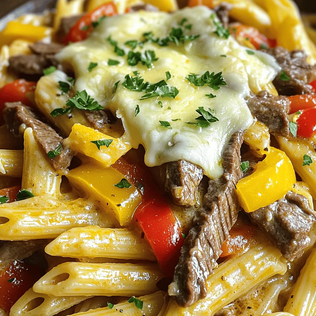 To make this tasty dish, gather these ingredients: - 12 oz pasta (penne or fettuccine works well) - 1 lb thinly sliced beef (ribeye or sirloin) - 1 medium onion, sliced - 1 bell pepper (any color), sliced - 2 cloves garlic, minced - 1 cup beef broth - 1 cup heavy cream - 1 tablespoon olive oil - Salt and pepper to taste - 1 teaspoon Worcestershire sauce - 1 ½ cups provolone cheese, shredded (or a mix of provolone and mozzarella) - Chopped parsley for garnish (optional) Choosing the right ingredients makes a big difference. Here are my tips: - Beef: Look for ribeye or sirloin with good marbling. This gives flavor and tenderness. - Pasta: Use high-quality pasta. Fresh pasta can elevate the dish. - Vegetables: Choose bright, firm vegetables. Freshness adds better taste. - Cheese: Opt for fresh provolone. It melts beautifully for that creamy sauce. - Broth: Use low-sodium beef broth. This allows you to control the salt level. You can easily adapt this recipe for different diets. Here are some great swaps: - For gluten-free: Use gluten-free pasta. Many brands taste just as good. - For a lighter version: Swap heavy cream for half-and-half or a plant-based cream. - For vegetarian: Use mushrooms or seitan instead of beef. They provide great texture and flavor. - For dairy-free: Use a dairy-free cheese and coconut cream. This keeps it rich without the dairy. Feel free to explore these options to customize your Philly cheesesteak pasta to fit your tastes! Check out the Full Recipe for detailed steps. Start by boiling a large pot of salted water. Once it bubbles, add 12 oz of penne or fettuccine pasta. Cook it until it is al dente, as per the package instructions. This usually takes about 8-10 minutes. After that, drain the pasta and save ½ cup of the pasta water. Set the pasta aside for later. In a large skillet, heat 1 tablespoon of olive oil over medium heat. When the oil is hot, add 1 medium sliced onion and 1 sliced bell pepper of your choice. Sauté them for about 5-7 minutes until they become soft. Then add 2 cloves of minced garlic and cook for 1 more minute. The smell will be amazing! After that, take the veggies out of the skillet and set them aside. Next, use the same skillet and turn the heat to medium-high. Add 1 lb of thinly sliced beef, like ribeye or sirloin. Season it with salt, pepper, and 1 teaspoon of Worcestershire sauce. Cook the beef for about 3-4 minutes until it is nicely browned. Be careful not to overcook it, as you want it tender. Reduce the heat back to medium. Put the sautéed vegetables back into the skillet. Add 1 cup of beef broth and let it simmer for 2-3 minutes. After that, stir in 1 cup of heavy cream. Let this mixture simmer for about 5 minutes so the sauce thickens a bit. Finally, add the cooked pasta to the skillet. Toss everything together until the pasta is well-coated in the creamy sauce. If it looks too thick, add a bit of the reserved pasta water, one tablespoon at a time, until you get the right consistency. Then, sprinkle 1 ½ cups of shredded provolone cheese over the pasta. Gently mix until the cheese melts and everything is creamy. Your Philly cheesesteak pasta is now ready to serve! To boost flavor, always use fresh ingredients. Fresh garlic and peppers add a punch. Don't forget to season each layer. I like to sprinkle salt and pepper on the beef as it cooks. Worcestershire sauce adds depth. A splash can transform your dish. You can also use a bit of Italian seasoning for warmth. Herbs like oregano or basil work wonders too. Getting the sauce just right is key. It should be creamy but not too thick. Start with beef broth and cream. Simmer them to blend flavors. If the sauce is too thick, add a bit of reserved pasta water. This helps loosen it without losing flavor. If it’s too thin, let it simmer longer. Keep stirring to avoid sticking. For that gooey cheese, add it at the end. Sprinkle it over the pasta and stir gently. The heat from the pasta helps it melt. If you want extra creaminess, mix in a little more cream. You can also use a mix of cheeses. Combining provolone with mozzarella gives a great taste. Make sure to keep stirring until it’s fully melted. Enjoy the rich, cheesy goodness! For more detailed steps, check the Full Recipe. {{image_2}} You can switch up the meat in Philly cheesesteak pasta. If you want a different flavor, use chicken or pork. Thinly sliced chicken breast works well and cooks fast. You can also try ground beef or turkey for a quick option. Each protein adds its unique twist to this dish, so don't be afraid to experiment! If you're looking for a meatless meal, you can easily make this dish vegetarian or vegan. For a vegetarian version, use mushrooms instead of beef. They add a rich, savory flavor. You can also add more veggies like zucchini or spinach for extra texture. For a vegan twist, swap the heavy cream with coconut cream or cashew cream. Choose a dairy-free cheese to keep it vegan-friendly. Cheese makes this dish creamy and rich. Provolone is traditional, but you can mix it up! Try mozzarella for a milder taste or cheddar for a sharp kick. You can also blend cheeses! Mixing provolone and mozzarella gives you a great flavor and texture. Feel free to get creative and find the cheese combo you love the most. For more details, check the full recipe. To keep your Philly cheesesteak pasta fresh, store it in an airtight container. Let it cool down first. This helps prevent moisture. You can keep it in the fridge for up to three days. If you want to keep it longer, consider freezing it. When reheating, use a skillet for the best results. Add a splash of beef broth or cream to keep it moist. Heat on low and stir gently. This helps maintain the creamy texture and rich flavor. You can also use the microwave, but cover it to avoid dryness. Heat in short bursts, stirring in between. You can freeze Philly cheesesteak pasta for up to three months. Use a freezer-safe container. Make sure to leave some space for expansion. To reheat, thaw it in the fridge overnight. Then, follow the reheating tips. This will help keep the taste and texture just right. For the full recipe, check out the complete guide! The Philly cheesesteak started in Philadelphia in the 1930s. Pat and Harry Olivieri made it first. They cooked beef on a grill and served it on bread. People loved it. Soon, others added cheese, creating the famous cheesesteak. Now, it’s a popular dish across the U.S. Yes, you can make this dish in advance. Cook the pasta and store it separately. Keep the cheesesteak sauce in another container. When ready to eat, combine the two. Gently heat them together on the stove. This way, the pasta stays fresh and the sauce remains creamy. To add spice, use hot sauce or crushed red pepper flakes. You can also swap in pepper jack cheese for a kick. Adding sautéed jalapeños gives extra heat, too. Adjust the spice level to fit your taste. Enjoy the flavor! Great sides include garlic bread, a simple salad, or roasted vegetables. You can also serve coleslaw for a crunchy contrast. Pairing with pickles adds a nice tang. These sides enhance your meal and create a lovely dinner spread. Check out the Full Recipe for serving suggestions! This blog post explored the joy of making Philly Cheesesteak Pasta. We covered key ingredients and tips for choosing the best ones. You learned step-by-step methods, from cooking pasta to making a creamy sauce. We shared ideas for variations, plus how to store and reheat leftovers effectively. In closing, with these tips, you can create a delicious dish that honors its roots. Enjoy cooking and add your twist to this crowd-pleaser!