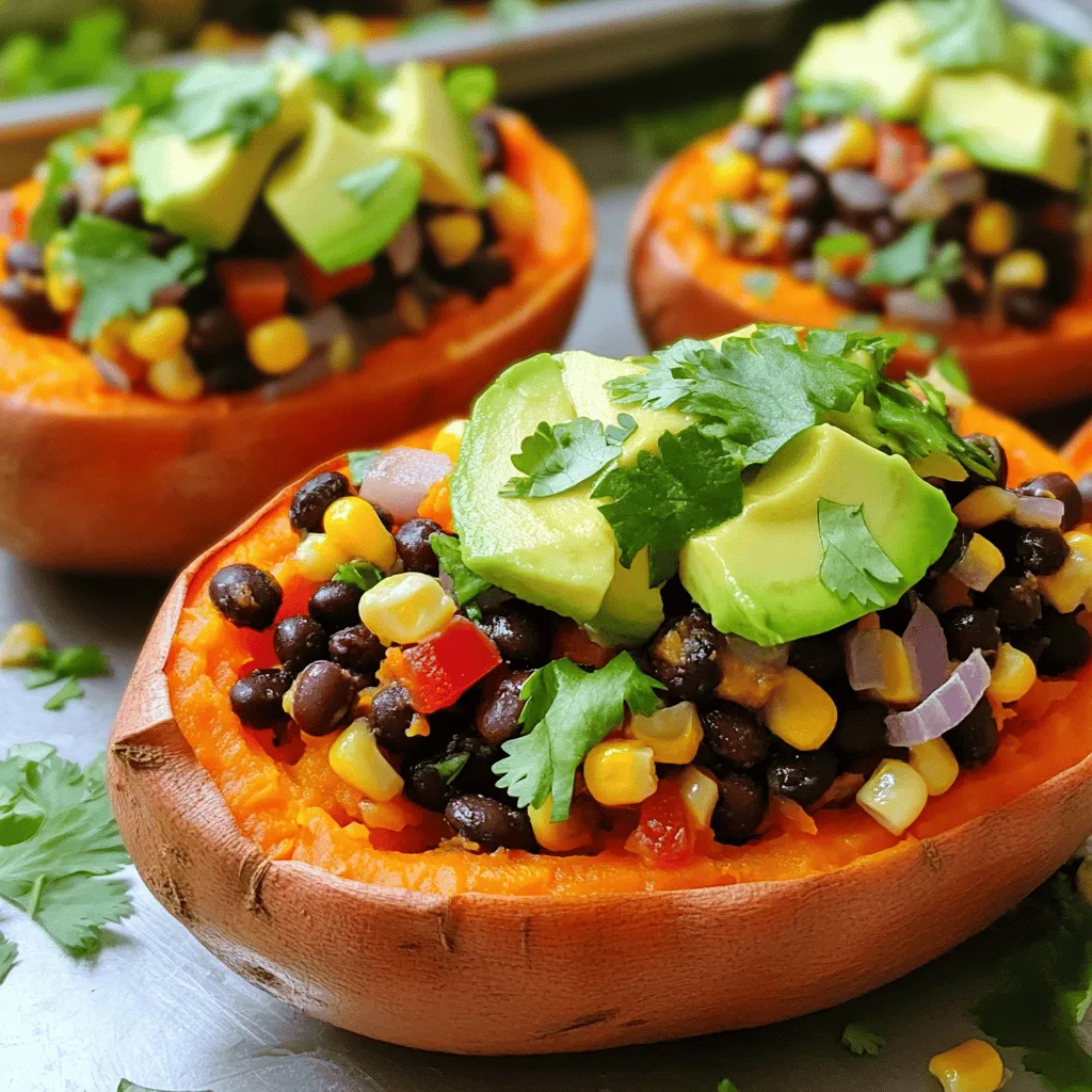 For this hearty dish, you need: - 4 medium sweet potatoes - 1 can (15 oz) black beans, rinsed and drained - 1 cup corn kernels (fresh, frozen, or canned) - 1 red bell pepper, diced - 1 small red onion, diced - 2 cloves garlic, minced These ingredients bring a sweet and savory blend to your meal. Sweet potatoes add natural sweetness, while black beans add protein and fiber. Corn adds a nice crunch, and bell pepper and onion give it color and flavor. To elevate the dish, include: - 1 teaspoon cumin - 1 teaspoon smoked paprika - Salt and pepper to taste - Juice from 1 lime Cumin and smoked paprika add warmth and depth. The salt and pepper enhance all flavors. Lime juice gives brightness and a fresh kick. You can make your meal even better with these toppings: - 1 avocado, sliced - Fresh cilantro, chopped - Greek yogurt or sour cream (optional) Avocado adds creaminess, while cilantro brings freshness. Greek yogurt or sour cream adds a tangy touch. Feel free to mix and match toppings to suit your taste. For full details, check out the Full Recipe. Start by preheating your oven to 400°F (200°C). Washing the sweet potatoes is key. Make sure they are clean. Use a fork to pierce each potato a few times. This helps them cook well. Place the sweet potatoes on a baking sheet. Roast them for about 45 to 50 minutes. You know they are done when they feel soft. Let them cool slightly before cutting. While the sweet potatoes roast, heat a large skillet over medium heat. Add a splash of water or oil to the pan. Then, toss in the diced red onion and bell pepper. Sauté these for about five minutes. You want them to get soft. Next, add minced garlic, cumin, smoked paprika, salt, and pepper. Cook this for one more minute until it smells good. Now, stir in the black beans and corn. Mix everything well and cook for another three to four minutes. Remove the skillet from the heat when everything is hot. When the sweet potatoes are ready, take them out of the oven. Cut each potato in half lengthwise. Scoop out some flesh from the center of each half. This creates a small well for the filling. Mix the scooped flesh into your black bean filling. Now, fill each sweet potato half with the mixture. Press down gently so it fits well. Drizzle fresh lime juice over the top for a burst of flavor. Finally, add sliced avocado and sprinkle fresh cilantro on each one. If you like, serve with Greek yogurt or sour cream for extra creaminess. Enjoy your delicious meal! For the full recipe, check out the earlier section. To get sweet potatoes just right, start with medium-sized ones. They cook evenly and are easier to handle. Wash each potato well, and pierce them with a fork. This helps steam escape while they roast. Preheat your oven to 400°F (200°C). Place the potatoes on a baking sheet lined with parchment paper for easy cleanup. Roast them for about 45–50 minutes. They are done when a fork can slide in easily. Let them cool for a few minutes before cutting. For the black bean filling, flavor is key. Use fresh garlic, red onion, and red bell pepper for a sweet base. Sauté them in a skillet until they soften. Add cumin and smoked paprika for warmth and depth. These spices elevate the dish. Don’t forget to stir in lime juice at the end. It adds a bright note that balances the rich flavors. Feel free to adjust the spices to match your taste. Serve your stuffed sweet potatoes with toppings for extra flavor. Sliced avocado adds creaminess and healthy fats. Fresh cilantro brings a pop of color and freshness. A dollop of Greek yogurt or sour cream can add a nice tang. For a complete meal, pair the potatoes with a simple green salad or grilled veggies. You can find the full recipe for more detailed steps and inspiration. Enjoy your culinary adventure! {{image_2}} You can switch up the filling for your black bean stuffed sweet potatoes. Try using quinoa instead of black beans. It adds a nice crunch and protein. You can also use chickpeas for a different texture. Mix in fresh spinach or kale for extra greens. For a spicy kick, add jalapeños or chili powder. You can even toss in some diced tomatoes for added flavor and moisture. This recipe is already vegan and gluten-free! Sweet potatoes and black beans are naturally free of animal products and gluten. You can keep it vegan by skipping dairy toppings. Use dairy-free yogurt or avocado instead of sour cream. Always check labels on canned goods to ensure they meet your dietary needs. Make your dish pop with some fun presentation ideas! Serve the stuffed sweet potatoes on a colorful plate. Use fresh herbs as a garnish for a vibrant touch. You could also drizzle a sauce over the top, like tahini or a spicy salsa. Slice the sweet potatoes into rounds instead of halves for bite-sized pieces. This way, you can create a platter perfect for sharing at parties. For the full recipe, check out the detailed instructions above. I love having extras of these stuffed sweet potatoes. To store them, let them cool first. Place them in an airtight container. They can stay fresh in the fridge for about three to four days. When you are ready to eat them, just pull them out and enjoy. If you want to save these stuffed sweet potatoes for later, freezing is a great option. Wrap each sweet potato half in plastic wrap. Then, place them in a freezer-safe bag or container. They can last up to three months in the freezer. When you are ready to enjoy them, thaw them in the fridge overnight. Reheating is easy! You can use the oven or microwave. For the oven, preheat it to 350°F (175°C). Place the stuffed sweet potatoes on a baking sheet. Heat them for about 15–20 minutes. If you are in a hurry, the microwave works too. Heat them for one to two minutes, checking often to make sure they warm evenly. Enjoy your meal again! You will know sweet potatoes are done when they are soft. To check, pierce them with a fork. If the fork goes in easily, they are ready. This takes about 45 to 50 minutes at 400°F (200°C). The skin may look wrinkled, but that’s normal. You want the flesh to feel tender and not firm. Yes, you can use different beans if you like. Black beans are great, but pinto or kidney beans work well too. Just make sure to rinse and drain them. This way, your stuffed sweet potatoes will still taste amazing. Each type of bean can add its own flavor and texture. You can serve Black Bean Stuffed Sweet Potatoes with many sides. A fresh salad pairs nicely, adding crunch and color. Some tortilla chips with salsa can also be fun. If you want more protein, grilled chicken or shrimp can work well too. For a simple touch, serve with lime wedges for extra zest. Check out the Full Recipe for more ideas. Black Bean Stuffed Sweet Potatoes are a tasty and healthy option. We covered key ingredients and the right spices for flavor. Step-by-step, I guided you from prep to serving. Tips ensure your sweet potatoes roast just right. Variations let you play with fillings and toppings. These stuffed sweet potatoes are great for meal prep, too. Store extras, freeze, and easily reheat when needed. Enjoy exploring this dish, and feel free to make it your own. Eating well can be fun and simple!