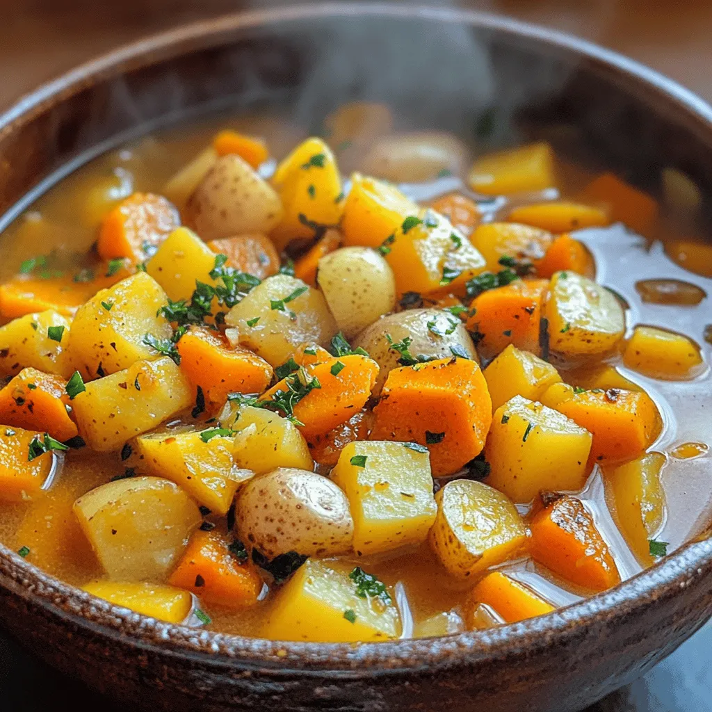 - 2 large carrots, diced - 1 large parsnip, diced - 1 medium sweet potato, cubed - 1 medium potato, cubed - 1 large red onion, chopped - 3 cloves garlic, minced For this stew, I love using fresh vegetables. Carrots add sweetness, while parsnips bring a nutty flavor. Sweet potatoes offer creaminess, and regular potatoes add heartiness. The red onion gives the dish a slight bite, and garlic adds depth to the taste. - 1 teaspoon dried thyme - 1 teaspoon smoked paprika - 1/2 teaspoon ground cumin - Salt and pepper to taste Seasonings are key to enhancing the flavors in the stew. Thyme pairs well with root veggies. Smoked paprika gives a warm, smoky note. Cumin adds earthiness. Salt and pepper are essential for balancing flavors. - 4 cups vegetable broth - 2 tablespoons olive oil - Fresh parsley for garnish Using vegetable broth makes this dish rich and comforting. Olive oil helps to roast the veggies and keep them tender. Fresh parsley on top adds a burst of color and freshness. You can find the Full Recipe for precise measurements and steps. First, preheat your oven to 425°F (220°C). This step is key for perfect roasting. Next, gather your fresh vegetables. You will need: - 2 large carrots, diced - 1 large parsnip, diced - 1 medium sweet potato, cubed - 1 medium potato, cubed - 1 large red onion, chopped - 3 cloves garlic, minced Place these chopped vegetables into a large mixing bowl. Now, it’s time to bring out the flavors! Drizzle the vegetables with 2 tablespoons of olive oil. Sprinkle in 1 teaspoon of dried thyme, 1 teaspoon of smoked paprika, 1/2 teaspoon of ground cumin, and salt and pepper to taste. Toss everything together until each piece is well coated. Spread the vegetable mix onto a large baking sheet in a single layer. Roast them in the preheated oven for 25-30 minutes. Stir halfway through to ensure even cooking. The veggies should be tender and slightly caramelized. While the vegetables roast, bring 4 cups of vegetable broth to a simmer in a large pot over medium heat. Once your roasted vegetables are ready, carefully transfer them into the pot with the broth. Stir well to combine. Let the stew simmer for 10-15 minutes. This time allows the flavors to meld beautifully. Taste and adjust seasoning if needed. Serve hot, and don’t forget to garnish with fresh parsley for a pop of color. You can find the Full Recipe for more details. To choose the best vegetables, look for bright colors and firm textures. Fresh vegetables taste better. For roasting, cut your veggies into even pieces. This helps them cook at the same rate. Adjust roasting time based on the size of the cuts. Smaller pieces cook faster, about 20-25 minutes, while larger ones may take longer. Check for tenderness with a fork. You want them soft but not mushy. For serving sizes, aim for about one and a half cups per person. This dish is filling and packed with flavors. Pair the stew with crusty bread or a fresh salad for a complete meal. A sprinkle of fresh parsley adds color and a hint of freshness. Root vegetables are full of vitamins and minerals. Carrots boost your eyesight, while sweet potatoes offer fiber and potassium. Eating a plant-based stew like this one supports heart health and helps with digestion. It’s a great way to enjoy a healthy meal while savoring rich flavors. For the full recipe, check out the details above and get cooking! {{image_2}} You can boost your stew by adding proteins. Beans or lentils work well. They add texture and make the dish more filling. Simply stir in a cup of cooked beans or lentils when you mix in the roasted vegetables. If you prefer meat, chicken or sausage can be great choices. Use cooked, shredded chicken or diced sausage. Add these right after the vegetables to heat through. This addition makes the stew heartier and satisfying. Don’t be afraid to play with flavors! Adding different herbs and spices can change the taste. Try rosemary or oregano for a fresh twist. You can even add a pinch of cinnamon for warmth. If you like heat, sprinkle in some chili flakes or fresh chopped chili. This spice can give your stew a nice kick. Start with a small amount and taste as you go. You can always add more if you want it spicier. You can serve your stew in different ways. If you want a soupier dish, add more broth. This makes it lighter and great for warm days. If you prefer a thicker stew, let it simmer longer. This allows the flavors to concentrate. Garnishing can also change the look of your dish. A sprinkle of fresh parsley adds color and freshness. You can also use a dollop of yogurt or sour cream for creaminess. For the full recipe, check out the detailed instructions above! To store leftover stew, let it cool first. Place it in an airtight container. This keeps it fresh and safe. Use glass or plastic containers with tight lids. They work best for storing food. Label the container with the date. This way, you know when it was made. To freeze the stew, use freezer-safe containers or bags. Leave some space at the top, as the stew will expand. Make sure to seal the bags tightly to prevent freezer burn. When you want to eat it, take it out and thaw it in the fridge overnight. For reheating, warm it on the stove over low heat. Stir it often to avoid sticking. In the fridge, the stew lasts about 4 to 5 days. If you freeze it, it can last up to 3 months. Check for signs of spoilage, like off smells or mold. If it looks or smells bad, throw it away. Keeping track of your leftovers helps you enjoy the stew at its best! To make this stew vegan, you need to replace the vegetable broth. Use a homemade vegetable broth or a store-bought vegan option. The other ingredients are already plant-based. If you have any butter or cream in your recipe, just leave them out. This stew stays tasty without them! Yes, you can use frozen vegetables. They save time and are easy to use. However, frozen veggies can change the stew's texture. They may not roast well like fresh ones. If you choose frozen, add them to the pot later. This way, they won’t get too mushy. No problem! You can swap out vegetables. If you're missing sweet potatoes, use regular potatoes. Parsnips can be replaced with turnips or even carrots. For spices, if you lack smoked paprika, regular paprika works, too. Be creative and use what you have! Thickening the stew is easy! You can mash some of the cooked vegetables. This adds creaminess without extra ingredients. Another method is to add a cornstarch slurry. Mix cornstarch with a bit of cold water first. Then stir it into the stew until it thickens. It’s simple and effective! For the full recipe, check out the [Full Recipe]. This blog post covered how to make a tasty roasted root vegetable stew. You learned about fresh vegetables, seasonings, and how to combine them into a delicious dish. We shared tips for perfect flavors and options for storage and serving. Experiment with proteins and seasonings to make the stew your own. Remember, this meal is not just tasty but packed with nutrition. Enjoy your cooking, and don’t be afraid to try new things!