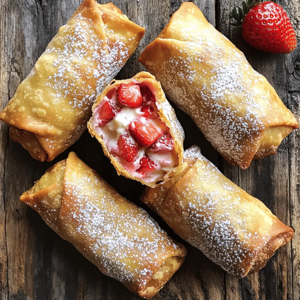 - 1 cup fresh strawberries, hulled and diced - 1/2 cup cream cheese, softened - 1/4 cup sugar - 1 teaspoon vanilla extract - 1/2 teaspoon lemon juice - 8 eggroll wrappers - 1/2 cup crushed graham crackers - 1 egg, beaten (for sealing) - Oil for frying - Powdered sugar for dusting (optional) When I make strawberry cheesecake eggrolls, I start with the freshest strawberries. Fresh strawberries bring a burst of flavor. You can use ripe ones for the best taste. Next, I blend softened cream cheese with sugar, vanilla, and lemon juice. This creates a rich and smooth cheesecake filling. The lemon juice adds a nice zing. For the eggrolls, I use wrappers that are easy to work with. They hold the filling well. I also like to coat them with crushed graham crackers. This gives a crunchy texture that contrasts with the creamy filling. Gathering these ingredients sets the stage for a fun cooking experience. You’ll see how each component plays a role in making these tasty treats. If you want the full details, check the Full Recipe. First, gather your ingredients. In a bowl, combine the diced strawberries and softened cream cheese. Use a fork or mixer to blend them until smooth. Add in the sugar, vanilla extract, and lemon juice. Mix again until creamy and well combined. This filling is sweet and fruity, perfect for our eggrolls. Now, it's time to assemble. Lay an eggroll wrapper on a clean surface. The corner should face you. Spoon about 2 tablespoons of the cheesecake filling into the center of the wrapper. Fold the bottom corner over the filling. Next, fold the sides in toward the center. Finally, roll it up tightly. Seal the edge with a bit of beaten egg. Repeat this for all wrappers and filling. Heat oil in a deep frying pan over medium heat. Aim for about 350°F or 175°C. Carefully place eggrolls in the hot oil. Fry them in batches until golden brown and crispy, about 2-3 minutes on each side. Once done, drain the eggrolls on paper towels. Let them cool slightly before serving. You can sprinkle crushed graham crackers on top for extra crunch. Enjoy your delicious Strawberry Cheesecake Eggrolls! For the full recipe, check the earlier section. To get the best crispy eggrolls, oil temperature is key. Heat your oil to about 350°F (175°C). This is the sweet spot for frying. If the oil is too cold, the eggrolls will soak up oil and become greasy. If it's too hot, they will burn quickly. While frying, work in small batches. This helps maintain oil temperature, ensuring even cooking. Fry each eggroll for about 2-3 minutes on each side. Keep an eye on them. Remove them when they turn a beautiful golden brown. Drain them on paper towels to remove extra oil. To boost flavor, consider adding a pinch of cinnamon or nutmeg to the filling. These spices pair well with strawberries and cream cheese. You can also mix in a splash of almond extract for a unique twist. For a beautiful presentation, dust your warm eggrolls with powdered sugar. Add a few fresh strawberry slices or mint leaves on the plate. This not only looks appealing but adds a fresh touch to your dish. A drizzle of chocolate sauce can also elevate your dessert. Make sure to check the [Full Recipe] for more details on the preparation! {{image_2}} You can change the fruit in your eggrolls. Try using blueberries, raspberries, or peaches. Each fruit brings a unique taste. Blueberries add a sweet and tart flavor. Raspberries give a bit of tanginess. Peaches offer a juicy and sweet profile. Adjust the amount of sugar based on the fruit you choose. For sweeter fruits, use less sugar. For tart fruits, you may want to add more. This way, your filling will always taste just right. If you want a healthier version, consider baking the eggrolls instead of frying. Baking cuts down on oil and fat. Preheat your oven to 400°F (200°C). Place the eggrolls on a baking sheet lined with parchment paper. Brush them lightly with oil for a golden finish. Bake for about 15-20 minutes until crispy. You can also swap cream cheese for Greek yogurt. This change gives you the same creamy texture but with less fat. Greek yogurt is high in protein, making it a better choice. Just make sure to use plain yogurt to keep the flavor balanced. These options let you enjoy strawberry cheesecake eggrolls in a new way without losing flavor. For the full recipe, check out the main instructions above! To keep your strawberry cheesecake eggrolls fresh, use an airtight container. You can stack them neatly to save space. Store them in the fridge for up to three days. If you want to keep them longer, freezing is the best option. Freezing is simple and helps keep these treats tasty. First, let the eggrolls cool completely before freezing. Place them in a single layer on a baking sheet. Freeze them for about an hour until firm. Then, transfer them to a freezer-safe bag. They can last up to three months in the freezer. When you want to enjoy them, take the eggrolls out of the freezer and thaw them overnight in the fridge. For best results, reheat in the oven at 350°F (175°C) for about 10-15 minutes. This keeps them crispy and delicious. Enjoy your sweet and tasty treat! For the full recipe, check earlier in the article. Strawberry Cheesecake Eggrolls are a fun twist on classic cheesecake. They combine sweet strawberries, cream cheese, and sugar, wrapped in crispy eggroll wrappers. You fry them until golden brown, making a crunchy outside and a creamy inside. This dessert is perfect for parties or a sweet treat at home. You can enjoy them warm, dusted with powdered sugar for a nice touch. Yes, you can prepare these eggrolls ahead of time. Make the filling and fill the wrappers, then store them in the fridge. Cover them with plastic wrap to keep them fresh. They last for about a day. When you're ready to serve, simply fry them up. If you want to freeze them, place them in an airtight container. They can stay frozen for up to a month. Just thaw them in the fridge before frying. To avoid bursting eggrolls, seal them well. Use a little beaten egg on the edges to help them stick. Don't overfill the wrappers; about two tablespoons of filling works best. Fry in hot oil, around 350°F (175°C). This helps cook them quickly and keeps the filling inside. If they do burst, you can still enjoy the crispy goodness! In this post, I shared how to make delicious strawberry cheesecake eggrolls. You learned about the fresh ingredients, step-by-step instructions, and helpful tips. I also offered variations, storage tips, and answered common questions. Try these treats for a fun dessert! They are easy to make and tasty. With a few simple steps, you can impress family and friends. Enjoy the process and savor each bite of your crispy eggrolls!