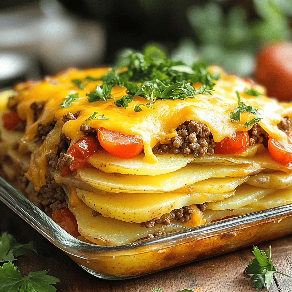 To make this tasty dish, you will need: - 1 lb ground beef - 4 medium potatoes, peeled and sliced thin - 1 medium onion, diced - 2 cloves garlic, minced - 1 cup shredded cheddar cheese - 1 cup beef broth - 1 can (15 oz) diced tomatoes, drained - 1 teaspoon Italian seasoning - Salt and pepper to taste - 2 tablespoons olive oil - Fresh parsley, chopped (for garnish) You can swap some ingredients if needed. Here are a few ideas: - Use ground turkey or chicken instead of ground beef for a lighter dish. - Sweet potatoes can replace regular potatoes for a sweeter flavor. - Any cheese works; try mozzarella or pepper jack for a different taste. - Use vegetable broth instead of beef broth for a vegetarian version. Fresh ingredients make a big difference in flavor. Here are some tips: - Choose firm, smooth potatoes with no bruises or sprouts. - Look for onions that are firm and have no soft spots. - Garlic should be dry and firm, not sprouted or soft. - Always check expiration dates on canned goods, like diced tomatoes. These tips will help you create a delicious Ground Beef and Potatoes Casserole. For the full recipe, check the earlier section. Before you start cooking, gather all your ingredients. This makes the process easy and fun. You will need: - 1 lb ground beef - 4 medium potatoes, peeled and sliced thin - 1 medium onion, diced - 2 cloves garlic, minced - 1 cup shredded cheddar cheese - 1 cup beef broth - 1 can (15 oz) diced tomatoes, drained - 1 teaspoon Italian seasoning - Salt and pepper to taste - 2 tablespoons olive oil - Fresh parsley, chopped (for garnish) Now, preheat your oven to 375°F (190°C). In a large skillet, pour in the olive oil. Heat it over medium heat. Once hot, add the diced onion and minced garlic. Cook these until the onion turns clear, about 3-4 minutes. Next, add the ground beef. Use a spatula to break it apart. Cook until it turns brown. This should take about 5-7 minutes. Add the Italian seasoning, salt, and pepper to taste. Stir well to mix all the flavors. Grab a greased 9x13 inch baking dish. Start by layering half of the sliced potatoes on the bottom. Next, add the cooked beef mixture. Spread the drained diced tomatoes over the beef. Now, place the rest of the potato slices on top. Pour the beef broth evenly over everything. Cover the dish tightly with aluminum foil. Bake it in your preheated oven for 45 minutes. After that, take off the foil. Sprinkle the shredded cheddar cheese on top. Return the dish to the oven. Bake uncovered for another 15 minutes. This helps the cheese melt and turn golden. Once it's done, let the casserole cool for about 5 minutes. Before serving, add some chopped fresh parsley on top for a nice touch. Enjoy your delicious Ground Beef and Potatoes Casserole! For the full recipe, check out the [Full Recipe]. When it comes to making a great casserole, the potatoes matter. I recommend using medium-sized potatoes. They cook evenly and add a nice texture. Always peel them for a smooth finish. Slice them thin, about 1/8 inch thick. This helps them cook faster and blend well with the beef. If you want extra creaminess, consider using Yukon Gold potatoes. They have a buttery flavor that pairs nicely with beef. To boost the flavor, add fresh herbs. You can use thyme or rosemary for a fragrant touch. Also, consider adding a splash of Worcestershire sauce to the beef mix. This adds a wonderful depth to the dish. Don't forget to salt the layers of potatoes. It helps bring out their natural taste. A sprinkle of paprika can also give a nice color and extra warmth to your casserole. Cooking times can vary based on your oven and potato thickness. If you slice potatoes thicker than 1/8 inch, increase your cooking time by 10 to 15 minutes. Always check for doneness by piercing a potato with a fork. It should slide in easily when the potatoes are tender. If you like a crispy top, broil the casserole for a few minutes after baking. Just keep an eye on it to avoid burning. For a detailed guide on making this dish, check the Full Recipe. {{image_2}} You can switch out ground beef for other meats. Ground turkey is a lean choice. It offers a mild flavor that works well in this dish. Ground chicken is another option. It provides a light taste and pairs nicely with the potatoes. If you want a richer flavor, try ground lamb. It adds a unique taste to the casserole. For those who enjoy something different, consider using sausage. It infuses the dish with savory spices. For a meat-free version, use lentils or chickpeas. Both options add protein and texture. You can also use plant-based ground meat. These products mimic the taste and mouthfeel of beef. Another option is to add more vegetables. Try mushrooms, zucchini, or spinach for added nutrients. A mix of beans can also work well. Just make sure to adjust the cooking time for any fresh veggies. Change this casserole based on the seasons. In spring, add fresh asparagus or peas. These greens add color and crunch. In summer, use fresh tomatoes from the garden. They bring a juicy sweetness to the dish. In fall, try adding butternut squash or sweet potatoes. These ingredients add warmth and depth. During winter, root vegetables like carrots or parsnips can offer heartiness. You can also spice it up with seasonal herbs, like sage or thyme. For more details, check out the Full Recipe. After you enjoy your ground beef and potatoes casserole, let it cool. Once cooled, cover the dish tightly with plastic wrap or aluminum foil. You can also transfer leftovers to an airtight container. Store the casserole in the fridge for up to three days. If you want to save some for later, freezing is a great option. Allow the casserole to cool completely. Then, cover it tightly with plastic wrap and aluminum foil. Make sure to label the container with the date. You can freeze it for up to three months. To avoid freezer burn, use a vacuum-sealed bag for best results. When you're ready to eat your frozen casserole, thaw it in the fridge overnight. For reheating, preheat your oven to 350°F (175°C). Cover the casserole with foil to keep it moist. Bake for about 25-30 minutes, or until heated through. If you want the cheese bubbly, remove the foil for the last 10 minutes. Enjoy your delicious meal again! Ground Beef and Potatoes Casserole lasts about three to four days in the fridge. Make sure to cover it well. Use an airtight container to keep it fresh. If you notice any odd smells or colors, it’s best to throw it away. Yes, you can make this casserole ahead of time. Prep it the night before and store it in the fridge. Just remember to cover it tightly with foil or plastic wrap. When you are ready to bake, you can either bake it straight from the fridge or let it sit at room temperature for 30 minutes. This dish is great for busy nights! You can serve a simple green salad with the casserole. A side of steamed veggies also works well. If you want something warm, garlic bread is a tasty choice. You can even add a dollop of sour cream on top for extra creaminess. For more ideas, check out the Full Recipe for other sides that pair nicely! This blog post shared key steps for making a delicious ground beef and potatoes casserole. We covered ingredients, cooking methods, and helpful tips. Remember to try different meats or veggies to make it yours. Storing tips keep your leftovers tasty. Feel free to reheat or freeze with ease. Cooking shouldn’t be hard, and with these quick steps, you can enjoy a great meal anytime. Trust your skills and enjoy every bite!