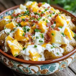 To make Loaded Baked Potato Salad, you need simple and tasty ingredients. This dish combines classic flavors with a creamy texture. - 4 large russet potatoes: These starchy potatoes give a fluffy base. - 1/2 cup sour cream: Adds creaminess and tang. - 1/2 cup mayonnaise: Brings richness to the salad. - 1 cup shredded cheddar cheese: Offers a sharp flavor. - 4 green onions, chopped: Gives a fresh crunch. - 6 strips of crispy turkey bacon, crumbled: Adds a savory, crispy touch. - 1 teaspoon garlic powder: Boosts flavor depth. - 1 teaspoon onion powder: Enhances the taste profile. - Salt and pepper to taste: Balances all flavors. - Fresh chives for garnish: Adds a pop of color and flavor. You can easily make this salad fit different diets. Here are some swaps: - Sour cream: Use Greek yogurt for a lighter option. - Mayonnaise: Try avocado or a vegan mayo for a healthier choice. - Turkey bacon: Use plant-based bacon for a vegetarian meal. - Cheese: Opt for a dairy-free cheese for lactose-free diets. This Loaded Baked Potato Salad is adaptable and full of flavor. You can easily customize it to fit your needs. To start, preheat your oven to 400°F (200°C). This step is key for soft potatoes. Scrub the russet potatoes well to remove dirt. Pat them dry with a towel. Prick each potato a few times with a fork. This helps steam escape while baking. Place the potatoes directly on the oven rack. Bake for 45-60 minutes. They are done when you can easily pierce them with a fork. After baking, take the potatoes out and let them cool a bit. While the potatoes cool, grab a large bowl. In this bowl, mix together the sour cream and mayonnaise. Add the garlic powder, onion powder, salt, and pepper. Stir until smooth and creamy. Taste it and adjust the seasoning if needed. This dressing brings all the flavors together in your salad. When the potatoes are cool enough to handle, peel off the skins if you wish. You can also leave the skins on for a rustic touch. Cut the potatoes into bite-sized chunks. Add these chunks to the bowl with the dressing. Next, toss in the shredded cheddar cheese, chopped green onions, and crumbled turkey bacon. Gently fold everything together. Make sure the potatoes are well coated with the creamy mixture. Now, transfer the loaded potato salad to a serving dish. Chill it in the fridge for at least 30 minutes. This helps the flavors meld together. Just before serving, sprinkle fresh chives on top for a pop of color. Enjoy your loaded baked potato salad! To get the best texture, always choose large russet potatoes. Their starchy nature makes them creamy. Bake them until soft, around 45 to 60 minutes. I like to scrub them well before cooking. You can leave the skins on for extra crunch. Once they cool, cut them into bite-sized pieces. This keeps the salad hearty and satisfying. For a flavor boost, try adding fresh herbs. Chives, parsley, or dill brighten the dish. A splash of lemon juice also adds zing. Adjust the spices to fit your taste. For a smoky twist, use crispy turkey bacon, as it adds a nice crunch. If you love heat, a pinch of cayenne pepper works wonders. To save time, bake your potatoes in advance. You can even cook them the night before. This way, they cool and are ready for mixing. Using pre-cooked bacon or store-bought dressing can speed things up too. If you want, use leftover potatoes from another meal. This makes the salad quick and easy to prepare. For the complete recipe, check out the Full Recipe link. {{image_2}} You can customize your loaded baked potato salad with fun toppings. Here are my favorite ideas: - Bacon Bits: Swap turkey bacon for crispy pork bacon for a richer taste. - Jalapeños: Add sliced jalapeños for a spicy kick. They add heat and flavor. - Diced Tomatoes: Fresh diced tomatoes bring color and freshness to your salad. - Olives: Black or green olives add a briny flavor, balancing the creaminess. - Avocado: Creamy avocado chunks can make the dish even more delicious. This potato salad works for many events. Here are some ideas to serve it: - Picnics: It’s a perfect side dish for outdoor gatherings. Serve it cold for a refreshing bite. - Barbecues: Pair it with grilled meats like burgers or hot dogs. The flavors work great together. - Potlucks: Bring this dish as a crowd-pleaser. Guests will enjoy its unique twist on a classic. - Family Dinners: It makes a great side for family meals. Everyone loves a hearty salad like this. Want a lighter version? Here are some easy swaps to make it healthier: - Greek Yogurt: Replace sour cream with Greek yogurt for more protein and less fat. - Light Mayonnaise: Use light mayonnaise to cut calories without losing creaminess. - Cauliflower: Substitute half the potatoes with roasted cauliflower for extra veggies. - Turkey Bacon: Stick with turkey bacon, or try veggie bacon for a meatless option. These variations keep the dish fun and fresh. You can always mix and match! For the full recipe, check out Loaded Baked Potato Salad. After you enjoy your Loaded Baked Potato Salad, store leftovers in an airtight container. Keep it in the fridge. This salad stays fresh for about 3 to 5 days. Make sure to seal the container well. This helps keep flavors intact. If you plan to eat it later, avoid adding toppings like chives or extra cheese. They taste best when added fresh. While I love this salad fresh, you can freeze it. However, keep in mind that the texture may change. To freeze, place the salad in a freezer-safe container. Leave some space at the top for expansion. It can last for about 2 to 3 months in the freezer. When you're ready to enjoy, thaw it in the fridge overnight. If you freeze your Loaded Baked Potato Salad, you might want to reheat it. I suggest not heating it in the microwave, as it can make it mushy. Instead, let it come to room temperature after thawing. If you like it warm, place it in a pot on low heat. Stir gently to warm it through. Serve it with fresh toppings for the best taste. For the full recipe, check the section earlier in the article. Yes, you can make Loaded Baked Potato Salad ahead of time. It tastes even better after chilling for a while. I suggest making it a few hours before serving. This gives the flavors time to mix well. Just store it in the fridge until you are ready to serve. If you need a substitute for sour cream, there are a few options. Greek yogurt works well and adds a nice creaminess. You can also use cottage cheese for a healthier twist. If you're dairy-free, try a plant-based sour cream. Each option keeps the salad creamy and tasty. Yes, you can use other types of potatoes. Yukon Gold potatoes are a great choice for a buttery flavor. Red potatoes hold their shape well and add color. Just make sure to adjust the cooking time if the potatoes are smaller or larger. Experiment to find your favorite! This post covered how to make a tasty loaded baked potato salad. We explored key ingredients and their roles, plus substitutions for diets. The step-by-step instructions detailed how to prep and mix everything, ensuring great results. We also shared tips for perfect texture and flavor. In conclusion, making this salad is easy and fun. You can customize it to fit your taste. Whether for a party or a cozy meal, enjoy every bite!