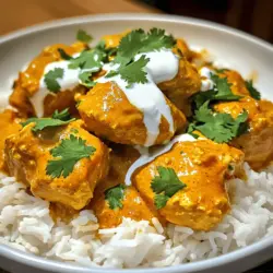 For this dish, you will need: - 500g boneless chicken thighs, cut into bite-sized pieces - 2 tablespoons ghee (or unsalted butter) - 1 medium onion, finely chopped - 3 cloves garlic, minced - 1 tablespoon fresh ginger, minced - 1 can (400g) crushed tomatoes - 1 cup heavy cream - 2 tablespoons garam masala - 1 tablespoon chili powder (adjust to taste) - 2 teaspoons ground cumin - Salt to taste - Fresh cilantro, chopped (for garnish) - Cooked basmati rice or naan bread (for serving) These ingredients create a rich and creamy sauce that clings to the chicken pieces. The spices add warmth and depth, while the cream balances the heat. You can boost the flavor of your butter chicken with: - 1 tablespoon lemon juice for brightness - Peas or bell peppers for added texture - A pinch of sugar to balance acidity - Cashews or almonds for crunch Adding these will not only enhance the taste but also make the dish more vibrant and colorful. If you need to swap out some ingredients, consider these options: - Use olive oil instead of ghee for a dairy-free option - Coconut cream can replace heavy cream for a dairy-free version - Substitute chicken with tofu or chickpeas for a plant-based meal These substitutions will still give you a tasty butter chicken while catering to different dietary needs. You can find the Full Recipe for detailed cooking instructions! Start by gathering all your ingredients. You’ll need: - 500g boneless chicken thighs, cut into bite-sized pieces - 2 tablespoons ghee (or unsalted butter) - 1 medium onion, finely chopped - 3 cloves garlic, minced - 1 tablespoon fresh ginger, minced - 1 can (400g) crushed tomatoes - 1 cup heavy cream - 2 tablespoons garam masala - 1 tablespoon chili powder (adjust to taste) - 2 teaspoons ground cumin - Salt to taste - Fresh cilantro, chopped (for garnish) - Cooked basmati rice or naan bread (for serving) Chop the onion, garlic, and ginger first. This makes cooking smoother. Cut the chicken into small pieces. This helps it cook faster and soak up flavors well. Heat the ghee in a large skillet over medium heat. Add the chopped onion. Sauté it until golden brown, about 5-7 minutes. Next, stir in the minced garlic and ginger. Cook for 1-2 minutes until fragrant. Now, add the chicken pieces. Season with salt. Cook until the chicken is lightly browned on all sides, about 5-6 minutes. Sprinkle in the garam masala, chili powder, and ground cumin. Mix well and cook for one more minute to release the spices' flavors. Pour in the crushed tomatoes. Stir well and let it simmer for 5-7 minutes until the chicken is cooked through. Reduce the heat to low. Stir in the heavy cream, mixing until it’s well combined. Let it cook for another 2-3 minutes to thicken slightly. Taste your dish and adjust the seasoning if needed. Add more salt or spices to suit your taste. Finally, remove the skillet from heat and garnish with freshly chopped cilantro. This adds a fresh touch. Serve your butter chicken with hot basmati rice or naan. Drizzle a little extra cream over the top for a special finish. Enjoy this delicious meal! Check the Full Recipe for more details. To boost flavor in your butter chicken, use fresh spices. Fresh spices bring warmth and depth. Toasting spices like cumin and garam masala in the pan can also help. This unlocks their full aroma. I love adding a squeeze of lemon juice at the end. It brightens the dish and balances the creaminess. Fresh cilantro on top adds a pop of color and taste too. You can save time by using smaller chicken pieces. Bite-sized chunks cook faster than larger ones. Also, using a pressure cooker speeds up the process. You can have tender chicken in just 10 minutes! If you’re in a hurry, try precooked rotisserie chicken. Just add it to the sauce to warm through. For juicy chicken, don’t overcook it. Cook just until it’s no longer pink inside. Marinating chicken in yogurt for a few hours can help. This keeps the chicken tender and flavorful. If you want a crisp outer layer, sear the chicken first. Then, simmer it in the sauce to keep it juicy. For the full recipe, check out the Quick Homemade Butter Chicken section in this article. {{image_2}} You can enjoy a vegetarian version of butter chicken. Swap the chicken for tofu or paneer. Both options soak up flavor well. Tofu gives a nice texture, while paneer adds creaminess. Use the same spices and cooking method. For a hearty twist, add chickpeas or lentils. They provide protein and fiber too. Adjusting the spice level is easy. If you like heat, add more chili powder. Start with a little and taste as you go. If you prefer mild, cut back on spices. You can also add a touch of sugar. This balances the heat and makes the dish sweeter. Want a lighter butter chicken? Use low-fat yogurt instead of heavy cream. This swap cuts calories but keeps taste. You can also use skinless chicken breasts for less fat. For a veggie boost, add spinach or bell peppers. They add color and nutrients to your meal. Explore these variations in the Full Recipe for more ideas! After enjoying your butter chicken, let it cool down first. Store it in an airtight container. This keeps the flavors fresh. Place it in the fridge if you plan to eat it within three days. Make sure to label the container with the date. This helps you track how long it has been stored. When you're ready to reheat your butter chicken, use a skillet for the best results. Heat it on medium-low to avoid burning. Stir often to keep it from sticking. If it seems too thick, add a splash of water or cream. This helps restore its creamy texture. You can also microwave it, but stir it halfway to heat evenly. To freeze your butter chicken, let it cool completely. Then, portion it into freezer-safe bags or containers. Remove as much air as possible to prevent freezer burn. You can freeze it for up to three months. When you're ready to eat, thaw it in the fridge overnight. Reheat it gently, and enjoy your delicious meal again! Butter chicken, or murgh makhani, comes from India. It started in the 1950s. A restaurant in Delhi made it by mixing leftover chicken with tomato sauce. Over time, it grew popular across the world. This dish blends Indian spices with creamy sauce. The rich flavors make it a favorite for many. Yes, you can use different cuts of chicken. Chicken breast works well. It is leaner but can dry out if overcooked. You can also try chicken drumsticks. Thighs are my personal favorite as they stay juicy. Just make sure to cook the chicken until it reaches 165°F for safety. To make this recipe dairy-free, swap heavy cream with coconut milk. This change keeps the creaminess while adding a hint of sweetness. You can also use a dairy-free yogurt. It adds tang and richness. Adjust spices to balance flavors. With these swaps, you still get a tasty butter chicken. For the best curry consistency, follow these tips. First, let the sauce simmer long enough to thicken. Use crushed tomatoes for a smooth base. If it's too thick, add water or broth to reach your desired texture. Stir well to combine all ingredients. Taste and adjust as needed for the perfect dish. Quick homemade butter chicken is both simple and delicious. We covered key ingredients, cooking steps, and helpful tips to elevate your dish. Remember to adjust flavors to fit your taste and try variations like vegetarian options. Proper storage and reheating ensure your leftovers remain tasty. Overall, this dish is easy to adapt, making it perfect for anyone who loves great food. Enjoy the cooking process, and make it your own!