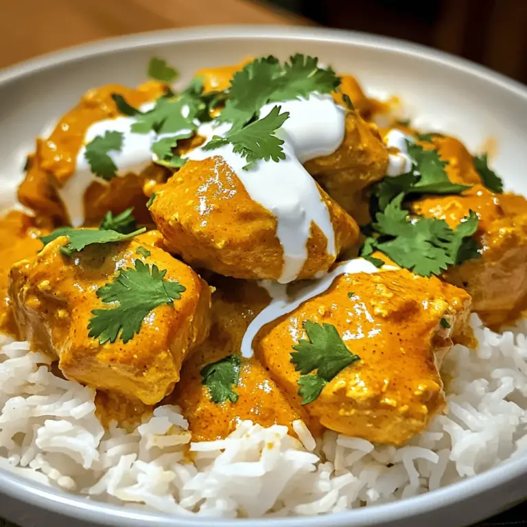 For this dish, you will need: - 500g boneless chicken thighs, cut into bite-sized pieces - 2 tablespoons ghee (or unsalted butter) - 1 medium onion, finely chopped - 3 cloves garlic, minced - 1 tablespoon fresh ginger, minced - 1 can (400g) crushed tomatoes - 1 cup heavy cream - 2 tablespoons garam masala - 1 tablespoon chili powder (adjust to taste) - 2 teaspoons ground cumin - Salt to taste - Fresh cilantro, chopped (for garnish) - Cooked basmati rice or naan bread (for serving) These ingredients create a rich and creamy sauce that clings to the chicken pieces. The spices add warmth and depth, while the cream balances the heat. You can boost the flavor of your butter chicken with: - 1 tablespoon lemon juice for brightness - Peas or bell peppers for added texture - A pinch of sugar to balance acidity - Cashews or almonds for crunch Adding these will not only enhance the taste but also make the dish more vibrant and colorful. If you need to swap out some ingredients, consider these options: - Use olive oil instead of ghee for a dairy-free option - Coconut cream can replace heavy cream for a dairy-free version - Substitute chicken with tofu or chickpeas for a plant-based meal These substitutions will still give you a tasty butter chicken while catering to different dietary needs. You can find the Full Recipe for detailed cooking instructions! Start by gathering all your ingredients. You’ll need: - 500g boneless chicken thighs, cut into bite-sized pieces - 2 tablespoons ghee (or unsalted butter) - 1 medium onion, finely chopped - 3 cloves garlic, minced - 1 tablespoon fresh ginger, minced - 1 can (400g) crushed tomatoes - 1 cup heavy cream - 2 tablespoons garam masala - 1 tablespoon chili powder (adjust to taste) - 2 teaspoons ground cumin - Salt to taste - Fresh cilantro, chopped (for garnish) - Cooked basmati rice or naan bread (for serving) Chop the onion, garlic, and ginger first. This makes cooking smoother. Cut the chicken into small pieces. This helps it cook faster and soak up flavors well. Heat the ghee in a large skillet over medium heat. Add the chopped onion. Sauté it until golden brown, about 5-7 minutes. Next, stir in the minced garlic and ginger. Cook for 1-2 minutes until fragrant. Now, add the chicken pieces. Season with salt. Cook until the chicken is lightly browned on all sides, about 5-6 minutes. Sprinkle in the garam masala, chili powder, and ground cumin. Mix well and cook for one more minute to release the spices' flavors. Pour in the crushed tomatoes. Stir well and let it simmer for 5-7 minutes until the chicken is cooked through. Reduce the heat to low. Stir in the heavy cream, mixing until it’s well combined. Let it cook for another 2-3 minutes to thicken slightly. Taste your dish and adjust the seasoning if needed. Add more salt or spices to suit your taste. Finally, remove the skillet from heat and garnish with freshly chopped cilantro. This adds a fresh touch. Serve your butter chicken with hot basmati rice or naan. Drizzle a little extra cream over the top for a special finish. Enjoy this delicious meal! Check the Full Recipe for more details. To boost flavor in your butter chicken, use fresh spices. Fresh spices bring warmth and depth. Toasting spices like cumin and garam masala in the pan can also help. This unlocks their full aroma. I love adding a squeeze of lemon juice at the end. It brightens the dish and balances the creaminess. Fresh cilantro on top adds a pop of color and taste too. You can save time by using smaller chicken pieces. Bite-sized chunks cook faster than larger ones. Also, using a pressure cooker speeds up the process. You can have tender chicken in just 10 minutes! If you’re in a hurry, try precooked rotisserie chicken. Just add it to the sauce to warm through. For juicy chicken, don’t overcook it. Cook just until it’s no longer pink inside. Marinating chicken in yogurt for a few hours can help. This keeps the chicken tender and flavorful. If you want a crisp outer layer, sear the chicken first. Then, simmer it in the sauce to keep it juicy. For the full recipe, check out the Quick Homemade Butter Chicken section in this article. {{image_2}} You can enjoy a vegetarian version of butter chicken. Swap the chicken for tofu or paneer. Both options soak up flavor well. Tofu gives a nice texture, while paneer adds creaminess. Use the same spices and cooking method. For a hearty twist, add chickpeas or lentils. They provide protein and fiber too. Adjusting the spice level is easy. If you like heat, add more chili powder. Start with a little and taste as you go. If you prefer mild, cut back on spices. You can also add a touch of sugar. This balances the heat and makes the dish sweeter. Want a lighter butter chicken? Use low-fat yogurt instead of heavy cream. This swap cuts calories but keeps taste. You can also use skinless chicken breasts for less fat. For a veggie boost, add spinach or bell peppers. They add color and nutrients to your meal. Explore these variations in the Full Recipe for more ideas! After enjoying your butter chicken, let it cool down first. Store it in an airtight container. This keeps the flavors fresh. Place it in the fridge if you plan to eat it within three days. Make sure to label the container with the date. This helps you track how long it has been stored. When you're ready to reheat your butter chicken, use a skillet for the best results. Heat it on medium-low to avoid burning. Stir often to keep it from sticking. If it seems too thick, add a splash of water or cream. This helps restore its creamy texture. You can also microwave it, but stir it halfway to heat evenly. To freeze your butter chicken, let it cool completely. Then, portion it into freezer-safe bags or containers. Remove as much air as possible to prevent freezer burn. You can freeze it for up to three months. When you're ready to eat, thaw it in the fridge overnight. Reheat it gently, and enjoy your delicious meal again! Butter chicken, or murgh makhani, comes from India. It started in the 1950s. A restaurant in Delhi made it by mixing leftover chicken with tomato sauce. Over time, it grew popular across the world. This dish blends Indian spices with creamy sauce. The rich flavors make it a favorite for many. Yes, you can use different cuts of chicken. Chicken breast works well. It is leaner but can dry out if overcooked. You can also try chicken drumsticks. Thighs are my personal favorite as they stay juicy. Just make sure to cook the chicken until it reaches 165°F for safety. To make this recipe dairy-free, swap heavy cream with coconut milk. This change keeps the creaminess while adding a hint of sweetness. You can also use a dairy-free yogurt. It adds tang and richness. Adjust spices to balance flavors. With these swaps, you still get a tasty butter chicken. For the best curry consistency, follow these tips. First, let the sauce simmer long enough to thicken. Use crushed tomatoes for a smooth base. If it's too thick, add water or broth to reach your desired texture. Stir well to combine all ingredients. Taste and adjust as needed for the perfect dish. Quick homemade butter chicken is both simple and delicious. We covered key ingredients, cooking steps, and helpful tips to elevate your dish. Remember to adjust flavors to fit your taste and try variations like vegetarian options. Proper storage and reheating ensure your leftovers remain tasty. Overall, this dish is easy to adapt, making it perfect for anyone who loves great food. Enjoy the cooking process, and make it your own!