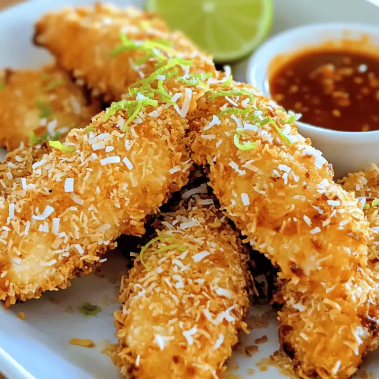 To make crispy coconut chicken, gather these items: - 1 lb (450g) chicken breast, cut into strips - 1 cup all-purpose flour - 2 large eggs, beaten - 1 cup shredded unsweetened coconut - 1 cup panko breadcrumbs - 1 teaspoon garlic powder - 1 teaspoon paprika - Salt and pepper to taste - 1 teaspoon lime zest - Oil for frying These ingredients create a tasty dish that everyone will love. You can swap some ingredients if needed: - Use chicken thighs instead of chicken breast for more flavor. - Try almond flour if you want a gluten-free option for the coating. - You can replace panko with regular breadcrumbs for a different texture. - For a unique twist, use shredded almonds in place of coconut. - Lime zest can be swapped with lemon zest for a fresh taste. These swaps keep the dish fun and exciting. Choosing fresh ingredients makes a big difference in flavor. Here are some tips: - For chicken, look for a bright pink color with no dark spots. - Check the coconut for freshness; it should smell sweet and nutty. - When buying eggs, choose ones with clean shells and a recent date. - Always pick firm, intact panko breadcrumbs; avoid any clumps. - Fresh spices should smell strong and vibrant; toss old ones for the best flavor. Using fresh ingredients will elevate your crispy coconut chicken. Start by prepping the chicken. I use one pound of chicken breast, cutting it into strips. Season each strip with salt, pepper, garlic powder, and paprika. This mix gives the chicken a nice flavor. Let the strips sit for 15 minutes. This wait lets the spices soak in. Next, set up your breading station. Grab three bowls. In the first bowl, add one cup of all-purpose flour. In the second bowl, beat two large eggs until smooth. In the third bowl, mix one cup of shredded unsweetened coconut with one cup of panko breadcrumbs. For a little zest, add one teaspoon of lime zest to the coconut-panko mix. Now, it’s time to bread the chicken. Take a chicken strip and dredge it in the flour. Shake off any extra flour. Then, dip it into the beaten eggs, making sure to coat it well. Lastly, cover the strip in the coconut-panko mixture, pressing gently to help it stick. Repeat this for all the chicken strips. For frying, heat about half an inch of oil in a large skillet over medium heat. To check if the oil is ready, drop a small piece of bread in. If it sizzles and bubbles, you are set! Carefully add the coated chicken strips in batches. Don’t overcrowd the pan, or they won’t cook well. Cook each strip for about 3-4 minutes on each side. You want them golden brown and crispy. Once done, use a slotted spoon to move the chicken to a plate lined with paper towels. This helps drain any extra oil. Enjoy your crispy coconut chicken hot, paired with sweet chili sauce or your favorite dip. For the full recipe, see the previous section. To get the crispiest coconut chicken, follow these tips: - Use fresh panko breadcrumbs. They provide a better crunch. - Mix shredded coconut with panko. This combo gives a great texture and flavor. - Make sure the oil is hot. Test it with a bread piece. It should sizzle right away. Here are some common mistakes that can ruin your crispy coconut chicken: - Overcrowding the pan. It can lower the oil's temperature. Fry in small batches to keep it hot. - Skipping the marinating step. Letting the chicken sit with spices helps lock in flavor. - Not pressing the coating firmly. Press down while coating to make sure it sticks well. For the best flavor, pair your crispy coconut chicken with these sauces: - Sweet chili sauce adds a nice kick. - A tangy lime dipping sauce complements the coconut well. - Try a mango salsa for a fruity twist. For more details, check out the Full Recipe for crispy coconut chicken! {{image_2}} You can make this crispy coconut chicken gluten-free. Use a gluten-free flour blend instead of all-purpose flour. For the breadcrumb coating, swap panko with gluten-free breadcrumbs. These changes keep the texture and flavor intact. You won't miss the gluten at all! If you love heat, try adding some spice. Mix cayenne pepper or chili powder into the flour. You can also add crushed red pepper flakes to the coconut-panko mix. This adds a nice kick to your chicken without losing the coconut flavor. Adjust the amount based on your spice preference. Both baking and frying create a tasty meal, but they differ in health benefits. Frying gives a crisp texture, while baking is lighter. To bake, preheat your oven to 400°F (200°C). Place the breaded chicken on a baking sheet lined with parchment paper. Bake for 20-25 minutes, flipping halfway through. You'll still get a nice crunch but with less oil. Try both methods and see which you prefer! To store leftovers, let the chicken cool to room temperature. Place the crispy coconut chicken in an airtight container. You can keep it in the fridge for up to three days. If you want to keep it longer, consider freezing it. To reheat the chicken, I recommend using the oven. Preheat the oven to 375°F (190°C). Place the chicken on a baking sheet. Heat for about 10-15 minutes or until it is hot and crispy again. You can also use a skillet. Heat it over medium heat and cook for about 5-7 minutes. You can freeze crispy coconut chicken for up to three months. Wrap each piece in plastic wrap and place them in a freezer bag. Make sure to remove as much air as possible. When you’re ready to eat, thaw the chicken in the fridge overnight before reheating. This method helps keep the flavor and texture. For the full recipe, check out the earlier section. I recommend using chicken breast for this recipe. Chicken breast stays tender and juicy. You can also use chicken thighs if you prefer dark meat. Cut the chicken into strips for even cooking. Yes, you can make crispy coconut chicken in an air fryer! Preheat your air fryer to 400°F (200°C). Place the breaded chicken strips in a single layer in the basket. Spray them lightly with cooking oil. Cook for about 10-12 minutes, turning halfway through. This method gives a nice crunch without much oil. To make this dish without frying, you can bake it instead. Preheat your oven to 425°F (220°C). Line a baking sheet with parchment paper. Place the breaded chicken strips on the sheet and spray them with cooking oil. Bake for 15-20 minutes until golden brown. This method is healthier and still tasty! For the full recipe, check out the detailed instructions above. This blog post covered key points for making crispy coconut chicken. We discussed the best ingredients, cooking steps, and tips for crunch. You learned about fresh ingredient choices, variations, and storage methods. Following these guidelines will help you create a tasty meal every time. Remember, practice makes perfect. Enjoy discovering your favorite variations and dipping sauces. You’re on your way to impressing family and friends with this delicious dish. Happy cooking!