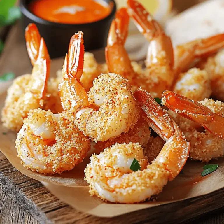 To make crispy air fryer shrimp, you need: - 1 pound shrimp, peeled and deveined - 1 cup panko breadcrumbs - 1/2 cup all-purpose flour - 2 large eggs, beaten - 1 teaspoon garlic powder - 1 teaspoon paprika - 1/2 teaspoon cayenne pepper (optional, for heat) - Salt and pepper to taste - Olive oil spray When choosing shrimp, look for these tips: - Freshness: Select shrimp that smells like the sea, not fishy. - Color: The best shrimp are a bright, translucent color. - Size: Large shrimp work best for this recipe. Look for 21-25 count per pound. - Frozen shrimp: If using frozen, ensure they are thawed and drained well. If you have allergies or dietary needs, here are some substitutes: - Panko breadcrumbs: Use crushed cornflakes or gluten-free breadcrumbs. - Flour: Swap all-purpose flour for almond flour or gluten-free flour. - Eggs: Replace eggs with a flaxseed mixture (1 tablespoon flaxseed meal + 2.5 tablespoons water). - Cayenne pepper: Omit if you prefer no heat or substitute with smoked paprika for flavor. For the full recipe, check out the earlier section. Start by gathering your ingredients. You will need shrimp, panko breadcrumbs, flour, eggs, and spices. Make sure the shrimp are peeled and deveined. This helps them cook evenly. You can use fresh or frozen shrimp. Just remember to thaw them first if they are frozen. 1. Preheat your air fryer to 400°F (200°C). This takes about 5 minutes. 2. Mix the dry ingredients. In a shallow dish, combine flour, garlic powder, paprika, cayenne, salt, and pepper. Stir until well mixed. 3. Prepare the egg wash. In another dish, place your beaten eggs. This helps the coating stick. 4. Set up the breadcrumbs. In a third shallow dish, add the panko breadcrumbs. This gives the shrimp a nice crunch. 5. Coat the shrimp. Take one shrimp and dredge it in the flour mix. Shake off any extra flour. 6. Dip in the egg. Then, dip the shrimp in the beaten eggs. Let any extra egg drip off. 7. Cover with breadcrumbs. Finally, coat the shrimp in the panko. Press gently so it sticks well. 8. Arrange in the air fryer. Place the shrimp in a single layer in the basket. Spray lightly with olive oil for crispiness. 9. Cook the shrimp. Air fry for 8-10 minutes. Flip them halfway to ensure even cooking. They should be golden and crispy. 10. Serve hot. Remove the shrimp from the air fryer. Enjoy them with your favorite dipping sauce. Cooking time may vary based on the size of your shrimp. Smaller shrimp may cook faster, so check them around 8 minutes. Larger shrimp may need a full 10 minutes. Always look for a golden brown color to know they are done. To get that perfect crunch, follow these tips: - Dry your shrimp: Pat the shrimp dry with paper towels. Moisture can ruin crispiness. - Use panko breadcrumbs: Panko gives a light and airy crunch. It works better than regular breadcrumbs. - Don’t overcrowd the basket: Place shrimp in a single layer. Air needs to circulate for even cooking. - Spray with olive oil: A light spray helps the shrimp brown nicely. Here are some common pitfalls: - Skipping the dredging: Don’t skip the flour and egg steps. They help the panko stick. - Not preheating: Always preheat your air fryer. This helps cook the shrimp evenly. - Flipping too soon: Wait until halfway through cooking to flip. This prevents tearing. - Ignoring cooking time: Keep an eye on the time. Overcooking can lead to rubbery shrimp. For tasty shrimp, consider these tips: - Season the flour mix: Add salt and pepper. This adds flavor from the start. - Experiment with spices: Try adding lemon zest, or Old Bay seasoning for a twist. - Serve with dips: Pair shrimp with sauces like cocktail sauce or spicy mayo for extra flavor. - Garnish with fresh herbs: A sprinkle of parsley or cilantro can brighten your dish. For the full recipe, check out the Crispy Air Fryer Shrimp. {{image_2}} You can easily spice up your crispy air fryer shrimp. Add more cayenne pepper to the flour mix for extra heat. You can also try chili powder or hot sauce. These spicy versions will bring a kick to your meal. Switch up the coatings to explore new flavors. Use crushed cornflakes for a crunchier bite. Try using seasoned breadcrumbs for a zesty touch. You could also use coconut flakes for a sweet twist. Each coating brings its own unique taste. Crispy air fryer shrimp pair well with many sides. Serve them with a fresh salad for a light meal. You can also enjoy them with a side of rice or pasta. For a fun twist, make shrimp tacos with your favorite toppings. Don't forget to dip them in sauces like tartar or spicy mayo. To keep your leftover crispy air fryer shrimp fresh, place them in an airtight container. Make sure to cool the shrimp to room temperature first. This will help avoid steam, which can make them soggy. Store the shrimp in the fridge for up to three days. If you want to enjoy them later, freezing is a great option. Reheating your crispy shrimp can be easy. The best way is to use the air fryer again. Preheat the air fryer to 350°F (175°C). Place the shrimp in a single layer in the basket. Heat for about 4-5 minutes until they are hot and crispy. You can also use an oven. Set it to 350°F (175°C) and bake the shrimp for 8-10 minutes. This method keeps them crunchy. If you want to freeze your shrimp, do it before reheating. Place the shrimp in a single layer on a baking sheet. Freeze them for about 1-2 hours. Once frozen, transfer them to a freezer-safe bag. They can last for up to three months in the freezer. To defrost, simply put them in the fridge overnight. You can also use the microwave on the defrost setting, but this may affect the texture. Always reheat properly after defrosting to bring back the crispiness. For the full recipe, check out the Crispy Air Fryer Shrimp instructions. To make crispy air fryer shrimp, follow these steps. First, gather the shrimp and coat them well. You will need flour, eggs, and panko breadcrumbs. Mix the flour with garlic powder, paprika, salt, and pepper. Dredge each shrimp in the flour mix, dip it in the egg, then coat it with breadcrumbs. Place the shrimp in the air fryer basket. Spray them lightly with olive oil. Cook at 400°F for 8-10 minutes. Flip halfway for even cooking. The shrimp should be golden and crispy. Enjoy them hot! Yes, you can use frozen shrimp! Just make sure to thaw them first. Run cold water over the shrimp for a few minutes. Once thawed, peel and devein if needed. Pat them dry with a paper towel. This helps the coating stick better. Follow the same breading steps as fresh shrimp. The cooking time may stay the same. Keep an eye on them to ensure they cook well. Crispy shrimp taste great with many sauces. Here are some popular choices: - Cocktail sauce: A classic with a tangy kick. - Tartar sauce: Creamy and tasty for a nice contrast. - Sweet chili sauce: For a sweet and spicy mix. - Garlic aioli: Rich and flavorful for a gourmet touch. - Ranch dressing: A fun option for dipping. Feel free to mix and match according to your taste! Crispy air fryer shrimp are easy to make with the right ingredients and steps. You learned how to choose the best shrimp and avoid common mistakes. Use my tips for maximum crispiness and flavor. Try different spice blends and coatings for a fun twist. Store leftovers properly to enjoy later. This tasty dish is quick and versatile. Enjoy your crispy shrimp and make it your own!