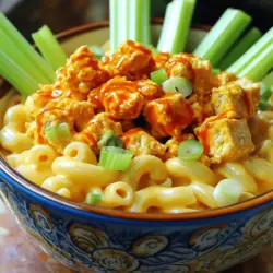 - 8 oz elbow macaroni (or any pasta of choice) - 1 block (14 oz) firm tofu, pressed and crumbled - ½ cup buffalo sauce - 1 cup unsweetened almond milk - 1 tablespoon olive oil - 1 teaspoon garlic powder - 1 teaspoon onion powder - 1 teaspoon smoked paprika - ½ cup nutritional yeast - 1 tablespoon apple cider vinegar - 1 tablespoon cornstarch mixed with 2 tablespoons water (slurry for thickening) - Salt and black pepper to taste - Chopped green onions and celery for garnish (optional) When I make Vegan Buffalo Tofu Mac and Cheese, I focus on using the right ingredients. Each one plays a big role in flavor and texture. The elbow macaroni acts as the base, giving that classic comfort feel. I always use firm tofu. It holds up well and absorbs flavors. The buffalo sauce brings heat and tang. You can adjust the spice level to your liking. Almond milk gives the dish creaminess without dairy. Nutritional yeast adds a cheesy flavor that’s hard to beat. For flavor, I love garlic powder, onion powder, and smoked paprika. They bring out the taste of the tofu nicely. Olive oil helps crisp the tofu while cooking. Apple cider vinegar adds a nice zing to the sauce. To thicken the cheese sauce, I mix cornstarch with water. This step is key to get that creamy feel. Finally, I always season with salt and black pepper to taste. If you want a pop of color, sprinkle chopped green onions and celery on top. They add a fresh crunch that makes each bite exciting. For the full recipe, check out the [Full Recipe]. Get ready to enjoy a bowl of comfort that’s both tasty and healthy! - Bring a large pot of salted water to a boil. - Add the elbow macaroni and cook until al dente. - Drain the pasta and set it aside. - Heat olive oil in a skillet over medium heat. - Add crumbled tofu, garlic powder, onion powder, and smoked paprika. - Cook for about 5-7 minutes until the tofu is golden. - Combine almond milk, nutritional yeast, apple cider vinegar, and salt in a saucepan. - Heat on medium-low until warm. - Add the cornstarch slurry to thicken the sauce. Stir continuously until thickened. - In a large bowl, mix the cooked pasta with the buffalo tofu. - Pour in the cheese sauce and stir until well coated. - Transfer the mixture to a serving dish or individual bowls. - Garnish with chopped green onions and celery for added crunch. This vegan buffalo tofu mac and cheese is a comfort dish that bursts with flavor. Check out the Full Recipe for more details! To get the best texture in your Vegan Buffalo Tofu Mac and Cheese, use firm tofu. Firm tofu holds its shape well when cooked. It adds a nice bite to your dish. Don't overcook the macaroni. Cook it until it's al dente. This way, it stays slightly chewy and helps absorb the sauce better. To make the flavor just right, adjust the buffalo sauce to fit your spice preference. Start with half a cup, then taste and add more if you want extra heat. You can also experiment with additional spices. Try adding smoked paprika for a deeper flavor or even a pinch of cumin for warmth. These small changes can really elevate your dish. Presentation matters! Serve your mac and cheese in colorful bowls. This makes the dish look more inviting. Garnish with extra buffalo sauce drizzled on top. It adds a pop of color and extra flavor. You can also add chopped green onions or celery for a fresh touch. This simple step makes your meal visually appealing and more delicious. For the full recipe, check out the details above. {{image_2}} You can swap tofu with tempeh for a new taste. Tempeh has a nutty flavor and firm texture. It holds up well in this dish and adds protein. Another option is to use chickpeas or lentils. Both can provide a hearty feel and are packed with nutrients. Just cook them well before adding them to your mac and cheese. If you need a gluten-free meal, replace macaroni with gluten-free pasta. There are many types available, so choose one you enjoy. You can also use almond flour for thickening. This will help create that creamy texture without gluten. Simply mix it in with your cheese sauce for best results. You can try making your own vegan cheese sauce for this recipe. Blend soaked cashews with nutritional yeast, garlic, and lemon juice for a creamy mix. Alternatively, you can use store-bought vegan cheese. It adds creaminess and is easy to use. Whichever you choose, your dish will be rich and satisfying. This recipe allows flexibility, so feel free to mix and match based on your taste and dietary needs. For the full recipe, check the earlier section. After you enjoy your Vegan Buffalo Tofu Mac and Cheese, cool any leftovers before putting them in the fridge. This helps prevent moisture buildup and keeps your dish fresh. Store it in an airtight container. This keeps out air and helps maintain its flavor. You can keep your mac and cheese in the fridge for 3 to 5 days. If you want to save it longer, freeze it! It can last up to 3 months in the freezer. Just make sure to use a freezer-safe container. When you're ready to eat your leftovers, reheat them in the microwave or on the stovetop. Add a splash of almond milk to keep it creamy. Be careful not to overheat it. This will help keep the texture nice and smooth. Yes, use coconut milk or other nut-free milk alternatives. Coconut milk adds a creamy texture. It pairs well with the buffalo flavor, making the dish rich without nuts. Absolutely, add more buffalo sauce or crushed red pepper. Start with a little and taste as you go. This way, you can find the perfect level of heat for your palate. Increase the amount of nutritional yeast or add vegan cream cheese. Both options boost creaminess. Nutritional yeast adds a cheesy flavor, while cream cheese makes it rich and smooth. Yes, feel free to use any pasta shape you prefer. Shells, penne, or rotini all work well. Just remember to adjust cooking times based on the pasta you choose. Try using miso paste for a cheesy flavor alternative. Miso adds depth and umami. It enhances the dish without losing that cheesy essence we love in mac and cheese. This recipe brings together simple ingredients for a tasty dish. We covered how to cook pasta, prepare tofu, and make a smooth cheese sauce. Plus, I shared storage tips and variations for your tastes. Experiment with spices or swap in different proteins. Enjoy your buffalo tofu pasta warm, or save some for later. You now have a go-to recipe that’s both fun and flavorful!