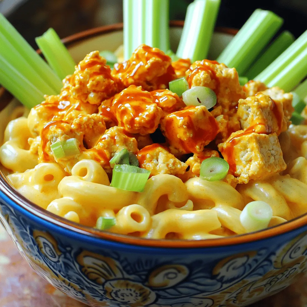 - 8 oz elbow macaroni (or any pasta of choice) - 1 block (14 oz) firm tofu, pressed and crumbled - ½ cup buffalo sauce - 1 cup unsweetened almond milk - 1 tablespoon olive oil - 1 teaspoon garlic powder - 1 teaspoon onion powder - 1 teaspoon smoked paprika - ½ cup nutritional yeast - 1 tablespoon apple cider vinegar - 1 tablespoon cornstarch mixed with 2 tablespoons water (slurry for thickening) - Salt and black pepper to taste - Chopped green onions and celery for garnish (optional) When I make Vegan Buffalo Tofu Mac and Cheese, I focus on using the right ingredients. Each one plays a big role in flavor and texture. The elbow macaroni acts as the base, giving that classic comfort feel. I always use firm tofu. It holds up well and absorbs flavors. The buffalo sauce brings heat and tang. You can adjust the spice level to your liking. Almond milk gives the dish creaminess without dairy. Nutritional yeast adds a cheesy flavor that’s hard to beat. For flavor, I love garlic powder, onion powder, and smoked paprika. They bring out the taste of the tofu nicely. Olive oil helps crisp the tofu while cooking. Apple cider vinegar adds a nice zing to the sauce. To thicken the cheese sauce, I mix cornstarch with water. This step is key to get that creamy feel. Finally, I always season with salt and black pepper to taste. If you want a pop of color, sprinkle chopped green onions and celery on top. They add a fresh crunch that makes each bite exciting. For the full recipe, check out the [Full Recipe]. Get ready to enjoy a bowl of comfort that’s both tasty and healthy! - Bring a large pot of salted water to a boil. - Add the elbow macaroni and cook until al dente. - Drain the pasta and set it aside. - Heat olive oil in a skillet over medium heat. - Add crumbled tofu, garlic powder, onion powder, and smoked paprika. - Cook for about 5-7 minutes until the tofu is golden. - Combine almond milk, nutritional yeast, apple cider vinegar, and salt in a saucepan. - Heat on medium-low until warm. - Add the cornstarch slurry to thicken the sauce. Stir continuously until thickened. - In a large bowl, mix the cooked pasta with the buffalo tofu. - Pour in the cheese sauce and stir until well coated. - Transfer the mixture to a serving dish or individual bowls. - Garnish with chopped green onions and celery for added crunch. This vegan buffalo tofu mac and cheese is a comfort dish that bursts with flavor. Check out the Full Recipe for more details! To get the best texture in your Vegan Buffalo Tofu Mac and Cheese, use firm tofu. Firm tofu holds its shape well when cooked. It adds a nice bite to your dish. Don't overcook the macaroni. Cook it until it's al dente. This way, it stays slightly chewy and helps absorb the sauce better. To make the flavor just right, adjust the buffalo sauce to fit your spice preference. Start with half a cup, then taste and add more if you want extra heat. You can also experiment with additional spices. Try adding smoked paprika for a deeper flavor or even a pinch of cumin for warmth. These small changes can really elevate your dish. Presentation matters! Serve your mac and cheese in colorful bowls. This makes the dish look more inviting. Garnish with extra buffalo sauce drizzled on top. It adds a pop of color and extra flavor. You can also add chopped green onions or celery for a fresh touch. This simple step makes your meal visually appealing and more delicious. For the full recipe, check out the details above. {{image_2}} You can swap tofu with tempeh for a new taste. Tempeh has a nutty flavor and firm texture. It holds up well in this dish and adds protein. Another option is to use chickpeas or lentils. Both can provide a hearty feel and are packed with nutrients. Just cook them well before adding them to your mac and cheese. If you need a gluten-free meal, replace macaroni with gluten-free pasta. There are many types available, so choose one you enjoy. You can also use almond flour for thickening. This will help create that creamy texture without gluten. Simply mix it in with your cheese sauce for best results. You can try making your own vegan cheese sauce for this recipe. Blend soaked cashews with nutritional yeast, garlic, and lemon juice for a creamy mix. Alternatively, you can use store-bought vegan cheese. It adds creaminess and is easy to use. Whichever you choose, your dish will be rich and satisfying. This recipe allows flexibility, so feel free to mix and match based on your taste and dietary needs. For the full recipe, check the earlier section. After you enjoy your Vegan Buffalo Tofu Mac and Cheese, cool any leftovers before putting them in the fridge. This helps prevent moisture buildup and keeps your dish fresh. Store it in an airtight container. This keeps out air and helps maintain its flavor. You can keep your mac and cheese in the fridge for 3 to 5 days. If you want to save it longer, freeze it! It can last up to 3 months in the freezer. Just make sure to use a freezer-safe container. When you're ready to eat your leftovers, reheat them in the microwave or on the stovetop. Add a splash of almond milk to keep it creamy. Be careful not to overheat it. This will help keep the texture nice and smooth. Yes, use coconut milk or other nut-free milk alternatives. Coconut milk adds a creamy texture. It pairs well with the buffalo flavor, making the dish rich without nuts. Absolutely, add more buffalo sauce or crushed red pepper. Start with a little and taste as you go. This way, you can find the perfect level of heat for your palate. Increase the amount of nutritional yeast or add vegan cream cheese. Both options boost creaminess. Nutritional yeast adds a cheesy flavor, while cream cheese makes it rich and smooth. Yes, feel free to use any pasta shape you prefer. Shells, penne, or rotini all work well. Just remember to adjust cooking times based on the pasta you choose. Try using miso paste for a cheesy flavor alternative. Miso adds depth and umami. It enhances the dish without losing that cheesy essence we love in mac and cheese. This recipe brings together simple ingredients for a tasty dish. We covered how to cook pasta, prepare tofu, and make a smooth cheese sauce. Plus, I shared storage tips and variations for your tastes. Experiment with spices or swap in different proteins. Enjoy your buffalo tofu pasta warm, or save some for later. You now have a go-to recipe that’s both fun and flavorful!