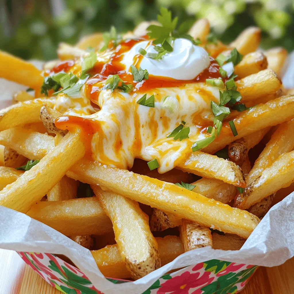 To make tasty Louisiana Voodoo Fries, you need simple and fresh ingredients. Here’s what you’ll need: - 4 large russet potatoes - 1 tablespoon cornstarch - 1 teaspoon paprika - 1 teaspoon garlic powder - 1 teaspoon onion powder - ½ teaspoon cayenne pepper - Salt to taste - 2 cups vegetable oil (for frying) - 1 cup shredded pepper jack cheese - ½ cup sour cream - 2 green onions, chopped - 2 tablespoons hot sauce (to drizzle) - 1 tablespoon chopped fresh parsley (for garnish) These ingredients create a mouthwatering blend of flavors. The russet potatoes give a great base. The spices add heat and depth. Pepper jack cheese melts beautifully over the fries. For making these fries, you need some handy tools. Here’s a short list: - Deep frying pot or large skillet - Slotted spoon - Paper towels - Baking sheet - Mixing bowl These tools help you cook the fries evenly and keep them crispy. A deep pot holds enough oil for frying. A slotted spoon helps you remove fries easily. Serving Voodoo Fries can be as fun as making them. Here are some ideas: - Colorful basket - Parchment paper - Extra sour cream and hot sauce Using a colorful basket makes the fries look great. Lining it with parchment paper adds a rustic touch. Offering extra dips lets everyone customize their fries. Enjoy the process and share the joy of Voodoo Fries! Start with 4 large russet potatoes. Wash and peel them carefully. Cut each potato into thick fries, about 1/4 inch thick. Rinse the fries in cold water. This will help remove extra starch. Pat them dry using a kitchen towel. Dry fries will be crispier when cooked. In a large bowl, combine 1 tablespoon cornstarch, 1 teaspoon paprika, 1 teaspoon garlic powder, 1 teaspoon onion powder, and ½ teaspoon cayenne pepper. Add a pinch of salt for taste. Toss the dried fries in this mix until they are evenly coated. This blend adds great flavor and crunch. Heat 2 cups of vegetable oil in a deep frying pot until it reaches 350°F (175°C). Carefully add the coated fries in batches. Do not overcrowd the pot. Fry each batch for about 4-5 minutes. Wait until the fries turn golden brown and crispy. Use a slotted spoon to remove them. Place the fries on a paper towel-lined plate to drain excess oil. While the fries are hot, sprinkle 1 cup of shredded pepper jack cheese over them. Place the fries on a baking sheet. Turn on the broiler and put the fries under it for about 2 minutes. Watch closely until the cheese melts and bubbles. Finally, serve the fries on a platter. Drizzle with ½ cup sour cream and 2 tablespoons hot sauce. Top with 2 chopped green onions and 1 tablespoon chopped fresh parsley. Enjoy your Louisiana Voodoo Fries! For the full recipe, check out the ingredients and instructions mentioned earlier. When making Louisiana Voodoo Fries, choose russet potatoes. They have a high starch content, which makes them ideal for frying. Look for large, firm potatoes with no bruises. The skin should be smooth and free from blemishes. Fresh potatoes will give your fries the best taste and texture. To get extra crispy fries, start by soaking the cut potatoes in cold water for 30 minutes. This helps remove extra starch. After soaking, dry them well with a towel. Coat the fries evenly with cornstarch and spices. Fry them in small batches. This prevents overcrowding and allows even cooking. Frying at the right temperature, around 350°F (175°C), is crucial. If the oil is too cool, fries will be soggy. To boost the flavor of your Voodoo Fries, try adding more spices. A pinch of smoked paprika adds a nice depth. You can also mix fresh herbs like thyme or oregano into the seasoning. For a kick, use more cayenne pepper or hot sauce. Drizzle some garlic oil or ranch dressing on top for added zing. These little extras make your fries truly special. For the full recipe, check the main article. {{image_2}} You can change the flavor of your Louisiana Voodoo Fries easily. Try mixing in spices like cumin, chili powder, or smoked paprika. Each blend adds a unique twist. Use less cayenne pepper for a milder taste. Or, add more for a spicier kick. Feel free to get creative with your spice blends. Just remember to keep the balance so the fries don’t get too salty. If pepper jack cheese isn’t your favorite, try other cheeses. Cheddar cheese melts well and adds a sharp flavor. Mozzarella gives a stretchy, gooey texture. For a twist, use blue cheese or feta for a tangy taste. You can mix different cheeses too. Just sprinkle them on top when the fries are hot. This way, they melt perfectly. You can bake your Voodoo Fries for a healthier option. Start by preheating your oven to 425°F (220°C). Coat your fries with a little olive oil and your spice mix. Spread the fries out on a baking sheet in a single layer. Bake for about 25-30 minutes, flipping halfway through. This method gives you crispy fries without all the oil. They still taste great, and you can enjoy them guilt-free. For the full recipe, check out the Louisiana Voodoo Fries section. To keep your Voodoo Fries fresh, place them in an airtight container. Let them cool completely before sealing. Store them in the fridge for up to three days. Avoid stacking them to prevent sogginess. Reheat your fries in the oven for the best texture. Preheat your oven to 400°F. Spread the fries on a baking sheet. Bake for about 10 minutes or until they are hot and crispy again. You can also use a toaster oven if you prefer. Freezing Voodoo Fries is a great way to save some for later. First, cool the fries completely. Then, lay them in a single layer on a baking sheet. Freeze until firm, about one hour. Transfer the frozen fries to a freezer bag. They can last up to three months in the freezer. When you're ready to eat them, bake straight from the freezer without thawing. Enjoy that crispy goodness anytime! Louisiana Voodoo Fries are a fun and tasty dish. They start with crispy fries. You coat them in spices like paprika and cayenne for a kick. Then, you add melted pepper jack cheese on top. Finally, you finish with sour cream and green onions. This mix of flavors makes them special. You can find the full recipe at the end of this article. Yes, you can make Voodoo Fries in an air fryer! It will give you crispy fries with less oil. Start by coating the fries as usual. Preheat your air fryer to about 400°F. Place the fries in a single layer. Cook for 15 to 20 minutes, shaking halfway through. Add the cheese at the end and let it melt before serving. You can keep leftover Voodoo Fries for about 2 to 3 days. Store them in an airtight container in the fridge. They may lose some crispiness but will still taste good. To reheat, use the oven or air fryer for the best results. Voodoo Fries pair well with many dips. Sour cream is a classic choice. You can also try ranch dressing or spicy mayo. For something fun, mix hot sauce with ketchup. Each sauce adds a new twist to your fries! Louisiana Voodoo Fries are a unique dish full of flavor and fun. You’ve learned important ingredients, step-by-step instructions, and tips for the best results. Don’t forget to try different spice blends and cheese options for more variety. Store any leftovers properly to enjoy later. Explore these ideas to create your perfect version of this tasty treat. With this guide, you’re ready to impress everyone with your cooking skills. Dive in and enjoy every bite!
