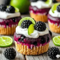 Let’s dive into the ingredients you'll need for these delightful treats. Each item plays a key role, adding flavor and texture to your cupcakes. Here is the detailed ingredient list: - 1 ½ cups graham cracker crumbs - ½ cup unsalted butter, melted - 2 tablespoons sugar - 16 oz cream cheese, softened - 1 cup granulated sugar - 2 large eggs - 1 teaspoon vanilla extract - Zest of 1 lime - ¼ cup fresh lime juice - 1 cup fresh blackberries (plus extra for garnish) - ½ cup sour cream - 2 tablespoons powdered sugar These simple ingredients come together to create a rich, creamy cheesecake with a zesty kick from lime and the sweetness of blackberries. The graham cracker crumbs form a crunchy base, while the cream cheese fills each cupcake with smooth goodness. Don't worry about the steps; I’ll guide you through the process in the Full Recipe section. Enjoy the fresh flavors and textures! First, preheat your oven to 325°F (160°C). Line a muffin tin with cupcake liners. In a medium bowl, mix 1 ½ cups of graham cracker crumbs, ½ cup of melted butter, and 2 tablespoons of sugar. Combine these until smooth. Take about 1 tablespoon of this mix and press it into the bottom of each cupcake liner. Bake for 8-10 minutes until set. Remove them from the oven and let them cool completely. In a large bowl, beat 16 oz of softened cream cheese using an electric mixer. Add 1 cup of granulated sugar and mix until smooth. Next, add in 2 large eggs one at a time. Mix well after each egg. Stir in 1 teaspoon of vanilla extract, the zest of 1 lime, and ¼ cup of fresh lime juice. Mix until everything blends nicely. Now, gently fold in 1 cup of fresh blackberries into the cheesecake batter. This step is key to keeping the berries intact. After that, carefully fill the cupcake liners with the cheesecake batter. Fill each one about ¾ full for the best results. Place the filled cupcake tin in the preheated oven. Bake for 20-25 minutes. The tops should be set and slightly puffed. Once baked, let the cupcakes cool in the pan for 10 minutes. After this, transfer them to a wire rack to cool completely at room temperature. To make the topping, mix ½ cup of sour cream with 2 tablespoons of powdered sugar in a small bowl. Ensure this mixture is smooth. Once the cupcakes are cool, spread a dollop of the sour cream mixture on top of each cupcake. Finally, garnish with a few fresh blackberries on each cupcake for a pretty touch. For the full recipe, check out the detailed instructions above! To make the best blackberry lime cheesecake cupcakes, start with softened cream cheese. Soft cream cheese mixes well and gives you a smooth batter. If it is cold, you will get lumps in your mix. Also, don’t over-bake your cupcakes. They should be tender and creamy inside. Check them at the 20-minute mark. A slight jiggle in the center means they are done. For a stunning presentation, serve the cupcakes on a bright platter. Add lime slices and fresh blackberries for color. This will make your treats pop on the table. Consider using decorative cupcake liners. They can enhance the look of your cupcakes even more. You can also add a sprig of mint on top for a touch of green. One common mistake is not chilling the cupcakes enough. They need at least two hours in the fridge. This allows the flavors to mix and the texture to set. Another mistake is overmixing the batter. Mix just until combined. This keeps the cupcakes light and airy. If you mix too much, they may turn out dense. {{image_2}} You can easily change the flavor of these cupcakes. Substitute blackberries for raspberries or strawberries for a different taste. Both fruits add a fresh burst of flavor. You can also experiment with different citrus zest. Try lemon or orange zest for a unique twist. Each swap creates a fun new dessert! If you need gluten-free options, use gluten-free graham cracker crumbs for the crust. This simple change keeps the cupcakes delicious for everyone. For those who prefer dairy-free treats, replace cream cheese with a dairy-free cream cheese option. You can also use coconut cream for a rich flavor. These swaps make the cupcakes more accessible and still tasty. These cupcakes pair well with many drinks. Serve them with iced tea or lemonade for a refreshing treat. They also go great with coffee or hot chocolate. You can drizzle some fruit sauce over the cupcakes for extra flavor. A blackberry or lime sauce adds a fun touch and makes them extra special. Enjoy sharing these delightful treats! To keep your blackberry lime cheesecake cupcakes fresh, store them in the refrigerator. Place them in an airtight container to avoid drying out. This method helps maintain their creamy texture. They will stay fresh for up to five days. For optimal flavor, consider eating them within three days. You can freeze these delightful cupcakes for later enjoyment. First, let them cool completely. Then, wrap each cupcake tightly in plastic wrap. Place them in a freezer-safe container or bag. This prevents freezer burn and keeps them fresh. They will last in the freezer for up to three months. To serve, remove them from the freezer and thaw them in the fridge overnight. You can also leave them at room temperature for about an hour before serving. Enjoy them chilled for the best flavor! For the full recipe, check out the details above. These cupcakes last about 5 days in the fridge. Keep them in an airtight container to stay fresh. If you notice any moisture, use a paper towel inside the lid to absorb it. This helps maintain their creamy texture. Yes, you can make these cupcakes one day ahead. Just bake and cool them, then store in the fridge. Wait to add the sour cream topping until the day you serve them. This keeps the topping fresh and prevents it from getting soggy. If you need an alternative, try mascarpone cheese or Greek yogurt. Both give a similar creamy texture. You can also use a dairy-free cream cheese if you want a vegan option. Just make sure the flavor blends well with lime and blackberry. Absolutely! Feel free to add more blackberries to the batter. Just be careful not to overload them. Too many can make the cupcakes soggy. I recommend adding an extra half cup for great flavor without sacrificing texture. You now have everything needed to create delicious Blackberry Lime Cheesecake Cupcakes. From the precise ingredient list to step-by-step instructions, every detail matters. Remember to soften your cream cheese and avoid over-baking for the best texture. Feel free to experiment with flavors or adjust for dietary needs. Storing these treats properly helps keep them fresh. Enjoy the process and taste of your delightful creations. With a little practice, you'll master these cupcakes in no time!