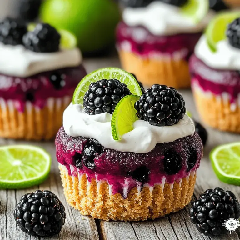 Let’s dive into the ingredients you'll need for these delightful treats. Each item plays a key role, adding flavor and texture to your cupcakes. Here is the detailed ingredient list: - 1 ½ cups graham cracker crumbs - ½ cup unsalted butter, melted - 2 tablespoons sugar - 16 oz cream cheese, softened - 1 cup granulated sugar - 2 large eggs - 1 teaspoon vanilla extract - Zest of 1 lime - ¼ cup fresh lime juice - 1 cup fresh blackberries (plus extra for garnish) - ½ cup sour cream - 2 tablespoons powdered sugar These simple ingredients come together to create a rich, creamy cheesecake with a zesty kick from lime and the sweetness of blackberries. The graham cracker crumbs form a crunchy base, while the cream cheese fills each cupcake with smooth goodness. Don't worry about the steps; I’ll guide you through the process in the Full Recipe section. Enjoy the fresh flavors and textures! First, preheat your oven to 325°F (160°C). Line a muffin tin with cupcake liners. In a medium bowl, mix 1 ½ cups of graham cracker crumbs, ½ cup of melted butter, and 2 tablespoons of sugar. Combine these until smooth. Take about 1 tablespoon of this mix and press it into the bottom of each cupcake liner. Bake for 8-10 minutes until set. Remove them from the oven and let them cool completely. In a large bowl, beat 16 oz of softened cream cheese using an electric mixer. Add 1 cup of granulated sugar and mix until smooth. Next, add in 2 large eggs one at a time. Mix well after each egg. Stir in 1 teaspoon of vanilla extract, the zest of 1 lime, and ¼ cup of fresh lime juice. Mix until everything blends nicely. Now, gently fold in 1 cup of fresh blackberries into the cheesecake batter. This step is key to keeping the berries intact. After that, carefully fill the cupcake liners with the cheesecake batter. Fill each one about ¾ full for the best results. Place the filled cupcake tin in the preheated oven. Bake for 20-25 minutes. The tops should be set and slightly puffed. Once baked, let the cupcakes cool in the pan for 10 minutes. After this, transfer them to a wire rack to cool completely at room temperature. To make the topping, mix ½ cup of sour cream with 2 tablespoons of powdered sugar in a small bowl. Ensure this mixture is smooth. Once the cupcakes are cool, spread a dollop of the sour cream mixture on top of each cupcake. Finally, garnish with a few fresh blackberries on each cupcake for a pretty touch. For the full recipe, check out the detailed instructions above! To make the best blackberry lime cheesecake cupcakes, start with softened cream cheese. Soft cream cheese mixes well and gives you a smooth batter. If it is cold, you will get lumps in your mix. Also, don’t over-bake your cupcakes. They should be tender and creamy inside. Check them at the 20-minute mark. A slight jiggle in the center means they are done. For a stunning presentation, serve the cupcakes on a bright platter. Add lime slices and fresh blackberries for color. This will make your treats pop on the table. Consider using decorative cupcake liners. They can enhance the look of your cupcakes even more. You can also add a sprig of mint on top for a touch of green. One common mistake is not chilling the cupcakes enough. They need at least two hours in the fridge. This allows the flavors to mix and the texture to set. Another mistake is overmixing the batter. Mix just until combined. This keeps the cupcakes light and airy. If you mix too much, they may turn out dense. {{image_2}} You can easily change the flavor of these cupcakes. Substitute blackberries for raspberries or strawberries for a different taste. Both fruits add a fresh burst of flavor. You can also experiment with different citrus zest. Try lemon or orange zest for a unique twist. Each swap creates a fun new dessert! If you need gluten-free options, use gluten-free graham cracker crumbs for the crust. This simple change keeps the cupcakes delicious for everyone. For those who prefer dairy-free treats, replace cream cheese with a dairy-free cream cheese option. You can also use coconut cream for a rich flavor. These swaps make the cupcakes more accessible and still tasty. These cupcakes pair well with many drinks. Serve them with iced tea or lemonade for a refreshing treat. They also go great with coffee or hot chocolate. You can drizzle some fruit sauce over the cupcakes for extra flavor. A blackberry or lime sauce adds a fun touch and makes them extra special. Enjoy sharing these delightful treats! To keep your blackberry lime cheesecake cupcakes fresh, store them in the refrigerator. Place them in an airtight container to avoid drying out. This method helps maintain their creamy texture. They will stay fresh for up to five days. For optimal flavor, consider eating them within three days. You can freeze these delightful cupcakes for later enjoyment. First, let them cool completely. Then, wrap each cupcake tightly in plastic wrap. Place them in a freezer-safe container or bag. This prevents freezer burn and keeps them fresh. They will last in the freezer for up to three months. To serve, remove them from the freezer and thaw them in the fridge overnight. You can also leave them at room temperature for about an hour before serving. Enjoy them chilled for the best flavor! For the full recipe, check out the details above. These cupcakes last about 5 days in the fridge. Keep them in an airtight container to stay fresh. If you notice any moisture, use a paper towel inside the lid to absorb it. This helps maintain their creamy texture. Yes, you can make these cupcakes one day ahead. Just bake and cool them, then store in the fridge. Wait to add the sour cream topping until the day you serve them. This keeps the topping fresh and prevents it from getting soggy. If you need an alternative, try mascarpone cheese or Greek yogurt. Both give a similar creamy texture. You can also use a dairy-free cream cheese if you want a vegan option. Just make sure the flavor blends well with lime and blackberry. Absolutely! Feel free to add more blackberries to the batter. Just be careful not to overload them. Too many can make the cupcakes soggy. I recommend adding an extra half cup for great flavor without sacrificing texture. You now have everything needed to create delicious Blackberry Lime Cheesecake Cupcakes. From the precise ingredient list to step-by-step instructions, every detail matters. Remember to soften your cream cheese and avoid over-baking for the best texture. Feel free to experiment with flavors or adjust for dietary needs. Storing these treats properly helps keep them fresh. Enjoy the process and taste of your delightful creations. With a little practice, you'll master these cupcakes in no time!