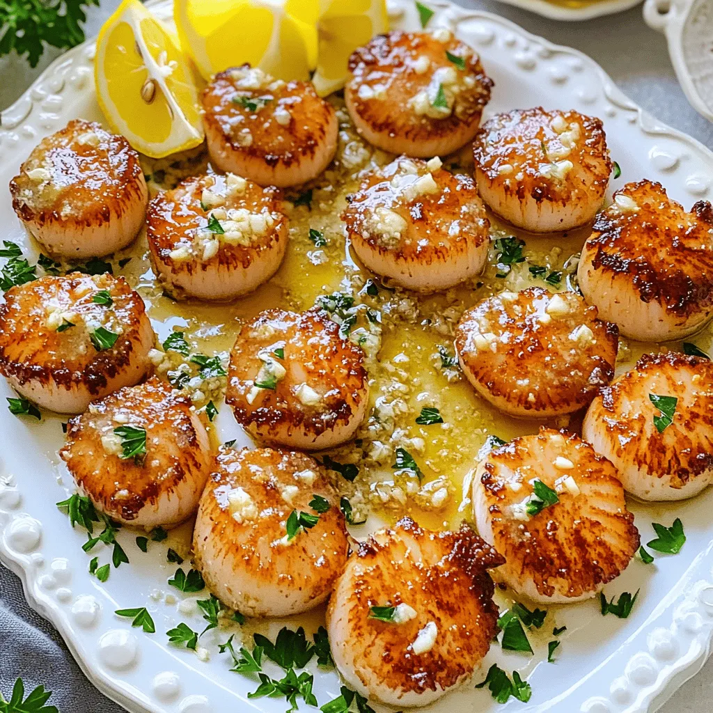 - 12 large sea scallops, cleaned and patted dry - 2 tablespoons olive oil - 2 tablespoons unsalted butter - 1 teaspoon garlic, minced - 1 teaspoon fresh lemon zest - 2 tablespoons fresh parsley, chopped - Salt and freshly cracked black pepper to taste - Lemon wedges for serving - Optional garnishes (microgreens, extra parsley) When making crispy pan-seared scallops, each ingredient plays a key role. The scallops are the star, and using large ones ensures a juicy bite. Cleaning and drying them well is vital; moisture will ruin their crisp. Olive oil provides a great base for searing, while butter adds rich flavor. The garlic and lemon zest brighten the dish. Fresh parsley adds color and freshness. Salt and pepper enhance the natural taste of the scallops. For serving, lemon wedges offer a zesty kick. Microgreens or extra parsley can add a nice touch. This dish is simple but elegant, making it perfect for any meal. You can find the full recipe to guide you through each step. First, ensure your scallops are completely dry. This step is key for crispiness. Use paper towels to pat them dry. Next, season both sides with salt and cracked black pepper. This adds flavor and helps the crust form. Now, heat olive oil in a skillet over medium-high heat. Wait until the oil shimmers. Carefully place the scallops in the skillet. Remember not to overcrowd them. Sear the scallops without moving for about 2-3 minutes. You want a golden-brown crust on the bottom. After 2-3 minutes, flip the scallops over gently. Add unsalted butter, minced garlic, and lemon zest to the skillet. As the butter melts, spoon it over the scallops for about 1-2 minutes. They should be opaque and firm yet have some spring. When done, remove the scallops from the skillet. Place them on a warm plate. Drizzle the melted butter and garlic sauce over them. Serve immediately with lemon wedges for a bright touch. If you want the full recipe, check the earlier section. To get crispy pan-seared scallops, start by drying them well. Moisture makes them steam instead of sear. Pat each scallop with paper towels until they are fully dry. This step is key for that beautiful golden crust. Avoid overcrowding the skillet. If you put too many scallops in at once, they won’t cook evenly. Instead, cook them in batches. This way, each scallop gets plenty of heat and space to form a nice crust. When choosing scallops, look for a few key signs. Fresh scallops have a sweet smell similar to the ocean. They should also look moist and glistening, not dry or sticky. Their color should be creamy white to light pink, but avoid any that appear dull. For the best quality, shop at local seafood markets. They often have fresh options and knowledgeable staff who can help you select the best scallops. You can easily boost the flavor of your scallops with simple seasonings. Try adding fresh herbs like thyme or dill for a twist. A sprinkle of red pepper flakes gives a nice kick if you like heat. Using flavored butter or oils can also elevate your dish. Consider garlic-infused olive oil or lemon butter for an extra burst of flavor. These little changes can make your scallops shine even more. Check the full recipe for more ideas. {{image_2}} You can spice up your scallops in many ways. For a spicy kick, add red pepper flakes to the dish right before serving. This adds heat without overpowering the scallops’ natural taste. For a fresh twist, try using herbs like thyme or dill. These herbs bring a bright flavor that complements the sweetness of the scallops. Scallops are very versatile. You can serve them with creamy risotto for a rich meal. Alternatively, toss them with pasta for a light and satisfying dish. If you want to impress, create a seafood platter. Include shrimp, crab, or lobster for a show-stopping meal that everyone will love. If you need gluten-free options, you can easily adapt this recipe. Make sure your seasonings and sides are gluten-free. For those who prefer vegan meals, use mushrooms instead of scallops. King oyster mushrooms work well, and they have a nice texture. They absorb flavors beautifully and can give a similar experience. For the full recipe, refer to the initial section. To store leftover scallops, place them in an airtight container. Make sure they cool down first. You can keep them in the fridge for up to two days. After that, the taste and texture may change. Always check for any off smells before using them again. If you want to freeze scallops, first wrap them tightly in plastic wrap. Then place them in a freezer bag, removing as much air as possible. This keeps them fresh for up to three months. To thaw frozen scallops, move them to the fridge overnight. You can also run them under cool water for faster thawing. When reheating scallops, do it gently to avoid drying them out. You can use a skillet over low heat. Add a bit of butter or oil to keep them moist. Another option is to microwave them for short bursts. Check frequently to ensure they heat evenly. Cooking scallops takes about 5-7 minutes. You cook them for 2-3 minutes on one side, then flip. When they turn golden brown, they are ready to flip. Cook for another 1-2 minutes. Scallops should be opaque and firm but still springy. Overcooking makes them chewy, so watch the time closely. Yes, you can use frozen scallops. First, thaw them in the fridge overnight. If you're short on time, place them in a sealed bag and run cold water over them. Fresh scallops are best for flavor and texture. Frozen ones can work but might be slightly less sweet. Pat them dry well before cooking. This helps achieve that crispy sear. Scallops pair well with many sauces. A simple lemon butter sauce is a classic. You can also try a garlic cream sauce or a light herb vinaigrette. For a spicy kick, a chili lime sauce works nicely. Each sauce brings out the sweet flavor of the scallops. You can find more ideas in the full recipe. In this article, we explored how to cook delicious sea scallops. You learned about key ingredients, including fresh scallops and simple seasonings. I shared step-by-step instructions and tips for achieving perfect crispiness. We looked at flavor variations and dietary adjustments to suit different tastes. Lastly, I provided storage and reheating tips to keep your scallops tasty. Cook with confidence and enjoy this treat. Your next meal can be a hit, making scallops a favorite dish.