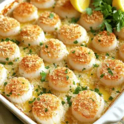 To make garlic butter baked scallops, gather these fresh and simple ingredients: - 1 pound fresh scallops, cleaned - 4 tablespoons unsalted butter, melted - 4 cloves garlic, minced - 1 tablespoon lemon juice - 1 tablespoon fresh parsley, chopped - 1 teaspoon paprika - Salt and pepper to taste - 1/2 cup breadcrumbs (preferably panko for extra crunch) - Lemon wedges, for serving - Scallops: Fresh is best, but frozen can work if thawed properly. - Butter: Unsalted butter gives you control over salt levels. - Garlic: Fresh garlic enhances flavor. Garlic powder is a quick substitute, but fresh is better. - Lemon Juice: Fresh lemon juice brightens the dish. Bottled juice is fine in a pinch. - Parsley: Fresh parsley adds color and flavor. Dried parsley can substitute, but use less. - Paprika: Sweet paprika adds a mild flavor. Smoked paprika gives a nice twist. - Breadcrumbs: Panko breadcrumbs make the topping crispier. Regular breadcrumbs can replace them. - Lemon Wedges: Fresh wedges help balance the richness of butter and scallops. Each ingredient brings its own nutrition: - Scallops: Low in fat and high in protein. They provide omega-3 fatty acids. - Butter: Adds richness and flavor but is high in calories and fat. - Garlic: Contains antioxidants and supports heart health. - Lemon Juice: Provides vitamin C and brightens flavors. - Parsley: Offers vitamins A, C, and K, plus iron. - Paprika: Contains antioxidants and can enhance metabolism. - Breadcrumbs: Add crunch but also increase carbs and calories. - Lemon Wedges: Fresh and zesty, they add minimal calories. Understanding these ingredients helps you appreciate the dish even more. You can find the full recipe linked here for more detailed steps. Let's get ready to make garlic butter baked scallops! First, gather all your ingredients. You will need fresh scallops, butter, garlic, lemon juice, parsley, paprika, salt, pepper, and breadcrumbs. This dish is quick and easy, perfect for a weeknight dinner or special occasion. 1. Preheat your oven to 400°F (200°C). Grease a baking dish lightly to prevent sticking. 2. In a small bowl, mix the melted butter, minced garlic, lemon juice, chopped parsley, paprika, salt, and pepper. This creates a delicious garlic butter sauce. 3. Place the cleaned scallops in the greased baking dish. Make sure they sit in a single layer for even cooking. 4. Pour half of the garlic butter sauce over the scallops. Coat each scallop well for maximum flavor. 5. Sprinkle the breadcrumbs evenly over the scallops. Then, drizzle the rest of the garlic butter sauce on top to moisten the breadcrumbs. 6. Bake in the preheated oven for 12 to 15 minutes. The scallops should be cooked through and the topping golden brown. 7. Once done, remove the dish from the oven. Let it rest for a couple of minutes to cool slightly. 8. Serve hot, garnished with extra chopped parsley and lemon wedges. You can squeeze the lemon over the scallops for added zest. To make your dish look stunning, consider using a white plate. This contrast will highlight the golden brown topping. Add a sprinkle of fresh parsley for a pop of color. Arrange the lemon wedges neatly around the scallops. This will catch the eye and make your meal look gourmet. For more details, check the full recipe. To cook scallops well, start with fresh ones. Look for scallops that smell like the sea. They should feel firm and not slimy. Before cooking, dry them with a paper towel. This step helps them brown nicely. Use a hot oven, around 400°F (200°C). This high heat gives the scallops a nice crust. Pour half of your garlic butter sauce over them before baking. This adds flavor right away. One common mistake is overcooking the scallops. They cook fast, so watch the time. Bake for just 12-15 minutes. If they get too dry, they will lose flavor. Another mistake is not using enough sauce. The garlic butter keeps them moist and tasty. Don't forget to coat them well with breadcrumbs. This gives a good crunch on top. Serve your scallops hot. They go well with lemon wedges to squeeze on top. Pair them with a light salad or some crusty bread. You can also serve them over pasta or risotto. This adds some heartiness to your meal. For a fun touch, sprinkle extra parsley on top. This makes your dish look bright and fresh. For the full recipe, check out the details above! {{image_2}} You can change the flavor of garlic butter baked scallops by adding herbs or spices. Fresh thyme gives a bright touch. Dill adds a nice, fresh taste. You might try crushed red pepper for heat. Just mix these into your garlic butter sauce before pouring it over the scallops. This small step can make a big difference. While baking is easy, you can also grill or broil scallops. Grilling gives them a smoky flavor. Preheat your grill to medium-high heat. Place the scallops on skewers for easy cooking. Broiling is quick and keeps them juicy. Set your oven to broil. Cook for about 6-8 minutes, watching closely. Both methods work well with the same garlic butter sauce. Garlic butter baked scallops shine when served with pasta or risotto. Toss the scallops with a light pasta dish for a tasty meal. Consider a lemon garlic pasta for bright flavors. If you prefer risotto, serve the scallops on top of creamy risotto. This adds a rich base that pairs with the scallops perfectly. You can find the full recipe to explore these ideas further. After enjoying your garlic butter baked scallops, let any leftovers cool. Place them in an airtight container. This helps keep them fresh. Store the container in the fridge for up to two days. If you need to store them longer, freezing is a great option. To reheat your scallops, preheat your oven to 350°F (175°C). Place the scallops in a baking dish. Cover with foil to keep them moist. Heat for about 10-15 minutes or until warm. Avoid the microwave if possible. It can make scallops rubbery. If you want to freeze your garlic butter baked scallops, follow these steps. First, let them cool completely. Then, wrap them tightly in plastic wrap. Place them in a freezer-safe bag or container. Label the bag with the date. These scallops can be frozen for up to three months. When ready to eat, thaw in the fridge overnight before reheating. For the best taste, use the full recipe before freezing. You should bake scallops for about 12-15 minutes. Bake them at 400°F (200°C). They are done when they turn opaque and firm. The topping should be golden brown and crispy. Yes, you can use frozen scallops. Just make sure to thaw them first. Place them in the fridge overnight or run them under cold water. Pat them dry before cooking. This helps them cook evenly and keeps them juicy. Garlic butter baked scallops pair well with many sides. You can serve them with pasta or rice for a hearty meal. Fresh veggies or a green salad also work great. For a special touch, add some crusty bread to soak up that tasty garlic butter sauce. For more ideas, check the Full Recipe for serving suggestions! You learned how to make garlic butter baked scallops with the right ingredients, steps, and tips. I shared how to avoid common mistakes and enhance flavor. We also explored creative ways to serve and store leftovers. Cooking scallops can be simple and fun. With practice, you’ll impress your guests. Enjoy your culinary journey and feel free to experiment with new flavors!